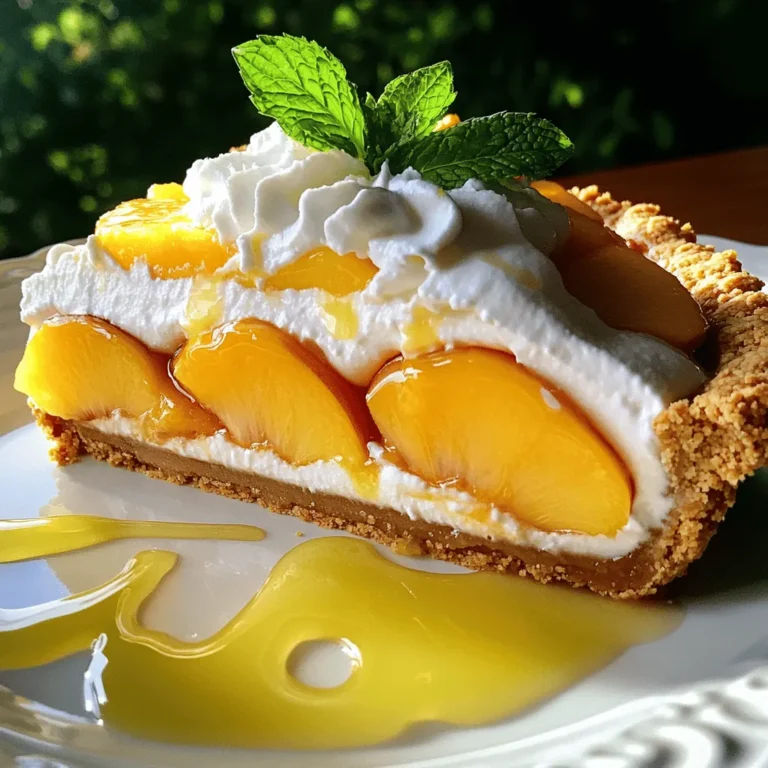For a Peach Cream Pie, gather these simple ingredients. They are easy to find and create a delicious dessert. - Fresh peaches - Heavy cream - Cream cheese - Powdered sugar - Vanilla extract - Graham cracker pie crust - Lemon juice - Cornstarch - Garnish options Fresh peaches bring a sweet and juicy flavor. Heavy cream and cream cheese create a rich, creamy filling. Powdered sugar adds the right sweetness, while vanilla extract gives a warm aroma. The graham cracker pie crust adds a crunchy base that contrasts perfectly with the soft filling. Lemon juice brightens the peach taste and balances the sweetness. Cornstarch helps thicken the peach mixture, keeping it from getting too runny. For garnish, consider fresh mint leaves or extra peach slices to make it look pretty. Using these ingredients, you can follow the Full Recipe to create a delightful dessert that everyone will love. First, take your fresh peaches. You need about 2 cups of them. Peel and slice the peaches. In a medium bowl, toss the sliced peaches with 1 tablespoon of lemon juice and 1 tablespoon of cornstarch. This step is key. The lemon juice keeps the peaches bright. The cornstarch helps thicken the pie filling. Set the bowl aside for a bit. Let the mixture thicken as you move on to the next steps. Next, grab a large mixing bowl. Pour in 1 cup of heavy cream. Start whipping it until you see soft peaks form. This means the cream should hold its shape but not be too stiff. Slowly add in 1/2 cup of powdered sugar and 1 teaspoon of vanilla extract. Keep whipping until you reach medium peaks. You should see the cream get fluffy and light. This adds a nice texture to your pie. Now, take another bowl and add 1 cup of softened cream cheese. Beat it until smooth and creamy. This is important for a nice texture in the pie. Once smooth, gently fold in the whipped cream. Use a spatula and be careful not to deflate the whipped cream. You want it to stay light and airy. This mixture is the creamy layer of your pie. Let’s put the pie together. Take the pre-made graham cracker pie crust. Start by layering the peach mixture at the bottom. Spread it evenly. Then, pour the cream cheese mixture over the peaches. Smooth the top with your spatula. Make sure it looks nice and even. This is where the pie gets its delightful creaminess. Finally, it’s time to let the pie chill. Place the pie in the refrigerator for at least 4 hours. This helps it set properly. A good tip is to cover it lightly with plastic wrap. This keeps it fresh and prevents any odors from the fridge. Make sure it chills well before you slice it. The waiting will be worth it when you take that first bite of Peach Cream Pie Delight. To serve your Peach Cream Pie well, slice it on chilled plates. This keeps the pie fresh and cool. For a fun touch, drizzle some peach juice from the filling on each slice. You can also add a small dollop of whipped cream to each slice for extra creaminess. A sprinkle of fresh mint leaves will give it a pop of color and a hint of flavor. Getting the cream just right is key. Whip the heavy cream until you see soft peaks. This gives your pie a light and airy feel. When you fold in the whipped cream with the cream cheese, do it gently. This keeps the texture fluffy. For the crust, avoid sogginess by layering the peach mixture first. Let the pie chill for a bit to firm it up and keep the crust crisp. If your pie doesn’t set, don’t worry! You can fix it. Just put it back in the fridge for a few more hours. If the filling seems too sweet, add a squeeze of lemon juice. This will balance the flavors and brighten the dish. Always taste your filling before assembling the pie. Adjust as needed to achieve the perfect blend of flavors. Feel free to explore the Full Recipe for more detailed steps and a smoother baking experience. {{image_2}} You can switch out peaches for other fruits. Try fresh berries, like strawberries or blueberries. They add a sweet and tart flavor that works well. You can also use tropical fruits like mango or pineapple. Their sweetness pairs nicely with creamy fillings. Mixing fruits can create a unique flavor profile. For example, peaches and raspberries together make a great combo. If you need a gluten-free option, use a gluten-free graham cracker crust. They taste just as good as the regular ones. For those who avoid dairy, there are non-dairy cream cheese brands. You can also whip coconut cream for a dairy-free treat. Each option keeps the pie creamy and delicious. To elevate the flavor, add spices like cinnamon or nutmeg. Just a pinch can make a big difference. You can also try almond extract for a nutty twist. This adds depth and warmth to each slice. Experimenting with these flavors can surprise your taste buds. Keep it fun and creative! To keep your Peach Cream Pie fresh, store it in the fridge. Cover it tightly with plastic wrap or aluminum foil. This helps to keep moisture in and prevents the pie from absorbing other smells. A glass or plastic container with a lid also works well. Make sure the pie is fully chilled before covering it. This helps the filling set and makes it easier to slice. If you want to enjoy the pie later, you can freeze it. First, cut it into slices. Wrap each slice in plastic wrap, then place them in a freezer-friendly bag. Be sure to remove as much air as possible. This prevents ice crystals from forming. When you’re ready to eat, take a slice out and let it thaw in the fridge overnight. For the best taste, enjoy it within two months. To ripen peaches, choose peaches that are firm but have a slight give. Place them in a paper bag at room temperature. This traps the ethylene gas they release, speeding up ripening. Check them daily. Once ripe, store them in the fridge to slow down the process. Look for a sweet scent and a soft feel to know they are ready to eat. Yes, you can use frozen peaches. They are handy when fresh ones are out of season. Frozen peaches save time and can be just as tasty. However, they may release more juice, which can make your pie watery. To avoid this, drain excess juice and add a bit more cornstarch to thicken. Peach cream pie lasts about 3 to 4 days in the fridge. Store it covered with plastic wrap or in an airtight container. Check for signs of spoilage like an off smell or a change in texture. If the pie looks or smells off, it’s best to toss it to be safe. Absolutely! You can make the pie a day or two in advance. Just keep it in the fridge until you’re ready to serve. This allows the flavors to meld together nicely. If you plan to freeze it, do so before adding the cream layer. Thaw it in the fridge before serving for the best taste. For the full recipe, check the earlier sections. This blog post covered how to make a delicious peach cream pie. We discussed the key ingredients, preparation steps, and tips for the best results. You learned about alternative fruits and ways to store the pie properly. Remember, using fresh ingredients matters for flavor. Making this pie ahead saves time and adds joy to any meal. Enjoy each slice and share it with family and friends. With practice, you will master this treat. Happy baking!
