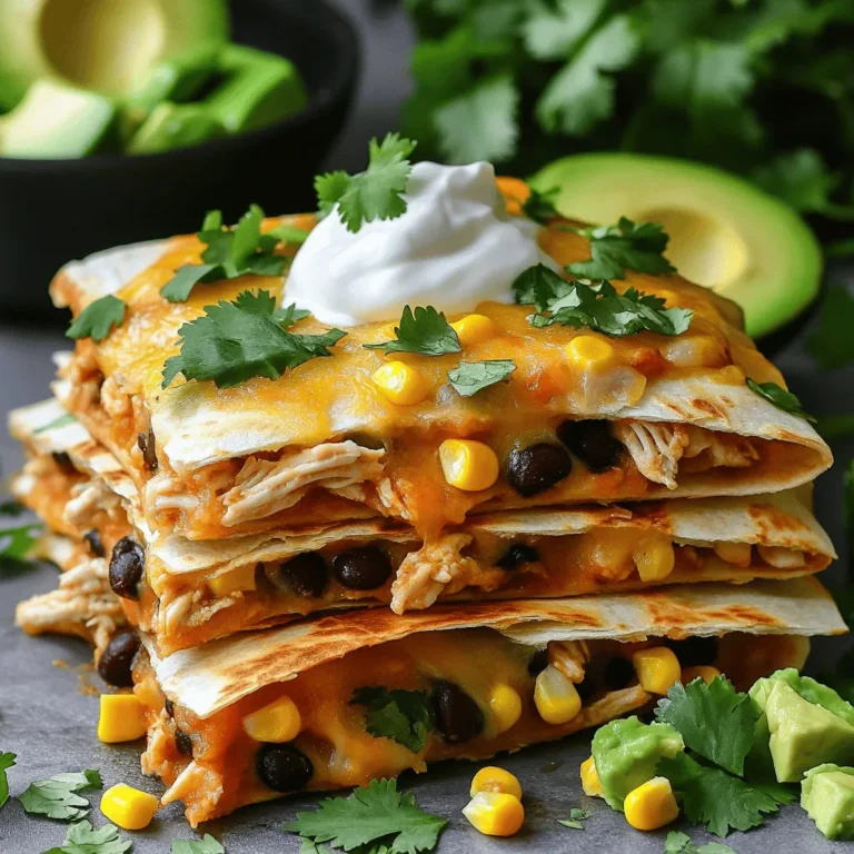 To make a delicious Chicken and Cheese Quesadilla Casserole, you need the right ingredients. Here’s the list: - 2 cups cooked chicken, shredded - 1 cup black beans, rinsed and drained - 1 cup corn kernels (fresh or frozen) - 2 cups shredded Mexican cheese blend - 1 cup salsa - 8 large flour tortillas - 1 teaspoon ground cumin - 1 teaspoon chili powder - 1/2 teaspoon garlic powder - 1/2 teaspoon onion powder - Salt and pepper, to taste - 1/4 cup fresh cilantro, chopped (for garnish) - Sour cream (for serving) - Avocado, diced (for serving) These ingredients create a burst of flavors. The chicken gives protein, while beans add fiber. Corn adds sweetness, and cheese brings that melty goodness we all love. Salsa adds a zesty kick. When you layer these in tortillas, it forms a cozy and tasty dish. You can find the complete recipe in the Full Recipe section. Enjoy cooking this fun and easy meal! First, gather your ingredients to make the process smooth. You need cooked chicken, black beans, corn, cheese, salsa, tortillas, and spices. In a large bowl, mix the shredded chicken, black beans, corn, 1 1/2 cups of cheese, salsa, cumin, chili powder, garlic powder, onion powder, salt, and pepper. Make sure everything blends well. This step adds great flavor to your casserole. Next, prepare your baking dish. Grease a 9x13 inch dish with cooking spray or olive oil. This helps prevent sticking and makes cleanup easy. Now, it’s time to layer the tortillas and the mixture. Place one tortilla in the dish. Spoon some of the chicken and cheese mix over it. Then, add another tortilla. Repeat this layering until you run out of ingredients. Always finish with a tortilla on top. Now, sprinkle the remaining cheese on the top tortilla. This will create a nice, cheesy crust. Preheat your oven to 350°F (175°C). Cover the dish with aluminum foil and place it in the oven. Bake for 20 minutes. After 20 minutes, remove the foil. Bake for another 10 to 15 minutes. Watch for a golden, bubbly top. That’s when you know it’s ready. Let your casserole sit for about 5 minutes after baking. This helps it set. Then, cut it into squares. For a beautiful presentation, garnish with fresh cilantro. Serve with diced avocado and a dollop of sour cream on the side. These add flavor and color to your dish. For the full recipe, refer back to the earlier section. Enjoy your Chicken and Cheese Quesadilla Casserole Delight! To make your quesadilla casserole shine, use fresh ingredients. Fresh chicken adds great flavor. Shred it finely for even mixing. Ensure your tortillas are soft. If they are too stiff, they won’t layer well. Warm them for a few seconds in the microwave. This helps them bend without tearing. Spread the filling evenly between each layer. It allows every bite to taste amazing. Garnishes can elevate your dish. Fresh cilantro adds a burst of color and flavor. Diced avocado gives a creamy texture. A dollop of sour cream adds richness. You can also add sliced jalapeños for some heat. Try serving it on colorful plates for a fun look. This makes your casserole more appealing and enjoyable. Cook your casserole at the right temperature. Preheat your oven to 350°F (175°C). Cover it with foil to keep moisture in. This ensures even cooking. Remove the foil to get a crispy top. Let it rest for five minutes after baking. This helps the layers set. Cut into squares for neat servings. For the full recipe, check the details above. Enjoy your cooking journey! {{image_2}} You can easily change the protein in this dish. Use shredded beef or pork instead of chicken. You can even try ground turkey or sausage for a different taste. If you want a plant-based option, use lentils or tofu. Each protein adds its unique flavor. Just make sure to cook it well before mixing it into the casserole. For a vegetarian twist, skip the chicken and add more beans. You can use pinto beans, chickpeas, or even tofu. Add veggies like bell peppers, zucchini, or spinach for extra nutrition. This keeps the dish filling and tasty. You won’t miss the meat when you enjoy this version. If you love heat, add jalapeños or chili flakes to the mix. You can also use spicy salsa or hot sauce. For a smoky flavor, try smoked paprika or chipotle powder. Adjust the spices to your liking, and feel free to mix and match. Each change gives you a new twist on this classic dish. For more details on making this dish, check out the Full Recipe. To store leftovers, let the casserole cool first. Place it in an airtight container. You can keep it in the fridge for up to four days. Make sure to cover it well to keep it fresh. If you want to enjoy it later, consider freezing it. Reheat leftover casserole in the oven for the best taste. Preheat your oven to 350°F (175°C). Place the casserole in a baking dish and cover it with foil. Heat for about 20 minutes or until warm. You can also microwave it, but the oven keeps it crispy. To freeze the quesadilla casserole, cut it into squares. Wrap each square in plastic wrap. Place them in a freezer-safe bag or container. Make sure to label it with the date. You can freeze it for up to three months. When ready to eat, thaw it in the fridge overnight before reheating. For the full recipe, check the main article. Yes, you can use any cheese you like. Cheddar, Monterey Jack, or even mozzarella work well. Each cheese brings its own taste and meltiness. If you want a bit of spice, try pepper jack cheese. Mix and match your favorite types to create a unique flavor. Just remember to keep the total amount around two cups. To make this dish gluten-free, swap the flour tortillas for corn tortillas. Corn tortillas are tasty and hold up well in the casserole. Check the labels on your ingredients to ensure they are gluten-free. Most salsa and canned beans are safe, but it’s good to verify. Absolutely! You can prepare the casserole a day ahead. Just follow the recipe until the baking step. Cover the dish well and store it in the fridge. When you're ready to bake, add a few extra minutes to the cooking time. This makes it easy to serve on busy nights. For the complete recipe, check the Full Recipe section. You've learned how to make a delicious casserole with simple ingredients. We covered key steps like prepping, baking, and adding final touches. Tips for perfecting your dish and variations let you customize to your taste. Proper storage advice ensures you enjoy every bite later. With these insights, you can create a meal everyone will love. Have fun cooking!