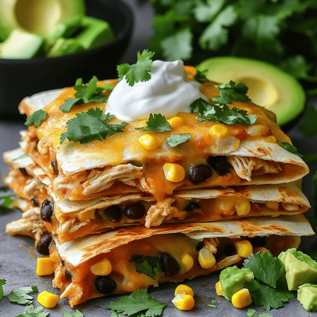 To make a delicious Chicken and Cheese Quesadilla Casserole, you need the right ingredients. Here’s the list: - 2 cups cooked chicken, shredded - 1 cup black beans, rinsed and drained - 1 cup corn kernels (fresh or frozen) - 2 cups shredded Mexican cheese blend - 1 cup salsa - 8 large flour tortillas - 1 teaspoon ground cumin - 1 teaspoon chili powder - 1/2 teaspoon garlic powder - 1/2 teaspoon onion powder - Salt and pepper, to taste - 1/4 cup fresh cilantro, chopped (for garnish) - Sour cream (for serving) - Avocado, diced (for serving) These ingredients create a burst of flavors. The chicken gives protein, while beans add fiber. Corn adds sweetness, and cheese brings that melty goodness we all love. Salsa adds a zesty kick. When you layer these in tortillas, it forms a cozy and tasty dish. You can find the complete recipe in the Full Recipe section. Enjoy cooking this fun and easy meal! First, gather your ingredients to make the process smooth. You need cooked chicken, black beans, corn, cheese, salsa, tortillas, and spices. In a large bowl, mix the shredded chicken, black beans, corn, 1 1/2 cups of cheese, salsa, cumin, chili powder, garlic powder, onion powder, salt, and pepper. Make sure everything blends well. This step adds great flavor to your casserole. Next, prepare your baking dish. Grease a 9x13 inch dish with cooking spray or olive oil. This helps prevent sticking and makes cleanup easy. Now, it’s time to layer the tortillas and the mixture. Place one tortilla in the dish. Spoon some of the chicken and cheese mix over it. Then, add another tortilla. Repeat this layering until you run out of ingredients. Always finish with a tortilla on top. Now, sprinkle the remaining cheese on the top tortilla. This will create a nice, cheesy crust. Preheat your oven to 350°F (175°C). Cover the dish with aluminum foil and place it in the oven. Bake for 20 minutes. After 20 minutes, remove the foil. Bake for another 10 to 15 minutes. Watch for a golden, bubbly top. That’s when you know it’s ready. Let your casserole sit for about 5 minutes after baking. This helps it set. Then, cut it into squares. For a beautiful presentation, garnish with fresh cilantro. Serve with diced avocado and a dollop of sour cream on the side. These add flavor and color to your dish. For the full recipe, refer back to the earlier section. Enjoy your Chicken and Cheese Quesadilla Casserole Delight! To make your quesadilla casserole shine, use fresh ingredients. Fresh chicken adds great flavor. Shred it finely for even mixing. Ensure your tortillas are soft. If they are too stiff, they won’t layer well. Warm them for a few seconds in the microwave. This helps them bend without tearing. Spread the filling evenly between each layer. It allows every bite to taste amazing. Garnishes can elevate your dish. Fresh cilantro adds a burst of color and flavor. Diced avocado gives a creamy texture. A dollop of sour cream adds richness. You can also add sliced jalapeños for some heat. Try serving it on colorful plates for a fun look. This makes your casserole more appealing and enjoyable. Cook your casserole at the right temperature. Preheat your oven to 350°F (175°C). Cover it with foil to keep moisture in. This ensures even cooking. Remove the foil to get a crispy top. Let it rest for five minutes after baking. This helps the layers set. Cut into squares for neat servings. For the full recipe, check the details above. Enjoy your cooking journey! {{image_2}} You can easily change the protein in this dish. Use shredded beef or pork instead of chicken. You can even try ground turkey or sausage for a different taste. If you want a plant-based option, use lentils or tofu. Each protein adds its unique flavor. Just make sure to cook it well before mixing it into the casserole. For a vegetarian twist, skip the chicken and add more beans. You can use pinto beans, chickpeas, or even tofu. Add veggies like bell peppers, zucchini, or spinach for extra nutrition. This keeps the dish filling and tasty. You won’t miss the meat when you enjoy this version. If you love heat, add jalapeños or chili flakes to the mix. You can also use spicy salsa or hot sauce. For a smoky flavor, try smoked paprika or chipotle powder. Adjust the spices to your liking, and feel free to mix and match. Each change gives you a new twist on this classic dish. For more details on making this dish, check out the Full Recipe. To store leftovers, let the casserole cool first. Place it in an airtight container. You can keep it in the fridge for up to four days. Make sure to cover it well to keep it fresh. If you want to enjoy it later, consider freezing it. Reheat leftover casserole in the oven for the best taste. Preheat your oven to 350°F (175°C). Place the casserole in a baking dish and cover it with foil. Heat for about 20 minutes or until warm. You can also microwave it, but the oven keeps it crispy. To freeze the quesadilla casserole, cut it into squares. Wrap each square in plastic wrap. Place them in a freezer-safe bag or container. Make sure to label it with the date. You can freeze it for up to three months. When ready to eat, thaw it in the fridge overnight before reheating. For the full recipe, check the main article. Yes, you can use any cheese you like. Cheddar, Monterey Jack, or even mozzarella work well. Each cheese brings its own taste and meltiness. If you want a bit of spice, try pepper jack cheese. Mix and match your favorite types to create a unique flavor. Just remember to keep the total amount around two cups. To make this dish gluten-free, swap the flour tortillas for corn tortillas. Corn tortillas are tasty and hold up well in the casserole. Check the labels on your ingredients to ensure they are gluten-free. Most salsa and canned beans are safe, but it’s good to verify. Absolutely! You can prepare the casserole a day ahead. Just follow the recipe until the baking step. Cover the dish well and store it in the fridge. When you're ready to bake, add a few extra minutes to the cooking time. This makes it easy to serve on busy nights. For the complete recipe, check the Full Recipe section. You've learned how to make a delicious casserole with simple ingredients. We covered key steps like prepping, baking, and adding final touches. Tips for perfecting your dish and variations let you customize to your taste. Proper storage advice ensures you enjoy every bite later. With these insights, you can create a meal everyone will love. Have fun cooking!