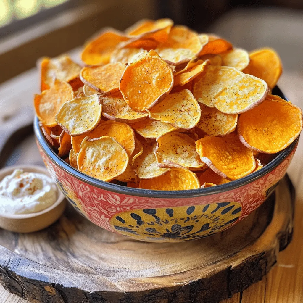 - 2 medium sweet potatoes - 2 tablespoons olive oil - 1 teaspoon garlic powder - 1 teaspoon smoked paprika - Salt to taste - Pepper to taste - Optional: Chili powder for spice - Each serving has about 150 calories. - Macronutrient breakdown: - Fats: 7 grams - Carbs: 22 grams - Proteins: 2 grams - Air fryer - Mandoline slicer or sharp knife - Large mixing bowl Sweet potatoes are not just tasty; they are also good for you. They are rich in vitamins A and C, and they provide fiber. When you use an air fryer, you cut down on oil and calories. You still get that crunch we all love. I recommend a mandoline slicer for even slices. Even thickness helps the chips cook evenly. A large bowl is perfect for mixing your sweet potatoes with oil and spices. This ensures every chip gets a flavorful coat. Using olive oil adds healthy fats. Garlic powder and smoked paprika bring depth and flavor. You can adjust the salt and pepper to your taste. If you like heat, sprinkle some chili powder on top. This recipe is simple and quick, making it a great snack. You can enjoy these chips alone or with a dip. Try the full recipe for a delightful treat! - Start by washing and scrubbing the sweet potatoes under cold water. This removes dirt and grit. - Pat them dry with a towel to avoid excess moisture. - Using a sharp knife or a mandoline slicer, cut the sweet potatoes into thin rounds. Aim for about 1/8 inch thick. This helps them cook evenly and become crispy. - In a large mixing bowl, combine the sweet potato slices with olive oil. - Add garlic powder, smoked paprika, salt, and pepper. Toss well until all slices are coated. - For a spicy kick, you can add chili powder. This will enhance the flavor and make your chips stand out. - Preheat your air fryer to 375°F (190°C) for about 5 minutes. This helps them cook evenly. - Once warm, lay the sweet potato slices in a single layer in the fryer basket. Avoid overcrowding. - Cook the chips for 12-15 minutes. Shake the basket halfway through to promote even cooking. Watch closely in the last few minutes to avoid burning. - After cooking, remove the chips and let them cool slightly. They will get crispier as they cool. - If desired, sprinkle extra chili powder on warm chips for added flavor. Enjoy making these crispy treats with the full recipe for air fryer sweet potato chips! To get the best crispiness in your sweet potato chips, slice them thin. Aim for slices about 1/8 inch thick. This thickness helps them cook evenly and become crispy. Using a mandoline slicer makes this easy and fast. After placing them in the air fryer, shake the basket halfway through cooking. This ensures all sides cook well and stay crispy. One common mistake is overcrowding the fryer. If you fill the basket too much, the chips won’t crisp up. Give them space to breathe. Another mistake is not setting the right cooking temperature. Always preheat your air fryer to 375°F (190°C) before adding the chips. This helps them cook evenly and achieve that perfect crunch. For a fun presentation, serve your sweet potato chips in a colorful bowl. You can also use a rustic wooden platter for a nice touch. Add a small dish of garlic aioli or guacamole on the side for dipping. This adds flavor and makes for a tasty snack. You can also sprinkle some chili powder on top for an extra kick! {{image_2}} You can change the flavor of your sweet potato chips easily. For a sweet twist, try adding cinnamon or maple syrup. Just sprinkle a little cinnamon before air frying. If you prefer savory, mix in Italian herbs or even cheese. Grated Parmesan adds a nice crunch and flavor. If you don't have an air fryer, you can bake these chips in the oven. Spread the sweet potato slices on a baking sheet and bake at 400°F (200°C) for about 20-25 minutes. You may also want to try other air fryer snacks like zucchini chips or kale chips. They’re just as fun! Seasonal spices can take your chips to the next level. In fall, consider adding nutmeg or pumpkin spice for a cozy flavor. In summer, pair your chips with fresh herbs like basil or dill. Dips also change with the seasons. In winter, serve with a warm cheese dip. In summer, try a fresh salsa or guacamole. To keep your sweet potato chips fresh, store them in an airtight container. This helps prevent moisture from making them soggy. You can use glass or plastic containers with tight lids. If you have a lot of chips, divide them into smaller batches to keep them crisp. When you want to enjoy leftover chips, reheating them can be tricky. To keep them crispy, use the air fryer again. Set it to 350°F (175°C) and heat for about 3-5 minutes. This method ensures they regain their crunch. If you don't have an air fryer, you can use an oven. Place them on a baking sheet and heat them at the same temperature for about 5-7 minutes. In the fridge, your sweet potato chips will stay fresh for up to 3 days. Make sure to keep them sealed tightly. If you want to save them longer, you can freeze them. Place the chips in a freezer-safe bag and remove as much air as possible. They can last up to 2 months in the freezer. Just remember to reheat them well when you’re ready to eat! You can make air fryer sweet potato chips without oil by using a few simple methods. First, slice the sweet potatoes thinly. You can use a mandoline slicer for even slices. Then, you can try using vegetable broth or water to help the spices stick. This method keeps the chips lighter. You can also skip the oil and just season them with your favorite spices. They might not be as crispy, but they will still taste great. Yes, you can use other types of potatoes for chips. Regular white potatoes or red potatoes work well. They have a different taste but still give a nice crunch. You can also try purple potatoes for a fun color. Each type of potato will change the flavor slightly, so feel free to experiment. Just remember to slice them thinly for the best results. The best way to slice sweet potatoes is to aim for uniform thickness. Slices should be about 1/8 inch thick. This helps them cook evenly and become crispy. You can use a sharp knife or a mandoline slicer. If you use a knife, take your time to make even cuts. This will ensure all chips cook at the same rate. The goal is to have thin, consistent slices that will fry up beautifully in the air fryer. You learned how to make delicious air fryer sweet potato chips. We covered ingredients, tools, and step-by-step instructions. Remember, slice thickness and seasoning are key to crispiness and flavor. Don’t forget to try different spices and serve these chips with your favorite dips. These tips will help you enjoy a tasty snack anytime. Happy cooking!