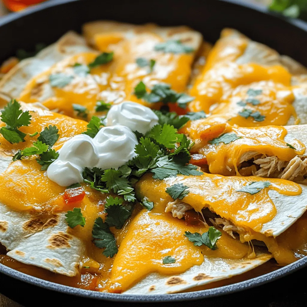 - 2 cups cooked chicken, shredded - 1 cup shredded cheddar cheese - 1 cup shredded Monterey Jack cheese - 4 large flour tortillas - 1 small onion, diced - 1 bell pepper, diced - 2 tablespoons olive oil - 1 teaspoon cumin - 1 teaspoon paprika - ½ teaspoon garlic powder - Salt and pepper to taste - Fresh cilantro, chopped - Sour cream and salsa The main ingredients bring flavor and texture to the dish. I love the blend of cheeses, which melts perfectly. The chicken adds protein and heartiness. I recommend using cooked chicken to save time. Shredded chicken mixes well with the spices. Adding a small onion and bell pepper gives a sweet taste. I prefer using a bell pepper that is red, yellow, or green. Each color adds its own flair. Olive oil is essential for cooking the veggies and helps prevent sticking. Seasoning is where the magic happens. Cumin and paprika provide warmth and depth. I also add garlic powder for a savory touch. Salt and pepper enhance all the flavors, so use them to taste. Garnishes are not just pretty; they add freshness. Chopped cilantro brightens the dish. Sour cream and salsa offer a creamy and zesty contrast. You can find the Full Recipe online to create your own delicious Chicken and Cheese Quesadilla Skillet. - First, heat the skillet with olive oil. Use medium heat for even cooking. - Next, sauté the diced onion and bell pepper. Cook them for about five minutes. They should soften nicely. - Now, season and add the shredded chicken to the skillet. Mix it well. - Then, add the cumin, paprika, garlic powder, salt, and pepper. Stir everything together. - Heat the mixture thoroughly for three to five minutes. You want it all warmed up and flavorful. - Reduce the heat to low. Layer half of the cheddar and Monterey Jack cheese over the chicken. - Place two tortillas on top of the cheese. Press them down gently. - Next, add the remaining cheese and top with the last two tortillas. - Cover the skillet with a lid. Cook for about four to five minutes until the bottom is golden brown. - Carefully flip the quesadilla with a spatula. Cook for another four to five minutes until golden brown on both sides. - Remove it from the skillet and let it cool for a minute. Cut it into wedges. - Serve hot, garnished with fresh cilantro, sour cream, and salsa on the side. Enjoy this delicious Chicken and Cheese Quesadilla Skillet as a quick and tasty meal! For more detailed cooking instructions, check the Full Recipe. To get crispy tortillas, I suggest using the right heat. Start with medium heat for the skillet. This helps the tortillas cook evenly. If the heat is too high, the tortillas may burn. I often add a bit more olive oil for extra crunch. Flip them carefully. This gives both sides that nice golden look. Adding spices can change the game. I like to use cumin and paprika for a warm flavor. You can also try chili powder for a kick. Don't forget about cheese! Cheddar and Monterey Jack are my favorites, but feel free to mix in pepper jack for heat or feta for a tangy twist. Pair your quesadilla with sides for a great meal. A fresh salad or some guacamole works well. You can also serve it with rice or beans for extra heartiness. As for drinks, I recommend a cold soda or a light beer. This combo makes for a fun, tasty dinner. For the full recipe, check the earlier section to guide your cooking! {{image_2}} You can switch the chicken for beef or shrimp. Ground beef works well. Just brown the meat before adding spices. Shrimp adds a nice twist. Cook shrimp until pink and tender. For a vegetarian option, use beans instead of meat. Black beans or refried beans are great choices. They add protein and keep it filling. Try using whole wheat or corn tortillas. Whole wheat adds fiber. Corn tortillas give a nice flavor. You can also add more veggies. Spinach, mushrooms, or zucchini work well. Just sauté them with the onion and bell pepper. Want to change the taste? Use different herbs and spices! Add oregano, thyme, or cilantro for a fresh twist. For a spicy version, add jalapeños. Chop them up and mix them with the chicken. It will give your quesadilla a nice kick. Explore more ideas with the Full Recipe to make your dish unique! To keep your Chicken and Cheese Quesadilla Skillet fresh, store it in an airtight container. Place it in the fridge within two hours of cooking. It lasts up to three days. If you want to keep it longer, freezing is a great option. To freeze your quesadilla, let it cool completely first. Wrap it tightly in plastic wrap and then place it in a freezer bag. This helps prevent freezer burn. When you are ready to eat, thaw it in the fridge overnight. To reheat, use the oven or skillet for best results. Avoid the microwave as it can make the quesadilla soggy. For optimal texture, reheat in a skillet over medium heat. This keeps the outside crisp while warming the inside. Flip occasionally to heat evenly. If using the microwave, place a paper towel under the quesadilla. This helps absorb excess moisture and prevents sogginess. Enjoy your meal just like it's fresh from the skillet! Yes, you can easily make this quesadilla vegetarian. Instead of chicken, use beans or grilled vegetables. Black beans or refried beans work great for protein. You can also add mushrooms, zucchini, or spinach for more veggies. You can serve this dish with a variety of sides. Fresh guacamole and salsa add flavor. A simple green salad can balance the meal. Rice or beans also make great sides to fill you up. To melt the cheese well, use low heat when cooking. Cover the skillet with a lid to trap heat. This helps the cheese melt evenly without burning the tortillas. Let it cook for a few minutes before flipping. Yes, you can use gluten-free tortillas. Look for those made with corn or rice flour. They will work well in this recipe. Just ensure they are large enough to hold the filling. The best way to cut the quesadilla is with a sharp knife or pizza cutter. Cut it into wedges while it’s still warm. This makes it easier to serve and eat. Aim for triangle slices for a classic look. Leftovers can last about 3 to 4 days in the fridge. Store them in an airtight container. Reheat them on the stove or in the oven for the best texture. Avoid the microwave to keep the tortillas crispy. This blog post shared a simple, tasty recipe for chicken and cheese quesadillas. We covered key ingredients, step-by-step instructions, and helpful tips to make your dish perfect. I also included variations and storage info to keep your quesadillas fresh. Remember, cooking is all about experimenting. Feel free to swap ingredients to suit your taste. Enjoy your cooking journey and relish each bite of your delicious quesadillas!