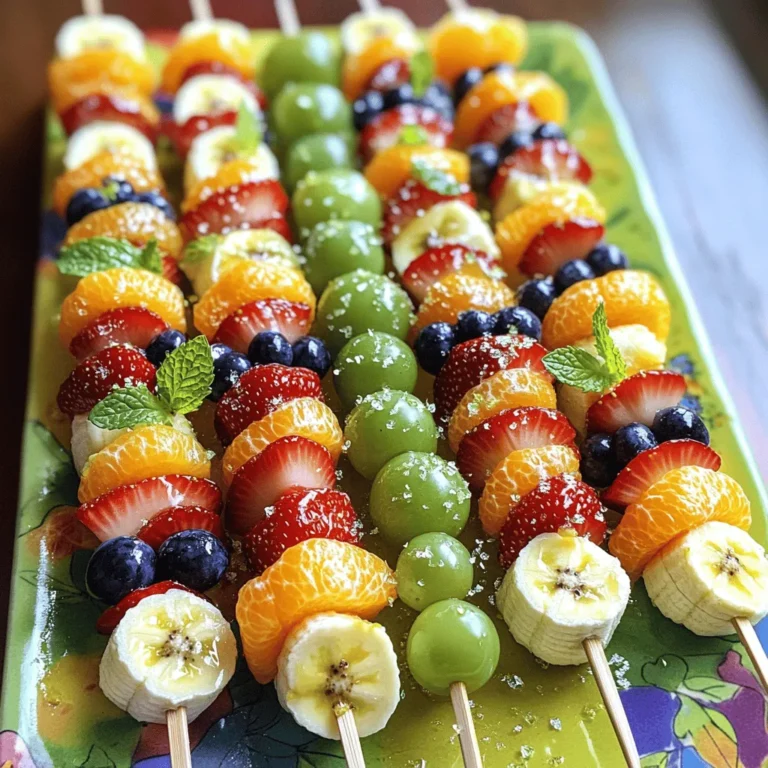 - Strawberries, hulled and halved - Oranges, segmented - Pineapples, cut into chunks - Green grapes, halved - Blueberries - Bananas, sliced - Honey (optional) - Lime juice - Skewers (wooden or metal) - Mint leaves for garnish - Edible glitter for a fun touch When you gather these fruits, think about colors and shapes. Each fruit brings a unique look and taste. Strawberries add a bright red. Oranges give a sunny orange hue. Pineapples bring a tropical feel. Green grapes offer a fresh crunch. Blueberries add a deep blue shade. Bananas round it all out with their soft texture. The honey and lime juice make a simple dip. You can adjust the honey if you want less sweetness. For a pop of flair, add mint leaves or edible glitter. These simple choices make your skewers even more fun and tasty! For the full recipe, check out the complete list of steps and tips. Start by washing all the fruits. Rinse the strawberries, grapes, and blueberries under cold water. Make sure to hull and halve the strawberries. For the oranges, peel them, and cut into segments. Cut the pineapple into bite-sized chunks. Slice the banana into rounds. This step makes the fruits ready for skewering. Grab a wooden or metal skewer. Begin by threading a strawberry onto the skewer first. Next, add an orange segment, followed by a pineapple chunk. Then, place a green grape, a banana slice, and finish with a blueberry. This colorful pattern helps create a fun look. Aim for about four to five pieces of fruit on each skewer. Leave some space at the bottom for easy handling. In a small bowl, mix the honey and lime juice. This honey-lime mixture adds a sweet zing to the skewers. If you want less sweetness, just use less honey. Arrange your finished skewers on a big platter. Drizzle the honey-lime mixture over them right before serving. This adds an extra touch of flavor that everyone will love. For the full recipe, check out the details above. Enjoy making these vibrant treats! To make your rainbow fruit skewers pop, serve them on a colorful platter. Choose bright colors that match the fruits. You can also add a sprinkle of edible glitter. Fresh mint leaves work great for garnish too. These small touches make a big difference. For parties, arrange the skewers in jars or stand them upright in a block of foam. This way, guests can grab them easily. When picking skewers, size matters. For small parties, 10-inch skewers work well. They hold about 4-5 pieces of fruit. For larger gatherings, use 12-inch skewers. This gives guests more fruit and makes a bigger display. If you're serving kids, shorter skewers are safer and easier for little hands. The honey-lime drizzle adds a nice touch, but you can try other options too. A yogurt dip can give a creamy twist. Mix plain yogurt with a splash of vanilla for extra flavor. If you like a bit of spice, add chili powder to the honey. This creates a fun kick that surprises your taste buds. You can also squeeze fresh orange juice instead of lime for a sweeter flavor. Feel free to get creative and mix flavors! For the full recipe, check out the Rainbow Fruit Skewers section. {{image_2}} You can mix and match fruits for your rainbow skewers. Seasonal fruits add freshness and color. In summer, try juicy peaches or sweet cherries. In fall, consider crisp apples or vibrant pomegranate seeds. Exotic fruits work well, too. Think about mango, kiwi, or dragon fruit for a fun twist. Each fruit has its unique taste, adding layers to your dish. Dipping sauces can elevate your fruit skewers. A simple yogurt dip can add creaminess. Mix plain yogurt with a little honey for sweetness. For a fun chocolate option, melt some dark chocolate and let it cool slightly. You can drizzle it over the skewers or serve it on the side. This adds richness and makes the skewers even more exciting. You can create themed skewers for special occasions. For a birthday, use colorful fruits and add fun picks. For a holiday, like Halloween, use oranges, blackberries, and bananas for a spooky vibe. For Christmas, red and green fruits like strawberries and grapes can create a festive look. Themed skewers make parties more fun and memorable. For the complete recipe, check out the Full Recipe. To keep your rainbow fruit skewers fresh, store them in the fridge. Use an airtight container. This helps prevent moisture loss and keeps fruits crisp. If you stack them, place parchment paper between layers. This avoids squishing and keeps them looking great. Fruits can brown quickly. To slow this down, use lemon or lime juice. A light squeeze over the fruit stops oxidation. You can also keep cut fruits in cold water until ready to use. This keeps them fresh and tasty. Always wash fruits well before storing. If you want to make skewers in advance, prep the fruits a day ahead. Cut and store fruits separately in airtight bags. Assemble skewers on the day of serving for the best look and taste. This way, you save time and still impress your guests. For the full recipe, check out the Rainbow Fruit Skewers section. Yes, you can use frozen fruits, but there are some things to think about. Frozen fruits often lose their crispness. This can affect the texture of your skewers. If you choose frozen fruits, let them thaw before using. Drain any extra juice to keep your skewers from getting soggy. Fresh fruits offer the best taste and appearance, but frozen fruits are a good backup. Fruit skewers last about 1 to 2 days in the fridge. To keep them fresh, cover them with plastic wrap or store them in an airtight container. Always check for signs of spoilage, like browning or mushiness. If you notice these signs, it’s best to toss them. For safety, enjoy your skewers within this time frame. Serve your rainbow fruit skewers on a bright platter for a fun look. You can add a sprinkle of edible glitter or fresh mint leaves for extra color. These skewers are perfect for parties, picnics, or family gatherings. I love to drizzle the honey-lime mixture right before serving. This adds a tasty touch and draws everyone in. You can find the full recipe for more details. This blog post covered the basics of making colorful fruit skewers. We discussed required fruits, additional ingredients, and optional enhancements. The step-by-step instructions helped you prepare, assemble, and drizzle your skewers for a tasty treat. Tips on presentation and flavor are key for smooth serving. Variations allow you to customize, and storage info keeps your skewers fresh. Fruit skewers are fun and easy for everyone. Enjoy your creative process and happy eating!
