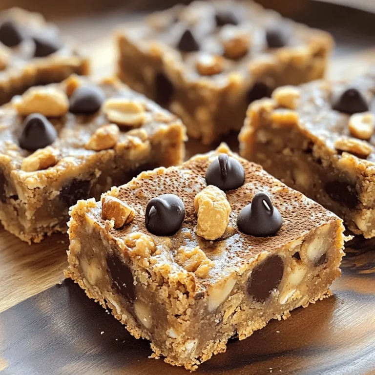 To make these tasty bars, gather these ingredients: - 2 ripe bananas, mashed - 1 cup peanut butter (smooth or crunchy) - 1/2 cup honey or maple syrup - 2 cups rolled oats - 1/2 teaspoon cinnamon - 1/4 teaspoon salt - 1/2 cup dark chocolate chips (optional) - 1/4 cup chopped nuts (almonds or walnuts) (optional) You can add fun extras to change the flavor. Here are some ideas: - Dried fruits like raisins or cranberries - Seeds such as chia or flaxseed - Protein powder for more nutrients These add-ins can make your bars even better. If you have dietary needs, you can still enjoy these bars. Here are some swaps: - Use almond butter or sunbutter instead of peanut butter. - Swap honey for agave syrup if you prefer a vegan option. - Choose gluten-free oats if you need them to be gluten-free. These substitutions help everyone enjoy this yummy snack! Check the Full Recipe for more details. To start, preheat your oven to 350°F (175°C). Grab an 8x8 inch baking pan and line it with parchment paper. Make sure to leave some paper over the edges. This helps you lift the bars out later. In a large bowl, mash two ripe bananas until smooth. Add one cup of peanut butter. Mix them well until they are fully combined. Next, stir in half a cup of honey or maple syrup. Make sure the mixture is smooth. Then, add two cups of rolled oats, half a teaspoon of cinnamon, and a quarter teaspoon of salt. Stir everything together until it is well mixed. If you want to add chocolate chips or nuts, fold them in now. Pour the mixture into your prepared pan. Spread it evenly using a spatula. Press it down lightly to make it compact. Now, bake in the oven for 20-25 minutes. Look for the edges to turn golden brown and the center to feel set. Once done, take it out and let it cool in the pan for about 10-15 minutes. Then, move it to a wire rack to cool completely. Finally, use the parchment overhang to lift the bars out. Cut them into squares or rectangles. Enjoy your Peanut Butter Banana Oat Bars as a tasty snack! For the full recipe, refer to the earlier section. To get that perfect texture in your Peanut Butter Banana Oat Bars, use ripe bananas. Ripe bananas are soft and sweet, which helps blend well with peanut butter. Mix the bananas and peanut butter until smooth. This step ensures you have a creamy base. When adding oats, stir just enough to combine. Over-mixing can make the bars tough. Bake until the edges turn golden brown. This gives a nice crunch while keeping the center chewy. These bars are great as a snack or breakfast. You can cut them into squares or rectangles. Try adding a sprinkle of cinnamon on top for extra flavor. Drizzling some peanut butter over the bars makes them look fancy. Serve them with fresh fruit or yogurt for a balanced meal. You can also pair them with a glass of cold milk or a hot cup of tea. Store your Peanut Butter Banana Oat Bars in an airtight container. They stay fresh at room temperature for about a week. For longer storage, place them in the fridge. They can last up to two weeks in the fridge. You can also freeze the bars. Wrap each bar in plastic wrap, then place them in a freezer bag. They can last up to three months in the freezer. Just thaw them overnight in the fridge before eating. {{image_2}} You can swap ingredients to make these bars even healthier. Instead of honey, use mashed dates or pureed apples for natural sweetness. These options cut added sugars while adding fiber. You can also replace peanut butter with almond butter or sunflower seed butter. Both options give a similar taste, with some unique flavors. Mixing in different flavors can elevate your snack. Add a splash of vanilla extract for warmth. You could also toss in a few tablespoons of cocoa powder for a chocolatey twist. If you want a fruity flair, try adding a handful of dried cranberries or raisins. These additions create a new taste each time you bake. Make your bars fit the season with special add-ins. In fall, mix in pumpkin puree and spices like nutmeg and ginger for a cozy treat. For summer, add fresh blueberries or strawberries for a light, fruity touch. These seasonal ingredients not only change the flavor but also add color and fun to your bars. For the full recipe, check out the detailed instructions above! Each Peanut Butter Banana Oat Bar has about 150 calories. This makes them a great snack. The main ingredients, like bananas and oats, provide energy. Peanut butter adds healthy fats, making them filling. If you choose to add chocolate chips, the calorie count will increase slightly. These bars are balanced in macros. Each bar has roughly: - Carbohydrates: 22 grams - Protein: 4 grams - Fat: 7 grams The oats and bananas supply carbs for energy. The peanut butter gives you protein and fat. This mix helps keep you full longer. These bars are quite versatile. They are naturally gluten-free if you use certified gluten-free oats. They can also fit into many diets. If you’re vegan, swap honey for maple syrup. For nut allergies, you can use sunflower butter instead of peanut butter. For a full recipe, check the earlier sections to see how to make these delicious bars! Yes, you can freeze these bars. Wrap each bar in plastic wrap or foil. Place the wrapped bars in a freezer bag. They will keep well for about three months. To eat, just thaw them in the fridge overnight. You can also heat them in the microwave for a quick snack. These bars last about five days at room temperature. Store them in an airtight container to keep them fresh. If you live in a warm place, it’s best to keep them in the fridge. This way, they stay firm for longer. If you need a substitute for peanut butter, try almond butter or sunflower seed butter. Both options taste great and have a similar texture. You can also use cashew butter if you like a milder flavor. Just make sure to adjust the sweetness if you choose a sweetened nut butter. For the full recipe, check the section above! Peanut Butter Banana Oat Bars are simple and tasty. You learned about ingredients, prep, and baking. I shared tips for the perfect bars, along with variations to suit your taste. Understanding the nutrition helps you make smart choices. Use the FAQs to clear any doubts. You now have all you need to make these bars a hit. Enjoy making, sharing, and eating them!