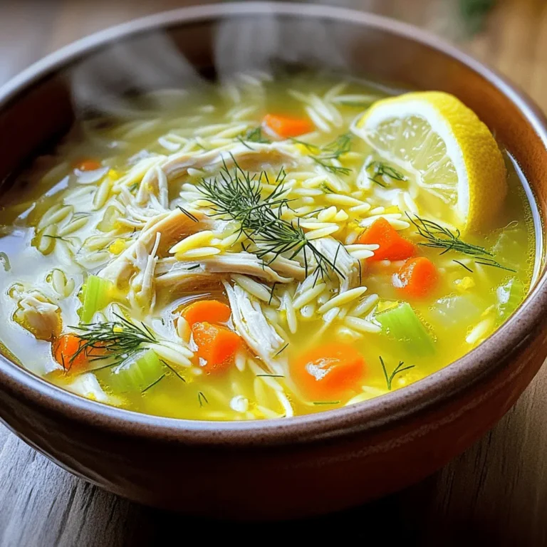 To make Greek Lemon Chicken Soup, you need fresh and simple ingredients. These give the soup its bright flavor and comforting feel. Here’s the list of what you’ll need: - 1 lb boneless, skinless chicken breasts - 6 cups chicken broth - 1 medium onion, chopped - 2 cloves garlic, minced - 1 cup carrots, diced - 1 cup celery, diced - 1 cup orzo pasta or rice - 3 large eggs - 1/3 cup fresh lemon juice (about 2-3 lemons) - 1 teaspoon dried oregano - Salt and pepper to taste - Fresh dill, for garnish These ingredients come together to create a soup that warms the soul. The chicken offers protein, while the vegetables add nutrients and texture. The lemon juice gives it a zesty kick. I always stress the importance of fresh ingredients. They make the soup vibrant and full of flavor. Using orzo or rice helps to make the soup hearty. You can choose according to your preference. Eggs add creaminess without heavy cream, keeping the dish light. Don’t skip the fresh dill; it adds a wonderful aroma and flavor. For the full recipe and step-by-step instructions, check out the section labeled "Full Recipe." - Boil chicken in broth. Place 1 lb of boneless, skinless chicken breasts in 6 cups of chicken broth. Bring it to a boil over medium-high heat. Let the chicken simmer for 15 to 20 minutes, until it’s cooked through. - Remove and shred. Once done, take the chicken out and let it cool a bit. Use two forks to shred it into bite-sized pieces. Set this chicken aside for later. - Add onion, garlic, carrots, and celery. In the same pot with the broth, add 1 medium chopped onion, 2 minced garlic cloves, 1 cup diced carrots, and 1 cup diced celery. - Cook until tender. Stir and let the veggies cook for about 10 minutes, until they become tender and fragrant. - Stir in orzo or rice. After the veggies soften, add 1 cup of orzo pasta or rice. Cook it according to the package instructions, usually around 8 to 10 minutes. - Whisk eggs and lemon juice. In a bowl, whisk together 3 large eggs and 1/3 cup of fresh lemon juice until well mixed. - Temper eggs with hot broth. Once the orzo is ready, reduce the heat to low. Gradually add a ladle of the hot broth to the egg mixture while whisking constantly. This step helps prevent the eggs from scrambling. - Add to the pot, return chicken. Slowly pour the tempered egg mixture back into the pot while stirring. Add the shredded chicken back in, along with 1 teaspoon of dried oregano, salt, and pepper to taste. Let the soup warm through for 3 to 5 minutes. This method brings every flavor together in a cozy bowl of Greek Lemon Chicken Soup. You can find the complete recipe [Full Recipe]. How to prevent eggs from scrambling To keep the eggs from scrambling, you must temper them first. Start by whisking together the eggs and lemon juice in a bowl. Slowly add a ladle of hot broth from the pot into this bowl. Whisk continuously while pouring. This warms the eggs without cooking them. Once the mixture is warm, pour it back into the pot while stirring. This method helps create a smooth texture. Achieving the right consistency The soup should be creamy but still light. If it feels too thick, add more broth until it reaches your desired consistency. If you prefer a thicker soup, let it simmer a bit longer to reduce. Just remember to stir often to prevent sticking. The orzo or rice will also absorb some broth, so adjust as needed. Best accompaniments for Greek Lemon Chicken Soup This soup pairs well with a simple side salad or crusty bread. A fresh Greek salad with tomatoes, cucumbers, and feta adds a nice crunch. You can also serve it with warm pita or toasted baguette slices. These sides enhance the meal and round out the flavors. Presentation tips with dill and lemon zest For a beautiful presentation, ladle the soup into bowls. Garnish each bowl with a sprig of fresh dill. Add a twist of lemon zest on top for color and flavor. A slice of lemon on the side brightens up the dish. This not only looks great but also adds a burst of fresh taste. {{image_2}} To make Greek Lemon Chicken Soup vegan or vegetarian, you can switch out the chicken. Use tofu, tempeh, or chickpeas instead. For broth, swap chicken broth with vegetable broth. This keeps the same warm flavor while being plant-based. Instead of orzo, you can use quinoa or rice noodles. These options add a nice texture and soak up the soup’s flavor well. They are also gluten-free, which is great for many diets. If you don’t have orzo, any small pasta works. You can try ditalini, small shells, or even farro. Each gives a unique twist to the dish. For vegetables, consider adding sweet corn, peas, or bell peppers. These add color and a hint of sweetness. You can also try kale or spinach for a nutritious boost. Mixing different veggies keeps the soup exciting and tasty. For the full recipe, check out the detailed cooking steps. To keep your Greek Lemon Chicken Soup fresh, follow these steps: - Refrigeration tips: Let the soup cool to room temperature. Transfer it to an airtight container. It’s best to store it in the fridge for up to 3 days. - Freezing instructions: For longer storage, freeze the soup. Use a freezer-safe container, leaving some space at the top for expansion. It can stay frozen for up to 3 months. When you want to enjoy your soup again, reheating is key. Here’s how to do it right: - Best methods for reheating soup: Use the stovetop for even heating. Place the soup in a pot over medium heat, stirring often. You can also use the microwave, but do it in short bursts to prevent hot spots. - Tips for maintaining flavor and texture: Add a splash of chicken broth or water while reheating. This keeps the soup from getting too thick and helps refresh the flavors. How can I make Greek Lemon Chicken Soup gluten-free? To make this soup gluten-free, simply replace orzo with gluten-free pasta or rice. This swap keeps the soup tasty and light. What is the origin of Greek Lemon Chicken Soup? This comforting dish, known as Avgolemono, comes from Greece. It blends chicken, lemon, and eggs, creating a rich flavor. Can I use leftover chicken for this recipe? Absolutely! Leftover chicken adds great flavor. Just shred it and add it to the soup when you combine ingredients. How long does this soup last in the refrigerator? Greek Lemon Chicken Soup lasts about three to four days in the fridge. Store it in an airtight container for best results. What are the nutritional benefits of this soup? This soup is rich in protein from chicken and eggs. It also offers vitamins from vegetables and lemon's vitamin C. Can I make this soup in a slow cooker or instant pot? Yes, you can! For a slow cooker, cook on low for 6-8 hours. For an instant pot, use the soup setting for about 20 minutes. Be sure to follow the Full Recipe for best results. This blog post walked you through making Greek Lemon Chicken Soup. We covered the key ingredients, from chicken and broth to fresh lemon juice. You learned how to prepare the chicken and cook the veggies. I shared tips to perfect the soup and ideas for serving it. Variations and proper storage techniques were also highlighted. This soup is not only tasty but also easy to make. Whether you stick to the classic recipe or try a twist, enjoy every warm bowl!
