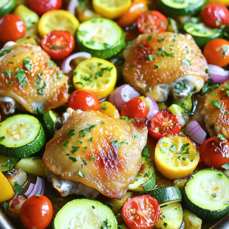 - 4 bone-in chicken thighs, skin-on - 2 medium zucchinis, sliced into half-moons - 1 bell pepper (red or yellow), chopped - 1 cup cherry tomatoes, halved - 1 red onion, cut into wedges - 4 cloves garlic, minced - 1/4 cup olive oil - Juice of 2 lemons - Zest of 1 lemon - 2 teaspoons dried oregano - 1 teaspoon smoked paprika - Salt and pepper to taste - Fresh parsley, chopped for garnish For the main dish, I like to use bone-in chicken thighs. They stay juicy and add great flavor. Pair them with colorful veggies like zucchini, bell peppers, cherry tomatoes, and red onion. Don’t forget the garlic—its aroma will fill your kitchen. The olive oil and lemon juice create a tasty marinade that makes everything shine. - Fresh herbs and spices - Alternative vegetables to add - Marinade variations Fresh herbs like thyme or rosemary can boost flavor even more. You could also swap in veggies like asparagus or broccoli based on what you have. For a twist, try a different marinade. A honey mustard blend or a spicy harissa can change the game. With these options, you can create your own unique version of the dish. Check out the Full Recipe for more details on how to make it! Start by whisking together the marinade. In a bowl, mix olive oil, lemon juice, lemon zest, minced garlic, oregano, smoked paprika, salt, and pepper. This mix brings bright flavors to the chicken and veggies. Marinating is key. Place the chicken thighs in a bag or bowl. Pour half of the marinade over the chicken. Let it sit in the fridge for at least 30 minutes. For stronger flavor, marinate up to 2 hours. Next, preheat your oven to 425°F (220°C). This step ensures even cooking. While the oven heats, prepare the veggies. In a large bowl, combine zucchini, bell pepper, cherry tomatoes, and red onion. Pour the remaining marinade over the veggies and toss well. This will help the vegetables soak up the flavors. Now, arrange the chicken and veggies on a sheet pan. Place the marinated chicken in the center. Spread the veggies around the chicken for even cooking. Bake the dish for 30 to 35 minutes. The chicken should reach an internal temperature of 165°F (75°C). The veggies will become tender and slightly caramelized. Check for doneness by using a meat thermometer. Once done, remove the pan from the oven. Let it rest for a few minutes before serving. Garnish with freshly chopped parsley for a pop of color. For the full recipe, check out the [Full Recipe]. To enhance the marinade, focus on fresh ingredients. Fresh lemon juice adds brightness. The zest boosts the lemon flavor. Garlic brings depth and warmth. Use quality olive oil for richness. You can also add fresh herbs like rosemary or thyme for extra flavor. When choosing chicken cuts, I recommend bone-in thighs. They stay juicy and tender during cooking. The skin adds flavor and helps crisp up nicely. You can also use drumsticks, but avoid boneless cuts. They tend to dry out faster. For even cooking, cut vegetables into similar sizes. This way, they cook together without some burning. Toss them in the marinade well. Make sure every piece is coated for the best flavor. To add textures, mix soft and crunchy vegetables. Cherry tomatoes become sweet and juicy. Zucchini softens but keeps some bite. Bell peppers add a nice crunch. Red onions caramelize, bringing sweetness to the dish. {{image_2}} You can switch up the taste of your sheet pan lemon chicken easily. Instead of lemon, try lime or orange juice. Both citrus fruits bring a unique zest to the dish. Lime adds a fresh twist, while orange gives a sweeter note. Mixing in different herbs and spices can also change the flavor profile. For example, swap oregano for thyme or rosemary. These herbs add depth and pair well with chicken. You can even try a dash of chili powder for a spicy kick! Grilling is a fun way to cook this recipe. It gives a nice smoky flavor that's hard to beat. Just marinate the chicken and veggies as usual. Then, place them on the grill until cooked through. If you want a one-pan meal, consider using other proteins. Boneless chicken breast, shrimp, or even tofu work great. Adjust the cooking time as needed. This way, you can enjoy new flavors while keeping it simple. After enjoying your sheet pan lemon chicken and veggies, store leftovers properly to keep them fresh. - Refrigerating leftovers safely: Place the chicken and veggies in an airtight container. They will stay good in the fridge for up to four days. Make sure to let them cool down before sealing the container. - Freezing guidelines for chicken and veggies: If you want to save them for later, freeze the leftovers. Use freezer-safe bags or containers. You can freeze them for up to three months. Just remember to label the bags with the date. To enjoy your meal again, reheating is key to keeping it tasty. - Best methods to maintain quality: The best way to reheat is in the oven. Preheat it to 350°F (175°C). Place the chicken and veggies in a baking dish. Cover with foil to keep them moist. - Time and temperature considerations: Heat for about 20-25 minutes. Check that the chicken reaches 165°F (75°C) again. This ensures it is safe and delicious to eat. I recommend marinating the chicken for at least 30 minutes. If you can, let it marinate for up to 2 hours. This longer time allows the chicken to soak in all the zesty flavors. The marinade adds moisture and taste, making the chicken juicy and savory. Yes, you can use boneless chicken. Just remember to adjust the cooking time. Boneless chicken cooks faster than bone-in cuts. Start checking for doneness at about 20 minutes. You want the internal temperature to reach 165°F. This will ensure your chicken is safe to eat and still juicy. If you don’t have a sheet pan, don’t worry! You can use a baking dish or a large skillet. Just make sure to arrange the chicken and veggies in a single layer. This helps them cook evenly. If you use a smaller pan, you may need to cook in batches. This recipe is great for meal prep! You can make it ahead and store the leftovers in the fridge. It keeps well for up to four days. Just reheat portions in the oven or microwave when you’re ready to eat. Divide the meal into containers for easy lunches or dinners. For a twist, try adding different sides throughout the week. Exciting meals can make your prep even more fun! For the full recipe, be sure to check out the details above. This blog post showed you how to make a tasty sheet pan lemon chicken. We covered the main and optional ingredients, plus how to prepare and cook them. You learned tips for flavor and texture, and even some fun variations. Don’t forget how to store and reheat leftovers. Now, you can enjoy delicious meals without much fuss. Try making this dish and share it with friends or family. Cooking can be fun and easy!