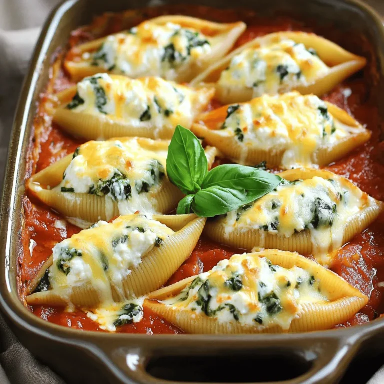 To make delicious Three Cheese Stuffed Shells, you need the following items: - 12 large pasta shells - 1 cup ricotta cheese - 1 cup shredded mozzarella cheese - ½ cup grated Parmesan cheese - 1 cup spinach, chopped - 1 egg, beaten - 2 cups marinara sauce - 1 teaspoon garlic powder - 1 teaspoon dried Italian herbs (basil, oregano) - Salt and pepper to taste - Fresh basil leaves for garnish These ingredients create a rich, cheesy filling that hugs the pasta shells. The marinara sauce adds a nice touch of flavor and moisture. You can boost the taste of your stuffed shells with these optional items: - Crushed red pepper for heat - Sautéed mushrooms for earthiness - Chopped sun-dried tomatoes for sweetness - Fresh parsley for color and freshness These extras let you customize the dish. Each option brings unique flavors that enhance your meal experience. Each serving of Three Cheese Stuffed Shells has about: - Calories: 420 - Protein: 20g - Carbohydrates: 50g - Fat: 18g - Fiber: 3g This dish offers a balance of protein and carbs. It’s comforting, filling, and perfect for any meal. For the full recipe, refer to the section above. Start by preheating your oven to 375°F (190°C). This step is important for even cooking. Next, boil a large pot of salted water. Add 12 large pasta shells to the pot. Cook them until they are al dente, just like the package says. Drain the shells and let them cool. Now, let’s make the cheese filling. In a mixing bowl, combine these ingredients: - 1 cup ricotta cheese - 1 cup shredded mozzarella cheese - ½ cup grated Parmesan cheese - 1 cup chopped spinach - 1 beaten egg - 1 teaspoon garlic powder - 1 teaspoon dried Italian herbs (basil, oregano) - Salt and pepper to taste Mix all the ingredients well until they blend evenly. Take each cooled pasta shell in your hand. Fill it generously with the cheese mixture you just made. Place the stuffed shells in a lightly greased baking dish. Once all the shells are filled, pour half of the marinara sauce over them. Make sure each shell is well-coated. Cover the dish with aluminum foil. Bake your shells in the oven for 25 minutes. After that, remove the foil and bake for another 10-15 minutes. You want the cheese to be melted and bubbly. After baking, take the dish out of the oven. Let the shells sit for a few minutes. This helps them set. Before serving, garnish with fresh basil leaves. You can serve these shells with a side salad or garlic bread for a complete meal. Enjoy this comforting dish! For the full recipe, check out the detailed instructions. To cook pasta shells well, follow these steps: - Use a large pot with plenty of water. - Add salt to the water. This helps flavor the pasta. - Boil the shells until they are al dente, about 8-10 minutes. - Gently stir to keep them from sticking together. - Drain the shells and cool them under cold water. This stops the cooking. For a tasty cheese filling, do this: - Mix ricotta, mozzarella, and Parmesan cheese in a bowl. - Add chopped spinach for a pop of color and nutrients. - Use a beaten egg to help bind the mixture. - Season with garlic powder, Italian herbs, salt, and pepper. - Blend everything until smooth and creamy for the best flavor. When baking and serving your stuffed shells: - Preheat your oven to 375°F (190°C). - Pour marinara sauce over the shells before baking. This adds moisture. - Cover the dish with foil to keep the heat in. - Bake for 25 minutes, then remove the foil for 10-15 more minutes. - Let the dish sit for a few minutes before serving. This helps the cheese set. - Garnish with fresh basil leaves for a touch of freshness. For the full recipe, check out Three Cheese Stuffed Shells. {{image_2}} You can easily make this dish vegetarian. Add more veggies to the cheese filling. Spinach, mushrooms, or zucchini work well. You can also swap the marinara sauce for a creamy white sauce. This change adds a new layer of flavor. If you need gluten-free options, use gluten-free pasta shells. Many brands offer great choices that taste just as good. Check the box for cooking time, as it may vary from regular pasta. Pair your shells with a gluten-free marinara or a tasty homemade sauce. Feel free to mix cheeses for different tastes. You can try goat cheese or feta for a tangy flavor. A blend of sharp cheddar and mozzarella can add depth. Experiment with smoked cheeses for a unique twist. The Full Recipe allows you to get creative with flavors. After enjoying your delicious three cheese stuffed shells, store any leftovers in an airtight container. Make sure to let them cool first. This helps keep the flavors fresh. Place the container in the fridge. Leftovers will last for about 3 to 5 days. If you want to save some stuffed shells for later, freezing is a great option. You can freeze them before or after baking. If freezing unbaked shells, wrap them tightly in plastic wrap. Then, place them in a freezer-safe bag. They can last for up to 3 months. When you are ready to bake, just cook them straight from the freezer. If you freeze baked shells, let them cool first. Then, wrap them and freeze. To bake, thaw in the fridge overnight and reheat as needed. To reheat your stuffed shells, you can use the oven or microwave. If using the oven, preheat it to 350°F (175°C). Place the shells in a baking dish. Add a bit of marinara sauce on top to keep them moist. Cover with foil and bake for 20-25 minutes. For the microwave, place a few shells on a plate. Heat for about 1-2 minutes, checking to see if they are hot. Always check to ensure they are heated all the way through. Enjoy your meal again! You can tell when the stuffed shells are done when the cheese is melted and bubbly. The sauce should be hot, and the edges of the shells should look slightly golden. I like to bake them for about 35-40 minutes. When you take them out, let them sit for a few minutes before serving. This helps the flavors blend. Yes, you can make the filling ahead of time. Mix your ricotta, mozzarella, Parmesan, spinach, egg, and spices in a bowl. Cover it tightly and store it in the fridge for up to 24 hours. This is a great time-saver for busy days. When you’re ready, just stuff the shells and bake them. The best sauce for stuffed shells is marinara. It adds a rich flavor that balances the cheese. You can also try a creamy Alfredo sauce for a different twist. Both sauces work well and taste amazing with the cheesy filling. Feel free to use store-bought or homemade sauce based on your preference. To spice up your stuffed shells, add crushed red pepper flakes to the cheese filling. You can also mix in some diced jalapeños or even a spicy sausage. If you prefer the sauce to be spicy, try adding hot sauce or cayenne pepper to the marinara. Adjust to your taste for the perfect kick! We explored all you need for a great stuffed shell dish. You learned about essential and optional ingredients, plus nutrition facts. I detailed step-by-step cooking and serving tips. You now know how to store leftovers and variations for every diet. In the end, stuffed shells can be adjusted to fit your taste. Whether you prefer classic cheese or a spicy kick, you can make it your own. Enjoy making this dish for family and friends!