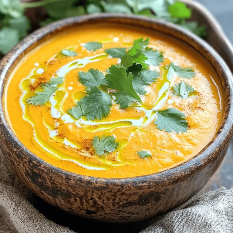 To make Moroccan spiced carrot soup, you need simple, fresh ingredients. Here is the list: - 1 lb (450g) carrots, peeled and chopped - 1 medium onion, diced - 2 cloves garlic, minced - 1 tablespoon fresh ginger, grated - 1 teaspoon ground cumin - 1 teaspoon ground coriander - ½ teaspoon ground cinnamon - ½ teaspoon ground turmeric - 1/4 teaspoon cayenne pepper (adjust for spice preference) - 1 can (15 oz) coconut milk - 4 cups vegetable broth - 2 tablespoons olive oil - Salt and pepper to taste - Fresh cilantro, for garnish These ingredients create a rich, warm flavor. The spices will awaken your taste buds. The carrots add sweetness and smooth texture. Garnishes make your soup look great and add flavor. Here are some options: - Chopped fresh cilantro - A drizzle of olive oil - A sprinkle of toasted pumpkin seeds - A dash of cayenne pepper Feel free to mix and match these garnishes. They can change the look and flavor of your soup! If you don't have an ingredient, you can swap it for something else. Here are a few ideas: - Use sweet potatoes instead of carrots for a sweeter soup. - Swap coconut milk for almond or cashew milk for a different taste. - Replace vegetable broth with chicken broth for a non-vegetarian option. These substitutions keep the soup delicious while making it fit your pantry. Check the Full Recipe for more ideas! Start by gathering all your ingredients. You will need: - 1 lb (450g) carrots, peeled and chopped - 1 medium onion, diced - 2 cloves garlic, minced - 1 tablespoon fresh ginger, grated - 1 teaspoon ground cumin - 1 teaspoon ground coriander - ½ teaspoon ground cinnamon - ½ teaspoon ground turmeric - 1/4 teaspoon cayenne pepper (adjust for spice preference) - 1 can (15 oz) coconut milk - 4 cups vegetable broth - 2 tablespoons olive oil - Salt and pepper to taste - Fresh cilantro, for garnish Next, chop the carrots into small pieces. Dice the onion and mince the garlic. Grate the ginger. This will help the soup cook evenly. In a large pot, heat the olive oil over medium heat. Add the diced onion. Sauté it for about 5 minutes. You want the onion to be soft and clear. Next, add the minced garlic and grated ginger. Cook for another 2 minutes. The aroma will fill your kitchen. Now, it’s time for the carrots. Add them to the pot along with the spices: cumin, coriander, cinnamon, turmeric, and cayenne pepper. Stir well to coat the carrots with the spices. Pour in the vegetable broth. Bring the mix to a boil. Once boiling, reduce the heat. Let it simmer for about 20 minutes. Check the carrots; they should be tender. Remove the pot from the heat. Now, you will blend the soup. You can use an immersion blender for this. If you don’t have one, let the soup cool a bit. Then, blend it in batches in a countertop blender. Aim for a smooth, creamy texture. Once blended, stir in the coconut milk. Heat the soup gently over low heat. Taste and add salt and pepper as needed. Finally, serve the soup hot. Garnish with fresh cilantro for a splash of color and taste. For more details on the recipe, check out the Full Recipe. To make your Moroccan spiced carrot soup shine, focus on layers of flavor. Start by sautéing the onion until soft. This adds a sweet base. Next, don’t skip the fresh ginger and garlic. Their aroma brightens the soup. Use high-quality spices for a rich taste. Toasting them in the pot brings out their full flavor. Add a splash of lemon juice at the end for brightness. This little step lifts the soup. One mistake is not cutting the carrots evenly. Uneven pieces cook at different rates. This can lead to some hard bits in your soup. Also, don’t rush the blending. A smooth texture makes the soup creamy and rich. If you blend too quickly, you may end up with lumps. Lastly, taste your soup before serving. You may need more salt or spice to balance the flavors. Serve your soup hot, garnished with fresh cilantro. This adds a pop of color and flavor. Pair it with crusty bread or a light salad. A dollop of yogurt can add creaminess and a tangy kick. For a complete meal, consider serving a grain like quinoa on the side. This dish is perfect for cozy nights or gatherings with friends. You can find the full recipe for Moroccan spiced carrot soup in the recipe section. {{image_2}} You can change the flavors of this soup easily. Try sweet potatoes instead of carrots. They add a richer taste. You can also use parsnips for a unique twist. Swap coconut milk for almond milk for a nutty flavor. If you want a creamier texture, add cashew cream. Each swap gives the soup a new life. Want to make this soup heartier? Add proteins like cooked chicken or shrimp. They bring more nutrition and flavor. For a plant-based option, try adding chickpeas or lentils. These legumes make the dish filling and add texture. You can stir them in during the last few minutes of cooking. Do you prefer heat in your dishes? Increase the cayenne pepper for more spice. You can also add diced jalapeños for an extra kick. If you like it mild, skip the cayenne. You can balance the spice with a touch of honey or maple syrup. Adjusting the spices lets you make it just right for your taste. To keep your Moroccan spiced carrot soup fresh, store it in an airtight container. Make sure it cools down first. Place it in the fridge right away. It will stay good for about 3 to 4 days. Check for any signs of spoilage before eating. If you notice any weird smells or colors, throw it out. If you want to save some for later, freezing works well. Let the soup cool completely before you freeze it. Use freezer-safe containers or bags. Leave some space at the top for expansion. It can last up to 3 months in the freezer. When you are ready to eat it, thaw it in the fridge overnight. To reheat, pour the soup into a pot. Heat it over medium-low heat until warm. Stir often to avoid sticking. If it seems too thick, add a bit of water or broth. You can also microwave it in a bowl. Cover it with a microwave-safe lid. Heat in short bursts, stirring in between, until it's hot. Enjoy your warm soup! To make Moroccan spiced carrot soup vegan, simply use vegetable broth instead of chicken broth. The recipe already uses coconut milk, which is vegan. Ensure all other ingredients are plant-based. You can enjoy the same rich flavors without any animal products. Yes, you can use fresh spices! Fresh ginger is already in the recipe. For herbs like cilantro, add them at the end for brightness. You can use fresh cumin and coriander seeds. Just toast them lightly and grind them to get the best flavor. This soup pairs well with crusty bread or pita. A fresh salad adds crunch and balance. Consider serving it with a dollop of yogurt for creaminess. You can also add roasted chickpeas for extra protein. For a full meal, try it alongside a grain dish like couscous. For the complete recipe, check the Full Recipe section. Enjoy your cooking! You explored how to make Moroccan Spiced Carrot Soup, from ingredients to variations. I shared tips to enhance flavor and avoid mistakes. You learned about the best storage methods and quick answers to frequent questions. Remember, with simple swaps and personal touches, you can make this soup your own. Keep experimenting and enjoy each bowl. Your journey to mastering this dish can lead to new flavors and fun!