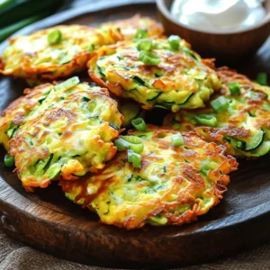 - 2 medium zucchinis, grated - 1 teaspoon salt - 1/2 cup all-purpose flour - 1/2 cup shredded mozzarella cheese - 1/4 cup grated Parmesan cheese - 1 large egg - 2 green onions, finely chopped - 2 cloves garlic, minced - 1 teaspoon dried oregano - 1/2 teaspoon black pepper - 1/4 teaspoon red pepper flakes (optional) - Olive oil for frying When making cheesy zucchini fritters, the ingredients play a vital role. Each element adds flavor and texture to the dish. I recommend using fresh zucchinis. They should be firm and bright in color. The salt helps to draw out moisture from the zucchini. This step is crucial. It ensures the fritters are crispy and not soggy. For the cheeses, mozzarella adds a nice stretch, while Parmesan gives a rich flavor. The egg binds the mixture together. Green onions bring a mild onion taste. Garlic enhances the overall flavor profile. Oregano adds an Italian touch. Black pepper gives a slight kick, and red pepper flakes can add a fun heat. - Zucchini alternatives: You can use yellow squash if zucchinis are not available. Both have similar textures. - Cheese variations: For a twist, try using cheddar or feta cheese. Each will change the flavor profile. - Egg replacements: If you prefer not to use eggs, a flaxseed meal or a chia seed mix can work well. Mix one tablespoon of flaxseed meal with two and a half tablespoons of water. Let it sit for a few minutes to thicken. This recipe is simple, but the right ingredients make all the difference. For the full recipe, check out the detailed instructions on how to whip up these delightful fritters. First, you need to grate the zucchinis. Use a box grater or a food processor. Grate them into a bowl. Then, sprinkle one teaspoon of salt over the grated zucchini. This salt draws out moisture. Let the zucchini sit for about 10 minutes. This step is key for crispy fritters. After 10 minutes, grab a clean kitchen towel. Place the grated zucchini in the center of the towel. Twist the towel tightly to squeeze out the liquid. You want to remove as much moisture as you can. Once done, transfer the drained zucchini to a large mixing bowl. In the mixing bowl, you will combine the dry and wet ingredients. Start by adding half a cup of all-purpose flour. Then, add half a cup of shredded mozzarella cheese and a quarter cup of grated Parmesan cheese. Next, crack one large egg into the bowl. Add two finely chopped green onions, two minced garlic cloves, one teaspoon of dried oregano, half a teaspoon of black pepper, and a quarter teaspoon of red pepper flakes if you want some heat. Mix everything well until you have a uniform mixture. This will ensure every bite is packed with flavor. Now, it’s time to cook the fritters. Heat a skillet over medium heat. Pour in about two tablespoons of olive oil for frying. Wait until the oil is hot but not smoking. Scoop about two tablespoons of the zucchini mixture. Flatten it into a fritter shape with your hands. Carefully place it into the skillet. Repeat this with the remaining mixture. Be sure not to overcrowd the pan. Cook each fritter for three to four minutes on each side. Look for a golden brown color and a crispy texture. Adjust the heat as needed to avoid burning. Once cooked, transfer the fritters to a paper towel-lined plate to absorb any extra oil. Serve warm for the best taste. Follow these steps for a delightful meal. You can find the complete cooking guide in the Full Recipe. To make crispy fritters, you must remove moisture from the zucchini. Zucchini holds a lot of water. If you skip this step, your fritters will be soggy. After grating the zucchini, sprinkle salt on it. Let it sit for 10 minutes. This pulls moisture out. Then, use a clean towel to squeeze out the extra liquid. Next, oil temperature matters. Heat the olive oil over medium heat. You want it hot but not smoking. If the oil is too cool, the fritters will absorb it and become greasy. If it's too hot, they will burn. A good test is to drop a small bit of the zucchini mix in. If it sizzles, you're ready to go. Cheesy zucchini fritters taste great with dips. Sour cream or yogurt complements them well. You can also try a tangy ranch or a spicy salsa. If you want something lighter, pair them with a fresh green salad. A simple mix of greens with a light vinaigrette works well. You can also serve them with grilled veggies for extra flavor. When frying multiple fritters, cook in small batches. This gives each fritter space to crisp up. Overcrowding the pan leads to steaming, not frying. Keep the heat steady as you cook. To keep fritters warm, place them on a plate in a warm oven. Set the oven to a low temperature, around 200°F (93°C). This way, you can serve all the fritters at once without losing heat. For the full recipe, check the section above. {{image_2}} You can change the taste of your fritters by adding herbs and spices. Fresh herbs like basil or parsley bring bright flavors. Dried herbs like thyme or rosemary also work well. You can even sprinkle in some Italian seasoning for a fun twist. Using different cheeses can also enhance flavor. Cheddar adds a sharp, rich taste. Feta cheese gives a crumbly texture and a tangy kick. Mixing cheeses can create a unique combination that excites your palate. Feel free to incorporate other vegetables. Carrots, corn, or bell peppers add color and taste. You can even sneak in some spinach for extra health benefits. Mixing in these veggies makes your fritters more nutritious and fun. If you want to make it vegan-friendly, swap the egg for a flaxseed mixture. Use 1 tablespoon of flaxseed meal mixed with 2.5 tablespoons of water. Let it sit for a few minutes until it gets gooey. You can also use chickpea flour instead of all-purpose flour for a gluten-free option. Baking your fritters can be a healthier choice. Preheat your oven to 400°F (200°C). Place the fritters on a greased baking sheet and bake for about 20 minutes. Flip them halfway for even cooking. You can also use an air fryer. Preheat it to 375°F (190°C). Spray the basket with oil and cook the fritters for about 10-12 minutes. The air fryer gives you crispy fritters without much oil. Try these methods for a fun twist on the classic recipe! For the full recipe, check out the recipe section above. To keep your tasty cheesy zucchini fritters fresh, store them properly. - Refrigeration tips: Place the fritters in an airtight container. They will last for 3 to 4 days in the fridge. You can also layer them with parchment paper to keep them from sticking together. - Freezing instructions: For longer storage, freeze fritters. Allow them to cool completely before placing them in a freezer-safe bag. They can stay good for up to 3 months. Just remember to label the bag with the date! When you're ready to enjoy your fritters again, reheating them right is key. - Best practices for microwave and oven reheating: For the microwave, place a fritter on a plate and cover it with a damp paper towel. Heat for about 30 seconds. For the oven, preheat to 375°F (190°C). Place fritters on a baking sheet and heat for about 10 minutes. - Tips for restoring crispiness: To get that crispy texture back, use the oven or a skillet. Heat a little oil in the skillet and fry each fritter for a few minutes on each side. This way, they will be crispy and delicious, just like when you first made them! Find the Full Recipe for more details. To make cheesy zucchini fritters crispy, start by removing moisture from the zucchini. Grate the zucchini and sprinkle it with salt. Let it sit for about 10 minutes. Then, squeeze out excess water using a clean kitchen towel. This step is key. Use enough oil when frying. A hot skillet also helps. Fry each fritter until golden and crunchy. This method gives you the perfect texture. Yes, you can make cheesy zucchini fritters ahead of time. Prepare the mixture and store it in the fridge for up to 24 hours. This saves time when you're ready to cook. You can also fry the fritters and keep them warm in a low oven. For longer storage, freeze cooked fritters. Just reheat them in the oven for a quick meal. Cheesy zucchini fritters pair well with many sides. You can serve them with sour cream or yogurt for dipping. A fresh salad also complements the fritters nicely. Consider a light coleslaw or a simple green salad. You can even serve them as a side dish with grilled meats. The options are endless! You can tell when the fritters are done cooking by their color. They should be golden brown on both sides. Cooking time is usually 3-4 minutes per side. You can also check the texture. They should feel firm but tender inside. If they are crispy on the outside, you’re ready to enjoy! To make cheesy zucchini fritters, you need simple ingredients and easy steps. Here’s a quick look at what you need to gather and how to prepare them. - Ingredients: - 2 medium zucchinis, grated - 1 teaspoon salt - 1/2 cup all-purpose flour - 1/2 cup shredded mozzarella cheese - 1/4 cup grated Parmesan cheese - 1 large egg - 2 green onions, finely chopped - 2 cloves garlic, minced - 1 teaspoon dried oregano - 1/2 teaspoon black pepper - 1/4 teaspoon red pepper flakes (optional) - Olive oil for frying - Instructions Recap: 1. Grate the zucchinis and salt them. Let them sit for 10 minutes. 2. Squeeze out the moisture with a towel and put the zucchini in a bowl. 3. Add flour, mozzarella, Parmesan, egg, green onions, garlic, oregano, black pepper, and optional red pepper flakes. Mix well. 4. Heat olive oil in a skillet over medium heat. 5. Scoop 2 tablespoons of the mixture, flatten it, and place it in the skillet. 6. Cook for 3-4 minutes on each side until golden brown. 7. Place cooked fritters on a paper towel to remove excess oil. 8. Serve warm, with sour cream or yogurt if desired. Cooking time is about 30 minutes with a prep time of 15 minutes. Each batch of fritters cooks quickly, so keep an eye on them. Enjoy the deliciousness of cheesy zucchini fritters made from the full recipe! In this blog post, I covered how to make cheesy zucchini fritters. We discussed the key ingredients, step-by-step cooking instructions, and tips for perfect fritters. I shared ways to customize the recipe as well as storage and reheating methods. Now you have all the tools to create delicious fritters at home. Enjoy the taste and make it your own!