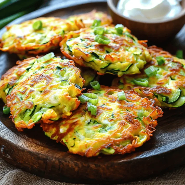 - 2 medium zucchinis, grated - 1 teaspoon salt - 1/2 cup all-purpose flour - 1/2 cup shredded mozzarella cheese - 1/4 cup grated Parmesan cheese - 1 large egg - 2 green onions, finely chopped - 2 cloves garlic, minced - 1 teaspoon dried oregano - 1/2 teaspoon black pepper - 1/4 teaspoon red pepper flakes (optional) - Olive oil for frying When making cheesy zucchini fritters, the ingredients play a vital role. Each element adds flavor and texture to the dish. I recommend using fresh zucchinis. They should be firm and bright in color. The salt helps to draw out moisture from the zucchini. This step is crucial. It ensures the fritters are crispy and not soggy. For the cheeses, mozzarella adds a nice stretch, while Parmesan gives a rich flavor. The egg binds the mixture together. Green onions bring a mild onion taste. Garlic enhances the overall flavor profile. Oregano adds an Italian touch. Black pepper gives a slight kick, and red pepper flakes can add a fun heat. - Zucchini alternatives: You can use yellow squash if zucchinis are not available. Both have similar textures. - Cheese variations: For a twist, try using cheddar or feta cheese. Each will change the flavor profile. - Egg replacements: If you prefer not to use eggs, a flaxseed meal or a chia seed mix can work well. Mix one tablespoon of flaxseed meal with two and a half tablespoons of water. Let it sit for a few minutes to thicken. This recipe is simple, but the right ingredients make all the difference. For the full recipe, check out the detailed instructions on how to whip up these delightful fritters. First, you need to grate the zucchinis. Use a box grater or a food processor. Grate them into a bowl. Then, sprinkle one teaspoon of salt over the grated zucchini. This salt draws out moisture. Let the zucchini sit for about 10 minutes. This step is key for crispy fritters. After 10 minutes, grab a clean kitchen towel. Place the grated zucchini in the center of the towel. Twist the towel tightly to squeeze out the liquid. You want to remove as much moisture as you can. Once done, transfer the drained zucchini to a large mixing bowl. In the mixing bowl, you will combine the dry and wet ingredients. Start by adding half a cup of all-purpose flour. Then, add half a cup of shredded mozzarella cheese and a quarter cup of grated Parmesan cheese. Next, crack one large egg into the bowl. Add two finely chopped green onions, two minced garlic cloves, one teaspoon of dried oregano, half a teaspoon of black pepper, and a quarter teaspoon of red pepper flakes if you want some heat. Mix everything well until you have a uniform mixture. This will ensure every bite is packed with flavor. Now, it’s time to cook the fritters. Heat a skillet over medium heat. Pour in about two tablespoons of olive oil for frying. Wait until the oil is hot but not smoking. Scoop about two tablespoons of the zucchini mixture. Flatten it into a fritter shape with your hands. Carefully place it into the skillet. Repeat this with the remaining mixture. Be sure not to overcrowd the pan. Cook each fritter for three to four minutes on each side. Look for a golden brown color and a crispy texture. Adjust the heat as needed to avoid burning. Once cooked, transfer the fritters to a paper towel-lined plate to absorb any extra oil. Serve warm for the best taste. Follow these steps for a delightful meal. You can find the complete cooking guide in the Full Recipe. To make crispy fritters, you must remove moisture from the zucchini. Zucchini holds a lot of water. If you skip this step, your fritters will be soggy. After grating the zucchini, sprinkle salt on it. Let it sit for 10 minutes. This pulls moisture out. Then, use a clean towel to squeeze out the extra liquid. Next, oil temperature matters. Heat the olive oil over medium heat. You want it hot but not smoking. If the oil is too cool, the fritters will absorb it and become greasy. If it's too hot, they will burn. A good test is to drop a small bit of the zucchini mix in. If it sizzles, you're ready to go. Cheesy zucchini fritters taste great with dips. Sour cream or yogurt complements them well. You can also try a tangy ranch or a spicy salsa. If you want something lighter, pair them with a fresh green salad. A simple mix of greens with a light vinaigrette works well. You can also serve them with grilled veggies for extra flavor. When frying multiple fritters, cook in small batches. This gives each fritter space to crisp up. Overcrowding the pan leads to steaming, not frying. Keep the heat steady as you cook. To keep fritters warm, place them on a plate in a warm oven. Set the oven to a low temperature, around 200°F (93°C). This way, you can serve all the fritters at once without losing heat. For the full recipe, check the section above. {{image_2}} You can change the taste of your fritters by adding herbs and spices. Fresh herbs like basil or parsley bring bright flavors. Dried herbs like thyme or rosemary also work well. You can even sprinkle in some Italian seasoning for a fun twist. Using different cheeses can also enhance flavor. Cheddar adds a sharp, rich taste. Feta cheese gives a crumbly texture and a tangy kick. Mixing cheeses can create a unique combination that excites your palate. Feel free to incorporate other vegetables. Carrots, corn, or bell peppers add color and taste. You can even sneak in some spinach for extra health benefits. Mixing in these veggies makes your fritters more nutritious and fun. If you want to make it vegan-friendly, swap the egg for a flaxseed mixture. Use 1 tablespoon of flaxseed meal mixed with 2.5 tablespoons of water. Let it sit for a few minutes until it gets gooey. You can also use chickpea flour instead of all-purpose flour for a gluten-free option. Baking your fritters can be a healthier choice. Preheat your oven to 400°F (200°C). Place the fritters on a greased baking sheet and bake for about 20 minutes. Flip them halfway for even cooking. You can also use an air fryer. Preheat it to 375°F (190°C). Spray the basket with oil and cook the fritters for about 10-12 minutes. The air fryer gives you crispy fritters without much oil. Try these methods for a fun twist on the classic recipe! For the full recipe, check out the recipe section above. To keep your tasty cheesy zucchini fritters fresh, store them properly. - Refrigeration tips: Place the fritters in an airtight container. They will last for 3 to 4 days in the fridge. You can also layer them with parchment paper to keep them from sticking together. - Freezing instructions: For longer storage, freeze fritters. Allow them to cool completely before placing them in a freezer-safe bag. They can stay good for up to 3 months. Just remember to label the bag with the date! When you're ready to enjoy your fritters again, reheating them right is key. - Best practices for microwave and oven reheating: For the microwave, place a fritter on a plate and cover it with a damp paper towel. Heat for about 30 seconds. For the oven, preheat to 375°F (190°C). Place fritters on a baking sheet and heat for about 10 minutes. - Tips for restoring crispiness: To get that crispy texture back, use the oven or a skillet. Heat a little oil in the skillet and fry each fritter for a few minutes on each side. This way, they will be crispy and delicious, just like when you first made them! Find the Full Recipe for more details. To make cheesy zucchini fritters crispy, start by removing moisture from the zucchini. Grate the zucchini and sprinkle it with salt. Let it sit for about 10 minutes. Then, squeeze out excess water using a clean kitchen towel. This step is key. Use enough oil when frying. A hot skillet also helps. Fry each fritter until golden and crunchy. This method gives you the perfect texture. Yes, you can make cheesy zucchini fritters ahead of time. Prepare the mixture and store it in the fridge for up to 24 hours. This saves time when you're ready to cook. You can also fry the fritters and keep them warm in a low oven. For longer storage, freeze cooked fritters. Just reheat them in the oven for a quick meal. Cheesy zucchini fritters pair well with many sides. You can serve them with sour cream or yogurt for dipping. A fresh salad also complements the fritters nicely. Consider a light coleslaw or a simple green salad. You can even serve them as a side dish with grilled meats. The options are endless! You can tell when the fritters are done cooking by their color. They should be golden brown on both sides. Cooking time is usually 3-4 minutes per side. You can also check the texture. They should feel firm but tender inside. If they are crispy on the outside, you’re ready to enjoy! To make cheesy zucchini fritters, you need simple ingredients and easy steps. Here’s a quick look at what you need to gather and how to prepare them. - Ingredients: - 2 medium zucchinis, grated - 1 teaspoon salt - 1/2 cup all-purpose flour - 1/2 cup shredded mozzarella cheese - 1/4 cup grated Parmesan cheese - 1 large egg - 2 green onions, finely chopped - 2 cloves garlic, minced - 1 teaspoon dried oregano - 1/2 teaspoon black pepper - 1/4 teaspoon red pepper flakes (optional) - Olive oil for frying - Instructions Recap: 1. Grate the zucchinis and salt them. Let them sit for 10 minutes. 2. Squeeze out the moisture with a towel and put the zucchini in a bowl. 3. Add flour, mozzarella, Parmesan, egg, green onions, garlic, oregano, black pepper, and optional red pepper flakes. Mix well. 4. Heat olive oil in a skillet over medium heat. 5. Scoop 2 tablespoons of the mixture, flatten it, and place it in the skillet. 6. Cook for 3-4 minutes on each side until golden brown. 7. Place cooked fritters on a paper towel to remove excess oil. 8. Serve warm, with sour cream or yogurt if desired. Cooking time is about 30 minutes with a prep time of 15 minutes. Each batch of fritters cooks quickly, so keep an eye on them. Enjoy the deliciousness of cheesy zucchini fritters made from the full recipe! In this blog post, I covered how to make cheesy zucchini fritters. We discussed the key ingredients, step-by-step cooking instructions, and tips for perfect fritters. I shared ways to customize the recipe as well as storage and reheating methods. Now you have all the tools to create delicious fritters at home. Enjoy the taste and make it your own!