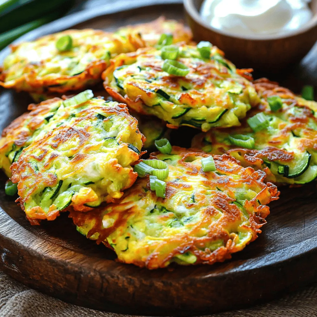 - 2 medium zucchinis, grated - 1 teaspoon salt - 1/2 cup all-purpose flour - 1/2 cup shredded mozzarella cheese - 1/4 cup grated Parmesan cheese - 1 large egg - 2 green onions, finely chopped - 2 cloves garlic, minced - 1 teaspoon dried oregano - 1/2 teaspoon black pepper - 1/4 teaspoon red pepper flakes (optional) - Olive oil for frying When making cheesy zucchini fritters, the ingredients play a vital role. Each element adds flavor and texture to the dish. I recommend using fresh zucchinis. They should be firm and bright in color. The salt helps to draw out moisture from the zucchini. This step is crucial. It ensures the fritters are crispy and not soggy. For the cheeses, mozzarella adds a nice stretch, while Parmesan gives a rich flavor. The egg binds the mixture together. Green onions bring a mild onion taste. Garlic enhances the overall flavor profile. Oregano adds an Italian touch. Black pepper gives a slight kick, and red pepper flakes can add a fun heat. - Zucchini alternatives: You can use yellow squash if zucchinis are not available. Both have similar textures. - Cheese variations: For a twist, try using cheddar or feta cheese. Each will change the flavor profile. - Egg replacements: If you prefer not to use eggs, a flaxseed meal or a chia seed mix can work well. Mix one tablespoon of flaxseed meal with two and a half tablespoons of water. Let it sit for a few minutes to thicken. This recipe is simple, but the right ingredients make all the difference. For the full recipe, check out the detailed instructions on how to whip up these delightful fritters. First, you need to grate the zucchinis. Use a box grater or a food processor. Grate them into a bowl. Then, sprinkle one teaspoon of salt over the grated zucchini. This salt draws out moisture. Let the zucchini sit for about 10 minutes. This step is key for crispy fritters. After 10 minutes, grab a clean kitchen towel. Place the grated zucchini in the center of the towel. Twist the towel tightly to squeeze out the liquid. You want to remove as much moisture as you can. Once done, transfer the drained zucchini to a large mixing bowl. In the mixing bowl, you will combine the dry and wet ingredients. Start by adding half a cup of all-purpose flour. Then, add half a cup of shredded mozzarella cheese and a quarter cup of grated Parmesan cheese. Next, crack one large egg into the bowl. Add two finely chopped green onions, two minced garlic cloves, one teaspoon of dried oregano, half a teaspoon of black pepper, and a quarter teaspoon of red pepper flakes if you want some heat. Mix everything well until you have a uniform mixture. This will ensure every bite is packed with flavor. Now, it’s time to cook the fritters. Heat a skillet over medium heat. Pour in about two tablespoons of olive oil for frying. Wait until the oil is hot but not smoking. Scoop about two tablespoons of the zucchini mixture. Flatten it into a fritter shape with your hands. Carefully place it into the skillet. Repeat this with the remaining mixture. Be sure not to overcrowd the pan. Cook each fritter for three to four minutes on each side. Look for a golden brown color and a crispy texture. Adjust the heat as needed to avoid burning. Once cooked, transfer the fritters to a paper towel-lined plate to absorb any extra oil. Serve warm for the best taste. Follow these steps for a delightful meal. You can find the complete cooking guide in the Full Recipe. To make crispy fritters, you must remove moisture from the zucchini. Zucchini holds a lot of water. If you skip this step, your fritters will be soggy. After grating the zucchini, sprinkle salt on it. Let it sit for 10 minutes. This pulls moisture out. Then, use a clean towel to squeeze out the extra liquid. Next, oil temperature matters. Heat the olive oil over medium heat. You want it hot but not smoking. If the oil is too cool, the fritters will absorb it and become greasy. If it's too hot, they will burn. A good test is to drop a small bit of the zucchini mix in. If it sizzles, you're ready to go. Cheesy zucchini fritters taste great with dips. Sour cream or yogurt complements them well. You can also try a tangy ranch or a spicy salsa. If you want something lighter, pair them with a fresh green salad. A simple mix of greens with a light vinaigrette works well. You can also serve them with grilled veggies for extra flavor. When frying multiple fritters, cook in small batches. This gives each fritter space to crisp up. Overcrowding the pan leads to steaming, not frying. Keep the heat steady as you cook. To keep fritters warm, place them on a plate in a warm oven. Set the oven to a low temperature, around 200°F (93°C). This way, you can serve all the fritters at once without losing heat. For the full recipe, check the section above. {{image_2}} You can change the taste of your fritters by adding herbs and spices. Fresh herbs like basil or parsley bring bright flavors. Dried herbs like thyme or rosemary also work well. You can even sprinkle in some Italian seasoning for a fun twist. Using different cheeses can also enhance flavor. Cheddar adds a sharp, rich taste. Feta cheese gives a crumbly texture and a tangy kick. Mixing cheeses can create a unique combination that excites your palate. Feel free to incorporate other vegetables. Carrots, corn, or bell peppers add color and taste. You can even sneak in some spinach for extra health benefits. Mixing in these veggies makes your fritters more nutritious and fun. If you want to make it vegan-friendly, swap the egg for a flaxseed mixture. Use 1 tablespoon of flaxseed meal mixed with 2.5 tablespoons of water. Let it sit for a few minutes until it gets gooey. You can also use chickpea flour instead of all-purpose flour for a gluten-free option. Baking your fritters can be a healthier choice. Preheat your oven to 400°F (200°C). Place the fritters on a greased baking sheet and bake for about 20 minutes. Flip them halfway for even cooking. You can also use an air fryer. Preheat it to 375°F (190°C). Spray the basket with oil and cook the fritters for about 10-12 minutes. The air fryer gives you crispy fritters without much oil. Try these methods for a fun twist on the classic recipe! For the full recipe, check out the recipe section above. To keep your tasty cheesy zucchini fritters fresh, store them properly. - Refrigeration tips: Place the fritters in an airtight container. They will last for 3 to 4 days in the fridge. You can also layer them with parchment paper to keep them from sticking together. - Freezing instructions: For longer storage, freeze fritters. Allow them to cool completely before placing them in a freezer-safe bag. They can stay good for up to 3 months. Just remember to label the bag with the date! When you're ready to enjoy your fritters again, reheating them right is key. - Best practices for microwave and oven reheating: For the microwave, place a fritter on a plate and cover it with a damp paper towel. Heat for about 30 seconds. For the oven, preheat to 375°F (190°C). Place fritters on a baking sheet and heat for about 10 minutes. - Tips for restoring crispiness: To get that crispy texture back, use the oven or a skillet. Heat a little oil in the skillet and fry each fritter for a few minutes on each side. This way, they will be crispy and delicious, just like when you first made them! Find the Full Recipe for more details. To make cheesy zucchini fritters crispy, start by removing moisture from the zucchini. Grate the zucchini and sprinkle it with salt. Let it sit for about 10 minutes. Then, squeeze out excess water using a clean kitchen towel. This step is key. Use enough oil when frying. A hot skillet also helps. Fry each fritter until golden and crunchy. This method gives you the perfect texture. Yes, you can make cheesy zucchini fritters ahead of time. Prepare the mixture and store it in the fridge for up to 24 hours. This saves time when you're ready to cook. You can also fry the fritters and keep them warm in a low oven. For longer storage, freeze cooked fritters. Just reheat them in the oven for a quick meal. Cheesy zucchini fritters pair well with many sides. You can serve them with sour cream or yogurt for dipping. A fresh salad also complements the fritters nicely. Consider a light coleslaw or a simple green salad. You can even serve them as a side dish with grilled meats. The options are endless! You can tell when the fritters are done cooking by their color. They should be golden brown on both sides. Cooking time is usually 3-4 minutes per side. You can also check the texture. They should feel firm but tender inside. If they are crispy on the outside, you’re ready to enjoy! To make cheesy zucchini fritters, you need simple ingredients and easy steps. Here’s a quick look at what you need to gather and how to prepare them. - Ingredients: - 2 medium zucchinis, grated - 1 teaspoon salt - 1/2 cup all-purpose flour - 1/2 cup shredded mozzarella cheese - 1/4 cup grated Parmesan cheese - 1 large egg - 2 green onions, finely chopped - 2 cloves garlic, minced - 1 teaspoon dried oregano - 1/2 teaspoon black pepper - 1/4 teaspoon red pepper flakes (optional) - Olive oil for frying - Instructions Recap: 1. Grate the zucchinis and salt them. Let them sit for 10 minutes. 2. Squeeze out the moisture with a towel and put the zucchini in a bowl. 3. Add flour, mozzarella, Parmesan, egg, green onions, garlic, oregano, black pepper, and optional red pepper flakes. Mix well. 4. Heat olive oil in a skillet over medium heat. 5. Scoop 2 tablespoons of the mixture, flatten it, and place it in the skillet. 6. Cook for 3-4 minutes on each side until golden brown. 7. Place cooked fritters on a paper towel to remove excess oil. 8. Serve warm, with sour cream or yogurt if desired. Cooking time is about 30 minutes with a prep time of 15 minutes. Each batch of fritters cooks quickly, so keep an eye on them. Enjoy the deliciousness of cheesy zucchini fritters made from the full recipe! In this blog post, I covered how to make cheesy zucchini fritters. We discussed the key ingredients, step-by-step cooking instructions, and tips for perfect fritters. I shared ways to customize the recipe as well as storage and reheating methods. Now you have all the tools to create delicious fritters at home. Enjoy the taste and make it your own!