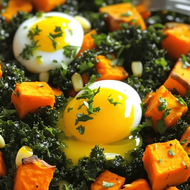 - 2 medium sweet potatoes, peeled and diced - 1 tablespoon olive oil - 1 small onion, finely chopped - 2 cloves garlic, minced - 1 bell pepper (any color), diced - 4 cups fresh kale, chopped - 1 teaspoon smoked paprika - 1/2 teaspoon cumin - Salt and pepper to taste - 2 large eggs (optional) - Fresh parsley, chopped (for garnish) When cooking, I always measure carefully to get the best flavor. For the sweet potatoes, medium-sized ones work well. If they are too large, they can overpower the dish. Use just enough olive oil to coat the pan. One tablespoon is perfect. Adjust the spices to your taste, but start with the amounts listed. Using fresh ingredients makes a big difference. Fresh sweet potatoes and kale have better flavor and texture. Frozen kale can work in a pinch, but it may not hold up as well in the hash. If using frozen sweet potatoes, make sure they are fully thawed. This ensures they cook evenly. Always choose fresh when possible for the best results in your sweet potato and kale hash. For the full recipe, check out the details above. First, gather your ingredients. You will need sweet potatoes, onion, garlic, bell pepper, kale, and spices. Peel and dice the sweet potatoes into small cubes. Chop the onion and bell pepper finely. Mince the garlic. Rinse the kale and chop it into bite-sized pieces. 1. Heat the olive oil in a large skillet over medium heat. 2. Add the diced sweet potatoes. Season them with salt and pepper. Cook for about 10-12 minutes. Stir them occasionally until they soften and lightly brown. 3. Next, add the chopped onion and bell pepper. Cook for another 5 minutes. The onion will become soft and clear. 4. Now, stir in the minced garlic, smoked paprika, and cumin. Cook for 1-2 minutes until the smell fills your kitchen. 5. Add the chopped kale to the skillet. Cook for a few minutes more until the kale wilts and becomes tender. 6. If you want, create small wells in the hash. Crack an egg into each well. Cover the skillet. Cook until the egg whites are set but the yolks remain runny, about 4-5 minutes. 7. Remove the skillet from heat. Adjust the seasoning with more salt and pepper. Garnish with fresh parsley before serving. - Make sure to cut the sweet potatoes evenly. This helps them cook at the same rate. - Stir often to prevent sticking and ensure even browning. - Feel free to add more veggies like zucchini or mushrooms for extra flavor. - Use fresh spices for the best taste. - If you like a bit of heat, add some chili flakes for a kick. For the full recipe, check out the Sweet Potato and Kale Hash section. Enjoy your tasty dish! To make your sweet potato and kale hash shine, focus on layering flavors. Start by cooking the sweet potatoes until they are soft and slightly golden. This step adds a nice caramelized taste. When you add the onion and bell pepper, cook them until soft. This helps to release their natural sweetness. Adding spices like smoked paprika and cumin boosts the flavor. They bring warmth and depth to the dish. Use fresh garlic for a punch of flavor. You can also try adding a splash of lemon juice at the end. It wakes up the whole dish and adds brightness. One common mistake is overcooking the kale. It should be wilted but not mushy. If you cook it too long, it loses its vibrant color and nutrients. Another mistake is not seasoning enough. Taste as you cook! Adjust the salt and pepper to your liking. Don't rush the cooking process. Give each ingredient time to shine. Lastly, avoid crowding the pan. If you add too many ingredients at once, they will steam instead of brown. Here are some tools to make cooking easier: - A large skillet or frying pan for even cooking. - A sharp knife for chopping the sweet potatoes and veggies. - A cutting board for safe and easy prep. - A spatula to stir and flip the hash. - A lid for the skillet, especially if you add eggs. These tools will help you create a delicious sweet potato and kale hash. For the full recipe, check out the detailed instructions provided. {{image_2}} You can switch sweet potatoes for other root veggies. Try butternut squash or parsnips for a new taste. These choices bring their own unique flavor. For greens, kale is great, but you can use spinach or Swiss chard too. Each option adds a fresh twist. Just chop them up and toss them in. Add-ins make the dish even better. You can mix in black beans or cooked quinoa for more nutrition. A sprinkle of cheese on top can add creaminess. Feta or cheddar works well. Try adding spices like chili powder for heat. Fresh herbs like cilantro or green onions can brighten the dish. Serve the hash warm on a plate. Top it with a fried egg for a hearty meal. You can also pair it with avocado slices for creaminess. This dish works well for breakfast, lunch, or dinner. Serve it with toast or tortillas for extra carbs. For the full recipe, check out the Sweet Potato and Kale Hash. After making your sweet potato and kale hash, store leftovers in an airtight container. Let the hash cool down first. This keeps the flavors fresh and tasty. Place it in the fridge and eat it within three to four days. If you want to keep it longer, freezing is a great option. To freeze the hash, follow these steps. First, allow the dish to cool completely. Then, transfer it to freezer-safe bags or containers. Make sure to remove as much air as possible. Label each bag with the date. You can store it in the freezer for up to three months. When you’re ready to eat it, just thaw it in the fridge overnight. Reheating is simple. You can use a skillet or microwave. For a skillet, add a little olive oil over medium heat. Place the hash in the skillet and stir until heated through. This usually takes about five to seven minutes. For the microwave, place the hash in a bowl. Heat it in one-minute intervals, stirring in between. Ensure it’s hot all the way through before serving. Enjoy your flavorful meal again! For the complete recipe, check out the Full Recipe section. To make this dish, start by heating olive oil in a skillet. Add diced sweet potatoes, salt, and pepper. Cook them for about 10-12 minutes. You want them to soften and get some brown spots. Next, add the chopped onion and bell pepper. Cook for another 5 minutes until the onion is clear. Then, mix in minced garlic, smoked paprika, and cumin. Stir for 1-2 minutes until it smells great. Finally, add chopped kale and cook until it wilts. If you want eggs, make small wells and crack one in each. Cover the skillet and cook until the egg whites are set. This whole process takes about 30 minutes. You can find the Full Recipe for more details. Yes, you can add protein to your hash! It works well with many types. You can use cooked sausage, bacon, or chicken. You can also add beans or tofu for a plant-based option. Just cook the protein first, then mix it in when you add the kale. This change makes the dish more filling and tasty. To adjust for meal prep, you can make a larger batch. Double the ingredients, and follow the same steps. Once cooked, let it cool and then store it in containers. You can keep it in the fridge for up to five days. When you want to eat, just reheat it in the microwave or on the stove. This makes it easy to enjoy healthy meals all week! This blog post covered a tasty sweet potato and kale hash recipe. We explored the best ingredients, precise measurements, and helpful cooking steps. You learned tips to enhance flavors and avoid mistakes. We also discussed fun variations and proper storage methods. Now you can make this dish your own. Experiment with different ingredients or add protein. Enjoy your cooking and make a meal that brightens your day!