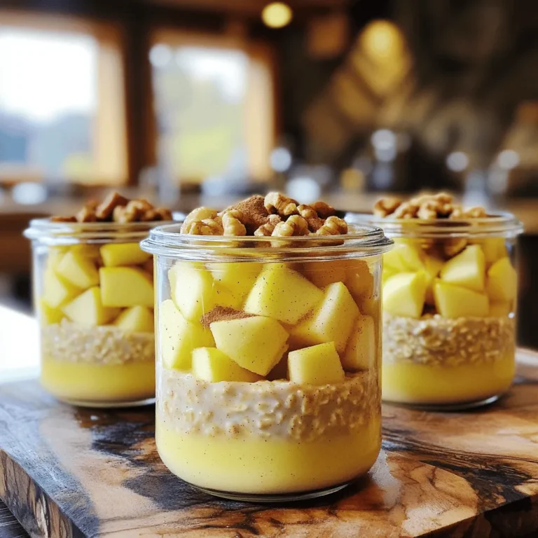 To make Apple Cinnamon Overnight Oats, gather these key ingredients: - 1 cup rolled oats - 2 cups almond milk (or any milk of choice) - 1 medium apple, diced (preferably a sweet variety like Fuji or Gala) - 1 teaspoon ground cinnamon - 2 tablespoons maple syrup (or honey) - 1/2 teaspoon vanilla extract - 1/4 cup Greek yogurt (optional for creaminess) - Pinch of salt - Chopped nuts (such as walnuts or pecans, for topping) - Extra apple slices and a dash of cinnamon for garnish These simple ingredients come together to create a tasty and filling breakfast. If you have dietary restrictions, don’t worry! You can easily adapt this recipe. - For a nut-free option, use oat milk instead of almond milk. - If you want it vegan, replace Greek yogurt with dairy-free yogurt. - Use agave nectar or stevia instead of maple syrup for a lower-sugar choice. These swaps keep the flavors and textures intact while meeting your needs. Using fresh apples gives a crisp and juicy bite to your oats. They add brightness and freshness. On the other hand, dried fruits, like raisins or dried apples, provide a chewy texture and a concentrated sweetness. If you choose dried fruits, soak them in water for a bit to soften them. This will prevent them from being too tough. Each type of fruit adds its own unique flavor profile, making it fun to experiment! For the full recipe, check out the complete guide on making these delicious oats. Start by gathering your ingredients. You need rolled oats, almond milk, diced apple, and some seasonings. In a large bowl, mix one cup of rolled oats with two cups of almond milk. If you want it creamy, add a quarter cup of Greek yogurt. Next, toss in the diced apple, one teaspoon of ground cinnamon, two tablespoons of maple syrup, and half a teaspoon of vanilla extract. Don’t forget a pinch of salt! Stir everything together well. You want all the flavors to mix nicely. Once your mixture is ready, it’s time to portion it out. Grab some jars or airtight containers. Divide the oat mixture evenly among them. Make sure the apples are spread out in each jar. Seal the jars tightly and place them in your fridge. Let them chill overnight. If you are short on time, four hours will work too. This soaking lets the oats absorb the liquid and flavors. In the morning, take your jars out of the fridge. Give the oats a good stir. If they seem too thick, add a splash of almond milk to loosen them up. Now for the fun part! Top your oats with chopped nuts, like walnuts or pecans. Add extra apple slices and a dash of cinnamon for a nice finish. These toppings make your breakfast look great and taste even better. Enjoy your Apple Cinnamon Overnight Oats for a tasty and filling start to your day! For the full recipe, check out the complete details. To get the perfect texture, use rolled oats. They soak up liquid well. If you like a creamier mix, add Greek yogurt. It gives a rich taste and smooth feel. Let the oats sit overnight. This helps them soften just right. If your oats feel too thick in the morning, add a splash of almond milk. Stir it in until you reach the texture you enjoy. Cinnamon is a star in this recipe, but you can add more spices. Try a pinch of nutmeg for warmth. A dash of ginger adds a nice kick, too. If you like it sweeter, a bit of vanilla extract can help. Mix and match spices to find your favorite blend. Experimenting makes your overnight oats exciting! To make busy mornings easier, prep multiple jars at once. It only takes about ten minutes. Use clear jars to see the layers and colors. This makes breakfast feel special. Store them in the fridge for up to five days. Grab a jar each morning, and you are ready to go! For a quick morning treat, top with chopped nuts or extra apple slices before eating. For the full recipe, check out the main section. {{image_2}} You can mix up your apple cinnamon overnight oats with different fruits. Bananas add a creamy texture and natural sweetness. Berries like blueberries or strawberries offer a burst of tartness. You can also try pears for a juicy twist. Each fruit brings its own flavor, making breakfast fun and varied. Boosting protein in your oats is easy. You can stir in nut butters like almond or peanut for a rich taste. Just one tablespoon adds a lot of creaminess. If you prefer a lighter option, try protein powder. Mix in a scoop when you combine your oats and milk. This keeps you full and supports muscle health. If you want a vegan version, there are great options. Replace Greek yogurt with a plant-based yogurt. Coconut yogurt is a fantastic choice for added creaminess. Another option is to use mashed avocado. It sounds odd, but it gives a smooth texture without changing the taste much. These swaps make your oats creamy while keeping them vegan-friendly. Apple Cinnamon Overnight Oats stay fresh in the fridge for about 3 to 5 days. Make sure to store them in airtight containers. This keeps them tasty and safe to eat. If you notice any changes in smell or texture, it’s best to toss them. You can freeze the oats for up to 3 months. To do this, use freezer-safe containers. Leave some space at the top, as the oats will expand. When you're ready to eat, let them thaw in the fridge overnight. This method keeps all the flavors intact. If you prefer warm oats, simply reheat them in the microwave. Place the oats in a bowl and microwave for 30 seconds. Stir and check the temperature. If they need more heat, microwave in 10-second intervals. You can add a splash of almond milk before heating to keep them creamy. Yes, you can make Apple Cinnamon Overnight Oats in advance. In fact, preparing them the night before is best. This allows the oats to soak up the milk and flavors. You can store them in jars or containers. Just seal them well and place them in the fridge overnight. They will be ready to eat in the morning! You can use several options instead of almond milk. Here are some great choices: - Cow's milk - Soy milk - Oat milk - Coconut milk Each type of milk brings its own flavor. Choose the one you enjoy most! Yes, overnight oats are healthy! They are high in fiber, which helps digestion. They provide energy and keep you full. Plus, they have vitamins from the apples and spices. You can also add yogurt or nuts for extra protein. To adjust the sweetness, you have a few options: - Add more maple syrup or honey. - Use a ripe banana for natural sweetness. - Sprinkle in some brown sugar or any sweetener you like. Start small and taste as you go until you find your perfect mix! You can check the full recipe for more details. This blog post covered the key elements of making delicious overnight oats. We explored ingredients and substitutions, plus how fresh or dried fruits can change the taste. The step-by-step guide showed you how to prepare, layer, and enjoy these oats. With tips for texture and flavor, you can customize your breakfast easily. Variations let you mix and match fruits and proteins to fit your needs. Remember, proper storage keeps your oats fresh. Enjoy your tasty and healthy morning meal!