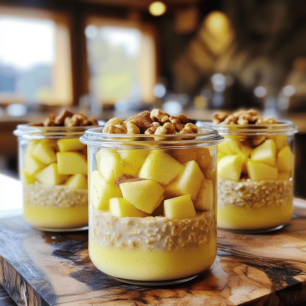 To make Apple Cinnamon Overnight Oats, gather these key ingredients: - 1 cup rolled oats - 2 cups almond milk (or any milk of choice) - 1 medium apple, diced (preferably a sweet variety like Fuji or Gala) - 1 teaspoon ground cinnamon - 2 tablespoons maple syrup (or honey) - 1/2 teaspoon vanilla extract - 1/4 cup Greek yogurt (optional for creaminess) - Pinch of salt - Chopped nuts (such as walnuts or pecans, for topping) - Extra apple slices and a dash of cinnamon for garnish These simple ingredients come together to create a tasty and filling breakfast. If you have dietary restrictions, don’t worry! You can easily adapt this recipe. - For a nut-free option, use oat milk instead of almond milk. - If you want it vegan, replace Greek yogurt with dairy-free yogurt. - Use agave nectar or stevia instead of maple syrup for a lower-sugar choice. These swaps keep the flavors and textures intact while meeting your needs. Using fresh apples gives a crisp and juicy bite to your oats. They add brightness and freshness. On the other hand, dried fruits, like raisins or dried apples, provide a chewy texture and a concentrated sweetness. If you choose dried fruits, soak them in water for a bit to soften them. This will prevent them from being too tough. Each type of fruit adds its own unique flavor profile, making it fun to experiment! For the full recipe, check out the complete guide on making these delicious oats. Start by gathering your ingredients. You need rolled oats, almond milk, diced apple, and some seasonings. In a large bowl, mix one cup of rolled oats with two cups of almond milk. If you want it creamy, add a quarter cup of Greek yogurt. Next, toss in the diced apple, one teaspoon of ground cinnamon, two tablespoons of maple syrup, and half a teaspoon of vanilla extract. Don’t forget a pinch of salt! Stir everything together well. You want all the flavors to mix nicely. Once your mixture is ready, it’s time to portion it out. Grab some jars or airtight containers. Divide the oat mixture evenly among them. Make sure the apples are spread out in each jar. Seal the jars tightly and place them in your fridge. Let them chill overnight. If you are short on time, four hours will work too. This soaking lets the oats absorb the liquid and flavors. In the morning, take your jars out of the fridge. Give the oats a good stir. If they seem too thick, add a splash of almond milk to loosen them up. Now for the fun part! Top your oats with chopped nuts, like walnuts or pecans. Add extra apple slices and a dash of cinnamon for a nice finish. These toppings make your breakfast look great and taste even better. Enjoy your Apple Cinnamon Overnight Oats for a tasty and filling start to your day! For the full recipe, check out the complete details. To get the perfect texture, use rolled oats. They soak up liquid well. If you like a creamier mix, add Greek yogurt. It gives a rich taste and smooth feel. Let the oats sit overnight. This helps them soften just right. If your oats feel too thick in the morning, add a splash of almond milk. Stir it in until you reach the texture you enjoy. Cinnamon is a star in this recipe, but you can add more spices. Try a pinch of nutmeg for warmth. A dash of ginger adds a nice kick, too. If you like it sweeter, a bit of vanilla extract can help. Mix and match spices to find your favorite blend. Experimenting makes your overnight oats exciting! To make busy mornings easier, prep multiple jars at once. It only takes about ten minutes. Use clear jars to see the layers and colors. This makes breakfast feel special. Store them in the fridge for up to five days. Grab a jar each morning, and you are ready to go! For a quick morning treat, top with chopped nuts or extra apple slices before eating. For the full recipe, check out the main section. {{image_2}} You can mix up your apple cinnamon overnight oats with different fruits. Bananas add a creamy texture and natural sweetness. Berries like blueberries or strawberries offer a burst of tartness. You can also try pears for a juicy twist. Each fruit brings its own flavor, making breakfast fun and varied. Boosting protein in your oats is easy. You can stir in nut butters like almond or peanut for a rich taste. Just one tablespoon adds a lot of creaminess. If you prefer a lighter option, try protein powder. Mix in a scoop when you combine your oats and milk. This keeps you full and supports muscle health. If you want a vegan version, there are great options. Replace Greek yogurt with a plant-based yogurt. Coconut yogurt is a fantastic choice for added creaminess. Another option is to use mashed avocado. It sounds odd, but it gives a smooth texture without changing the taste much. These swaps make your oats creamy while keeping them vegan-friendly. Apple Cinnamon Overnight Oats stay fresh in the fridge for about 3 to 5 days. Make sure to store them in airtight containers. This keeps them tasty and safe to eat. If you notice any changes in smell or texture, it’s best to toss them. You can freeze the oats for up to 3 months. To do this, use freezer-safe containers. Leave some space at the top, as the oats will expand. When you're ready to eat, let them thaw in the fridge overnight. This method keeps all the flavors intact. If you prefer warm oats, simply reheat them in the microwave. Place the oats in a bowl and microwave for 30 seconds. Stir and check the temperature. If they need more heat, microwave in 10-second intervals. You can add a splash of almond milk before heating to keep them creamy. Yes, you can make Apple Cinnamon Overnight Oats in advance. In fact, preparing them the night before is best. This allows the oats to soak up the milk and flavors. You can store them in jars or containers. Just seal them well and place them in the fridge overnight. They will be ready to eat in the morning! You can use several options instead of almond milk. Here are some great choices: - Cow's milk - Soy milk - Oat milk - Coconut milk Each type of milk brings its own flavor. Choose the one you enjoy most! Yes, overnight oats are healthy! They are high in fiber, which helps digestion. They provide energy and keep you full. Plus, they have vitamins from the apples and spices. You can also add yogurt or nuts for extra protein. To adjust the sweetness, you have a few options: - Add more maple syrup or honey. - Use a ripe banana for natural sweetness. - Sprinkle in some brown sugar or any sweetener you like. Start small and taste as you go until you find your perfect mix! You can check the full recipe for more details. This blog post covered the key elements of making delicious overnight oats. We explored ingredients and substitutions, plus how fresh or dried fruits can change the taste. The step-by-step guide showed you how to prepare, layer, and enjoy these oats. With tips for texture and flavor, you can customize your breakfast easily. Variations let you mix and match fruits and proteins to fit your needs. Remember, proper storage keeps your oats fresh. Enjoy your tasty and healthy morning meal!