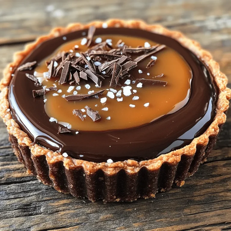 - 1 ½ cups all-purpose flour - 1/2 cup unsweetened cocoa powder - 1/4 cup powdered sugar - 1/2 cup cold unsalted butter, cubed - 1 large egg yolk - 2 tablespoons ice water - 1 cup granulated sugar - 1/2 cup heavy cream - 1/4 cup unsalted butter, diced - 1 teaspoon sea salt (divided) - 8 ounces dark chocolate (60-70% cacao), chopped - 1 teaspoon vanilla extract The key to a great salted caramel chocolate tart is using high-quality ingredients. Start with flour and cocoa powder for a rich crust. The powdered sugar adds sweetness to balance the cocoa. For the tart's texture, use cold, cubed unsalted butter. This keeps the crust tender. You’ll also need an egg yolk to help bind the dough. Ice water makes it easier to form the dough without warming it too much. For the caramel, granulated sugar melts into a sweet syrup. Heavy cream and butter add richness, while sea salt enhances the flavor. For the chocolate layer, choose dark chocolate with 60-70% cacao. This gives a deep, rich taste. Finally, vanilla extract adds warmth and depth to the chocolate. For the full recipe, refer to the previous section. - Combine 1 ½ cups of flour, 1/2 cup cocoa powder, and 1/4 cup powdered sugar in a food processor. - Add 1/2 cup cold unsalted butter and pulse until it looks like crumbs. - Next, add 1 large egg yolk and 2 tablespoons of ice water. Pulse until the dough forms. - Shape the dough into a disc, cover it in plastic, and chill for 30 minutes. - Preheat your oven to 350°F (175°C). - Roll out the chilled dough to about 1/4-inch thick on a floured surface. - Place the dough in a 9-inch tart pan and trim any excess. - Prick the bottom of the crust with a fork to prevent bubbling. - Bake for 15-18 minutes, or until the crust is set. - Let the crust cool completely before adding the filling. - In a medium pan, melt 1 cup of granulated sugar over medium heat. - Watch closely as it turns a deep amber color. Swirl the pan gently. - Carefully add 1/2 cup of heavy cream; it will bubble up. - Stir in 1/4 cup diced unsalted butter and 1/2 teaspoon sea salt until smooth. - Set the salted caramel mixture aside to cool. - In a heatproof bowl, combine 8 ounces of chopped dark chocolate and 1 teaspoon of vanilla extract. - Pour the warm salted caramel over the chocolate. Let it sit for one minute. - Stir until the mixture is fully combined and smooth. - Pour the chocolate-caramel mixture into the cooled tart crust. - Sprinkle the top with the remaining 1/2 teaspoon of sea salt. - Refrigerate the tart for at least 2 hours to set before serving. For the full recipe, including all details, check out the [Full Recipe]. - Use cold ingredients and chill the dough. This keeps the crust flaky. - Roll out the dough to about 1/4 inch thick. This gives the right texture. - Avoid overworking the dough. This helps keep it tender and light. - Control the heat when melting sugar. Medium heat gives the best color. - Add cream slowly to avoid splatter. This keeps you safe and clean. - Use sea salt for flavor. It enhances the caramel's rich taste. - Drizzle extra caramel sauce on top. This adds a beautiful touch. - Add chocolate shavings for elegance. They make the tart look fancy. - Serve the tart chilled. This provides the best taste experience. For the complete recipe, check out the Full Recipe. {{image_2}} You can switch up the chocolate to suit your taste. - Use milk chocolate for a sweeter tart. - Try bittersweet chocolate for a deep flavor. - For dairy-free needs, go for dark chocolate with no milk. - Add a few drops of flavor extracts like almond or orange for extra fun. Toppings can make your tart more exciting and tasty. - Add seasonal fruits like berries or slices of pear. They add a fresh touch. - Consider using nuts like chopped pecans or walnuts for crunch. - A sprinkle of sea salt enhances the sweet flavors well. - Top with flavored whipped cream for a creamy finish. The crust can change the whole tart experience. - For a gluten-free option, use almond flour or a gluten-free blend. - Want a richer taste? Use more butter or add cocoa powder for deeper flavor. - You can make a cookie crust using crushed cookies mixed with butter. It adds a fun twist. For the full recipe, check out the details above. Enjoy creating your own tasty variations! Store your salted caramel chocolate tart in the fridge. Use an airtight container or wrap it tightly in plastic wrap. This keeps it fresh and moist. The tart stays good for about 4 to 5 days. Always check for dryness if you store it longer. A cover is a must to prevent the tart from drying out. Yes, you can freeze the salted caramel chocolate tart! To freeze, wrap it well in plastic wrap and then in foil. This protects it from freezer burn. When you want to eat it, let it thaw in the fridge overnight. Freezing may change the texture a bit, but it will still taste great. Look for a change in smell or color to spot spoilage. If it smells off or looks odd, don't eat it. Also, check for any mold. To avoid spoilage, store it properly and eat it within the recommended time. Yes, you can make this tart ahead of time. I recommend preparing it a day before serving. This allows the flavors to blend well. Store it in the refrigerator. Wrap it tightly in plastic wrap. The tart can last for about three days in the fridge. This way, you can enjoy it without stress on the day of your event. If your salted caramel is too thick, don’t worry. You can easily adjust the thickness. Before using, gently reheat the caramel on low heat. Stir in a bit of heavy cream or water. This will help thin it out. Make sure to do this slowly. You want the caramel to remain smooth and creamy. Yes, you can replace dark chocolate with other kinds. Milk chocolate or semi-sweet chocolate works well. Each type will change the taste and sweetness. Milk chocolate will make it sweeter and creamier. Semi-sweet chocolate offers a balanced flavor. If you're looking for dairy-free options, use vegan chocolate. Just remember, the overall flavor will shift with each choice. Making a salted caramel chocolate tart is a fun and rewarding process. We covered the main ingredients, step-by-step instructions, and helpful tips to perfect your tart. Remember to control the heat for your caramel and chill your dough well. Explore variations for unique flavors and toppings. With proper storage, your tart will stay fresh and delicious. I hope you enjoy making this delightful dessert as much as I do. Happy baking!