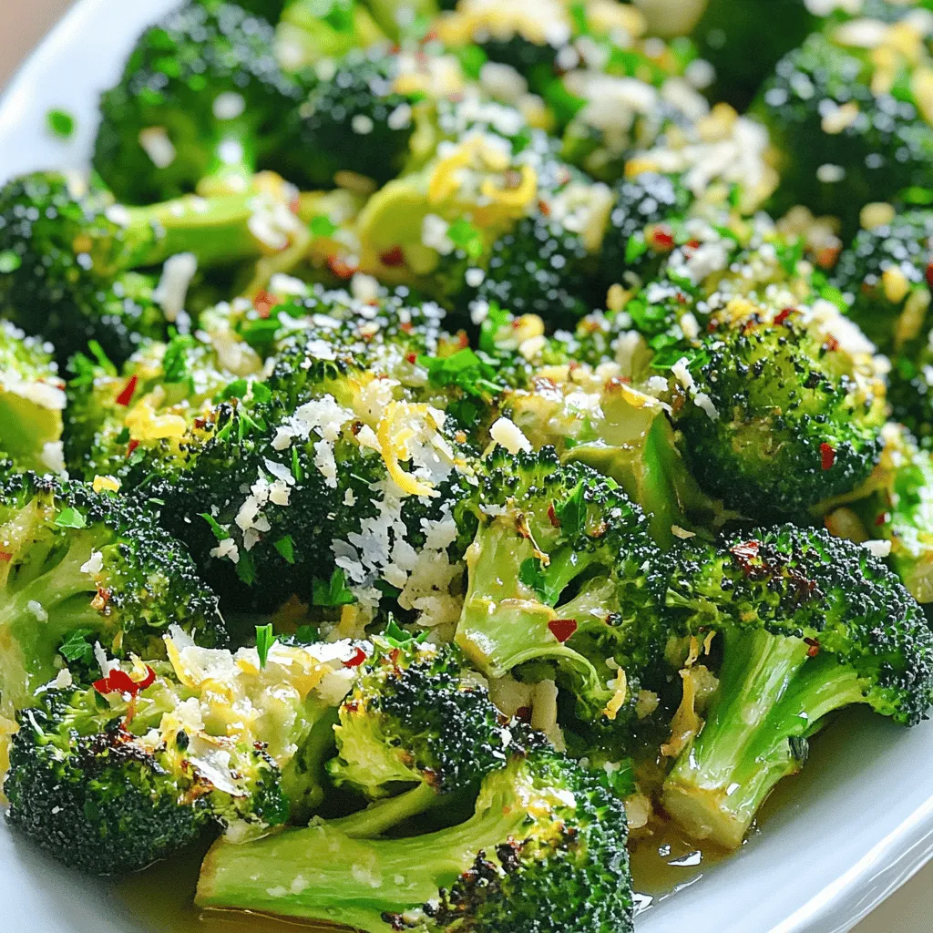 - 1 large head of broccoli, cut into florets - 4 cloves garlic, minced - 3 tablespoons olive oil - 1 lemon (juiced and zested) - 1 teaspoon red pepper flakes - Salt and pepper, to taste - Optional: 2 tablespoons grated Parmesan cheese - Fresh parsley, chopped for garnish When making Lemon Garlic Roasted Broccoli, you need fresh ingredients. Start with a large head of broccoli. Cut it into bite-sized florets. This helps it roast evenly. Next, you will need garlic. Four cloves, minced, add great flavor. Garlic brings warmth and depth to every bite. You will also need olive oil. Three tablespoons will keep the broccoli moist. It helps the flavors blend well too. Lemon is key for this dish. Juice one lemon and zest it. This adds a bright, fresh taste. The acidity of lemon lifts the entire dish. Red pepper flakes add a little heat. Just one teaspoon gives a nice kick. Adjust if you like it spicier or milder. Don’t forget salt and pepper. Seasoning is vital for flavor. Add to taste as you mix. For a cheesy touch, use Parmesan cheese. It’s optional, but the flavor is rich. Sprinkle it on in the last few minutes of roasting. Finally, chop fresh parsley for garnish. This adds color and a fresh taste to your dish. Now, you're ready to create a vibrant side dish! For the full recipe, refer to the details above. Each serving of this dish has about 100 calories. It is low in fat and high in fiber. Broccoli is packed with vitamins C and K. Garlic boosts your immune system. Lemon adds vitamin C, enhancing skin health. This dish is not only tasty but also good for you! You will need a few simple tools. Start with a baking sheet for roasting. A mixing bowl is essential for combining flavors. Finally, gather measuring spoons and cups for accuracy. These tools make the process easy and fun! - Preheat your oven to 425°F (220°C). - In a large mixing bowl, combine the broccoli florets and minced garlic. To start, the oven needs to be hot. Preheating it ensures the broccoli cooks evenly. Then, take your fresh broccoli and cut it into florets. The smaller the pieces, the better they will roast. Add minced garlic for a punch of flavor. Garlic pairs perfectly with broccoli and enhances its taste. - Drizzle in olive oil, lemon juice, and zest. - Add red pepper flakes, salt, and pepper, and toss to coat. Next, drizzle olive oil over the broccoli and garlic. This oil helps with roasting and adds richness. Squeeze in fresh lemon juice and add the lemon zest. The zest gives a bright flavor. Now, sprinkle red pepper flakes, salt, and pepper. Toss everything well to coat the broccoli evenly. This step is key for flavor. - Arrange broccoli on a baking sheet. - Roast for 15-20 minutes until tender and crispy. Spread the broccoli mixture on a baking sheet in one layer. This helps it roast better. Now, place the baking sheet in the preheated oven. Roast the broccoli for 15-20 minutes. You want it to be tender and crispy on the edges. If you like cheese, sprinkle some grated Parmesan in the last few minutes for extra flavor. This simple method makes a delicious side dish. For the complete recipe, check the Full Recipe section. To get the ideal crispiness, follow these simple steps. First, preheat your oven to 425°F (220°C). The right temperature is key for roasting. Next, make sure you spread the broccoli evenly on the baking sheet. This helps the heat circulate and cook the broccoli properly. If the pieces are too close, they will steam instead of roast. To boost flavor, consider adding more spices or seasonings. Garlic powder can enhance the garlic flavor. Fresh herbs like thyme or rosemary also work well. You can sprinkle these on before roasting. Try different flavors to find your favorite mix. Lemon Garlic Roasted Broccoli pairs well with many dishes. Serve it alongside grilled chicken or fish for a balanced meal. It also complements pasta dishes nicely. For a beautiful presentation, use a vibrant platter. Drizzle any leftover juices from the baking sheet over the broccoli for extra flavor. Enjoy! {{image_2}} You can add a delicious twist by using cheese. Parmesan cheese works great here. Sprinkle it on the broccoli near the end of roasting. This gives a rich, savory flavor that many enjoy. You can also use other cheeses. Try sharp cheddar for a bolder taste. Or, go for feta cheese for a tangy kick. Each cheese brings its own charm to the dish. Feel free to experiment and find your favorite. For a fun twist, use Caesar dressing. Toss the broccoli with the dressing before roasting. This adds a creamy, zesty flavor that pairs well with garlic. After roasting, top with toasted breadcrumbs. This gives a nice crunch and extra flavor. It makes a great side dish for any meal. Your guests will love this unique touch. You can change things up with an Asian flair. Try adding soy sauce or sesame oil to the mix. This gives the broccoli a savory, umami kick. After roasting, you can garnish with sesame seeds or chopped green onions. This adds a nice pop of color and flavor. The Asian-inspired twist makes this dish stand out. It’s a fun way to enjoy broccoli and explore new tastes. For the full recipe, check out the Zesty Lemon Garlic Roasted Broccoli section. To keep your Lemon Garlic Roasted Broccoli fresh, place it in an airtight container. This helps keep moisture out and flavor in. Store it in the fridge for up to four days. If you want to freeze it, let it cool first. Then, spread the broccoli in a single layer on a baking sheet. Freeze it for a few hours, then transfer it to a freezer bag. This method helps keep its shape and taste. When you reheat your broccoli, use the oven for the best results. Preheat it to 350°F (175°C). Place the broccoli on a baking sheet and heat for about 10 minutes. This keeps it crispy. If you use a microwave, heat it in short bursts to avoid sogginess. Start with 30 seconds, then check it. You can store Lemon Garlic Roasted Broccoli in the fridge for up to four days. After that, its quality drops. Look for signs it has gone bad, like a strong odor or slimy texture. If you see any of these signs, it's best to throw it away. Enjoy your delicious dish while it's fresh! Yes, you can use frozen broccoli. Frozen broccoli is quick and easy. It saves time, but fresh broccoli has a better taste and texture. Here are the pros and cons: - Pros: - Convenient and ready to use - No washing or cutting needed - Often less expensive - Cons: - May be mushy after cooking - Less flavor than fresh broccoli - Can lose nutrients during freezing If you choose frozen, thaw it first. Pat it dry to remove extra moisture. This helps the broccoli roast better. If you cannot use garlic, try these options: - Shallots: They give a mild onion flavor. - Garlic oil: Use a small amount for a hint of garlic. - Asafoetida: A spice that mimics garlic's taste. - Chives: They add a mild, onion-like flavor. Adjust the amounts to fit your taste. Each option brings a unique flavor twist. To make this dish vegan, skip the cheese. Here are more tips: - Use nutritional yeast: It adds a cheesy flavor without dairy. - Omit Parmesan completely: The dish will still taste great. - Check your olive oil: Ensure it is pure and vegan-friendly. This recipe remains delicious and full of flavor without any animal products. The recipe includes red pepper flakes, which add a mild heat. The spice level depends on how much you use: - Mild: Use less than a teaspoon. - Medium: Stick to one teaspoon. - Spicy: Add more than one teaspoon for heat lovers. Taste your dish as you go. You can always add more spice, but it’s hard to take it away! Lemon Garlic Roasted Broccoli is simple and healthy. We covered the ingredients, how to prepare, and great tips for roasting. You can switch up flavors, too. Try cheese or Asian twists. Storing and reheating is easy if you follow the tips. This dish is not only tasty but packed with nutrition. Enjoy making it your way!