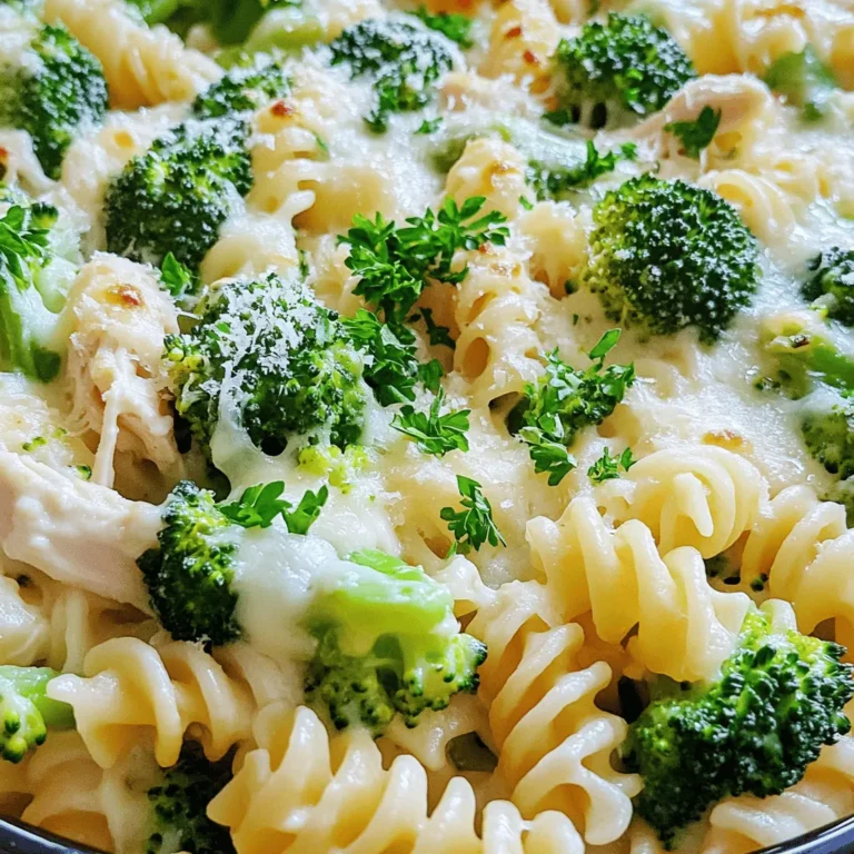 - 2 cups cooked rotini pasta - 2 cups cooked chicken, shredded - 2 cups broccoli florets, steamed - 1 cup Alfredo sauce - 1 cup shredded mozzarella cheese - 1/2 cup grated Parmesan cheese - Seasoning ingredients: - 1 teaspoon garlic powder - 1/2 teaspoon onion powder - Salt and pepper to taste - 1/4 teaspoon red pepper flakes (optional) - 1 tablespoon olive oil - Fresh parsley, chopped (for garnish) The base of this dish is simple. You need rotini pasta, cooked chicken, and steamed broccoli. The Alfredo sauce brings creaminess. Cheese adds flavor and texture. You can change the chicken to turkey or tofu for a twist. Instead of rotini, use penne or any pasta you like. For a dairy-free option, use a plant-based Alfredo sauce. Gluten-free pasta works well too. Pick fresh broccoli for the best taste. When choosing chicken, look for moist and tender pieces. High-quality cheese melts better and tastes great. Use homemade Alfredo sauce for a richer flavor. First, you need to preheat your oven. Set it to 350°F (175°C). This step is key for even cooking. While the oven heats, you can prepare your other ingredients. Next, grab a large mixing bowl. Combine the cooked rotini pasta, shredded chicken, and steamed broccoli. These three ingredients create a hearty base. Pour in the Alfredo sauce, and sprinkle in the garlic and onion powders. Add salt, pepper, and red pepper flakes if you like some heat. Gently stir everything until well mixed. Now, it’s time to transfer the mixture to your casserole dish. Lightly grease a 9x13-inch dish with olive oil. Spread the pasta mixture evenly in the dish. Sprinkle the mozzarella and Parmesan cheese on top. Cover the dish with aluminum foil to keep moisture in. Bake it in the preheated oven for 20 minutes. After that, remove the foil and bake for another 10-15 minutes. Look for bubbly, golden cheese. Once done, let it cool for a few minutes before serving. Enjoy your comforting meal! To get the best texture and taste from your Chicken and Broccoli Alfredo Casserole, follow these tips: - Cook Pasta Al Dente: Make sure to cook the rotini just right. This means it should be firm to the bite. It will soak up some sauce while baking, so this is key. - Use Fresh Broccoli: Fresh broccoli gives better taste and texture than frozen. Steam it just until bright green. - Mix Well: When adding the Alfredo sauce, ensure every piece of chicken and broccoli gets coated. This makes each bite delicious. - Cover with Foil: Cover your casserole while it bakes. This keeps moisture in and helps the cheese melt evenly. Serving your casserole nicely can make it even more enjoyable. Here are some ideas: - Garnish with Parsley: A sprinkle of fresh chopped parsley adds color and a fresh taste. - Serve with a Side Salad: A light salad balances the creamy casserole. Think about a simple green salad with vinaigrette. - Use Individual Dishes: For a fun twist, serve in small, individual baking dishes. This adds a nice touch for guests. If you want to add more flavor or ingredients, consider these options: - Add More Veggies: You can mix in bell peppers, spinach, or even carrots. They add color and nutrients. - Spice It Up: Add more red pepper flakes or some cayenne for heat. Just a pinch can make a big difference. - Use Different Cheeses: Try adding gouda or cheddar for a different flavor. Mixing cheeses often creates a richer taste. - Top with Breadcrumbs: For a crunchy top, sprinkle some seasoned breadcrumbs before baking. It gives a nice contrast to the creamy dish. These tips can help you create a Chicken and Broccoli Alfredo Casserole that everyone will love. For the complete recipe, check out the [Full Recipe]. {{image_2}} You can change the proteins and veggies in this dish. Instead of chicken, try turkey or shrimp. Both add a nice twist. For veggies, swap broccoli for spinach or peas. You could even mix in bell peppers for extra flavor. If you prefer a meatless option, use tofu or more veggies. This makes the casserole feel fresh and new each time. The sauce and cheese can change the flavor too! Try using different Alfredo sauces. Some brands offer garlic or herb versions that can add a new taste. You could also make your own sauce with cream and cheese. For cheese, use cheddar or gouda instead of mozzarella. Each cheese gives a different touch. Mixing cheeses can create a rich flavor profile. There are many ways to cook this casserole. You can use a slow cooker for a hands-off approach. Just mix the ingredients and let it cook on low for about 4 hours. For a quick option, use a skillet. Cook everything on the stove and then bake it for a short time. This keeps it nice and hot. Each method brings out different textures and flavors. To keep your Chicken and Broccoli Alfredo Casserole fresh, store leftovers in an airtight container. Let the casserole cool completely before sealing it. This helps to prevent moisture buildup. You can keep it in the fridge for up to three days. When you’re ready to eat it, just reheat in the oven or microwave until warm. If you want to save some for later, freezing is a great option. First, let the casserole cool down. Then, wrap it tightly in plastic wrap or aluminum foil. You can also use a freezer-safe container. Chicken and Broccoli Alfredo Casserole can last up to three months in the freezer. When you’re ready to enjoy it, thaw it in the fridge overnight. Reheat it in the oven at 350°F (175°C) until it’s hot all through. In the fridge, Chicken and Broccoli Alfredo Casserole stays good for about three days. If you freeze it, you can enjoy it for about three months. Always check for signs of spoilage before eating. If it looks or smells off, it’s best to toss it. Proper storage helps you enjoy every last bite of this creamy comfort food. For the full recipe, check back to the top! How to make this dish ahead of time? You can make this casserole ahead of time. Just prepare the dish as normal but do not bake it. Cover it with foil and place it in the fridge. When you are ready to eat, simply bake it at 350°F for about 30-35 minutes. This method helps save time on busy nights. Is this casserole suitable for different diets? Yes, this casserole can fit many diets. If you need a gluten-free option, use gluten-free pasta. You can also make it dairy-free by using plant-based Alfredo sauce and cheese. For a lower-calorie version, use lean chicken and a lighter sauce. This way, everyone can enjoy it. What to do if the casserole turns out too dry or too wet? If your casserole is dry, add a splash of chicken broth or extra Alfredo sauce. Mix it in well before serving. If it is too wet, bake it a bit longer uncovered to let the moisture evaporate. This way, you can fix your dish and make it tasty again. For the full recipe, check out the detailed steps. This blog post covered a comforting Chicken and Broccoli Alfredo Casserole recipe. We detailed essential ingredients, possible substitutions, and tips for quality. You learned step-by-step instructions for preparation and baking. I shared helpful tips for serving and enhancing the dish. Additionally, we explored variations and storage guidelines. In closing, this recipe is versatile and easy to make. Enjoy trying out different ingredients to make it your own!