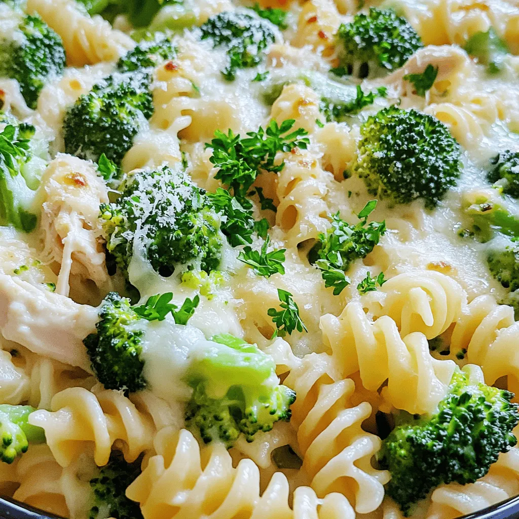 - 2 cups cooked rotini pasta - 2 cups cooked chicken, shredded - 2 cups broccoli florets, steamed - 1 cup Alfredo sauce - 1 cup shredded mozzarella cheese - 1/2 cup grated Parmesan cheese - Seasoning ingredients: - 1 teaspoon garlic powder - 1/2 teaspoon onion powder - Salt and pepper to taste - 1/4 teaspoon red pepper flakes (optional) - 1 tablespoon olive oil - Fresh parsley, chopped (for garnish) The base of this dish is simple. You need rotini pasta, cooked chicken, and steamed broccoli. The Alfredo sauce brings creaminess. Cheese adds flavor and texture. You can change the chicken to turkey or tofu for a twist. Instead of rotini, use penne or any pasta you like. For a dairy-free option, use a plant-based Alfredo sauce. Gluten-free pasta works well too. Pick fresh broccoli for the best taste. When choosing chicken, look for moist and tender pieces. High-quality cheese melts better and tastes great. Use homemade Alfredo sauce for a richer flavor. First, you need to preheat your oven. Set it to 350°F (175°C). This step is key for even cooking. While the oven heats, you can prepare your other ingredients. Next, grab a large mixing bowl. Combine the cooked rotini pasta, shredded chicken, and steamed broccoli. These three ingredients create a hearty base. Pour in the Alfredo sauce, and sprinkle in the garlic and onion powders. Add salt, pepper, and red pepper flakes if you like some heat. Gently stir everything until well mixed. Now, it’s time to transfer the mixture to your casserole dish. Lightly grease a 9x13-inch dish with olive oil. Spread the pasta mixture evenly in the dish. Sprinkle the mozzarella and Parmesan cheese on top. Cover the dish with aluminum foil to keep moisture in. Bake it in the preheated oven for 20 minutes. After that, remove the foil and bake for another 10-15 minutes. Look for bubbly, golden cheese. Once done, let it cool for a few minutes before serving. Enjoy your comforting meal! To get the best texture and taste from your Chicken and Broccoli Alfredo Casserole, follow these tips: - Cook Pasta Al Dente: Make sure to cook the rotini just right. This means it should be firm to the bite. It will soak up some sauce while baking, so this is key. - Use Fresh Broccoli: Fresh broccoli gives better taste and texture than frozen. Steam it just until bright green. - Mix Well: When adding the Alfredo sauce, ensure every piece of chicken and broccoli gets coated. This makes each bite delicious. - Cover with Foil: Cover your casserole while it bakes. This keeps moisture in and helps the cheese melt evenly. Serving your casserole nicely can make it even more enjoyable. Here are some ideas: - Garnish with Parsley: A sprinkle of fresh chopped parsley adds color and a fresh taste. - Serve with a Side Salad: A light salad balances the creamy casserole. Think about a simple green salad with vinaigrette. - Use Individual Dishes: For a fun twist, serve in small, individual baking dishes. This adds a nice touch for guests. If you want to add more flavor or ingredients, consider these options: - Add More Veggies: You can mix in bell peppers, spinach, or even carrots. They add color and nutrients. - Spice It Up: Add more red pepper flakes or some cayenne for heat. Just a pinch can make a big difference. - Use Different Cheeses: Try adding gouda or cheddar for a different flavor. Mixing cheeses often creates a richer taste. - Top with Breadcrumbs: For a crunchy top, sprinkle some seasoned breadcrumbs before baking. It gives a nice contrast to the creamy dish. These tips can help you create a Chicken and Broccoli Alfredo Casserole that everyone will love. For the complete recipe, check out the [Full Recipe]. {{image_2}} You can change the proteins and veggies in this dish. Instead of chicken, try turkey or shrimp. Both add a nice twist. For veggies, swap broccoli for spinach or peas. You could even mix in bell peppers for extra flavor. If you prefer a meatless option, use tofu or more veggies. This makes the casserole feel fresh and new each time. The sauce and cheese can change the flavor too! Try using different Alfredo sauces. Some brands offer garlic or herb versions that can add a new taste. You could also make your own sauce with cream and cheese. For cheese, use cheddar or gouda instead of mozzarella. Each cheese gives a different touch. Mixing cheeses can create a rich flavor profile. There are many ways to cook this casserole. You can use a slow cooker for a hands-off approach. Just mix the ingredients and let it cook on low for about 4 hours. For a quick option, use a skillet. Cook everything on the stove and then bake it for a short time. This keeps it nice and hot. Each method brings out different textures and flavors. To keep your Chicken and Broccoli Alfredo Casserole fresh, store leftovers in an airtight container. Let the casserole cool completely before sealing it. This helps to prevent moisture buildup. You can keep it in the fridge for up to three days. When you’re ready to eat it, just reheat in the oven or microwave until warm. If you want to save some for later, freezing is a great option. First, let the casserole cool down. Then, wrap it tightly in plastic wrap or aluminum foil. You can also use a freezer-safe container. Chicken and Broccoli Alfredo Casserole can last up to three months in the freezer. When you’re ready to enjoy it, thaw it in the fridge overnight. Reheat it in the oven at 350°F (175°C) until it’s hot all through. In the fridge, Chicken and Broccoli Alfredo Casserole stays good for about three days. If you freeze it, you can enjoy it for about three months. Always check for signs of spoilage before eating. If it looks or smells off, it’s best to toss it. Proper storage helps you enjoy every last bite of this creamy comfort food. For the full recipe, check back to the top! How to make this dish ahead of time? You can make this casserole ahead of time. Just prepare the dish as normal but do not bake it. Cover it with foil and place it in the fridge. When you are ready to eat, simply bake it at 350°F for about 30-35 minutes. This method helps save time on busy nights. Is this casserole suitable for different diets? Yes, this casserole can fit many diets. If you need a gluten-free option, use gluten-free pasta. You can also make it dairy-free by using plant-based Alfredo sauce and cheese. For a lower-calorie version, use lean chicken and a lighter sauce. This way, everyone can enjoy it. What to do if the casserole turns out too dry or too wet? If your casserole is dry, add a splash of chicken broth or extra Alfredo sauce. Mix it in well before serving. If it is too wet, bake it a bit longer uncovered to let the moisture evaporate. This way, you can fix your dish and make it tasty again. For the full recipe, check out the detailed steps. This blog post covered a comforting Chicken and Broccoli Alfredo Casserole recipe. We detailed essential ingredients, possible substitutions, and tips for quality. You learned step-by-step instructions for preparation and baking. I shared helpful tips for serving and enhancing the dish. Additionally, we explored variations and storage guidelines. In closing, this recipe is versatile and easy to make. Enjoy trying out different ingredients to make it your own!