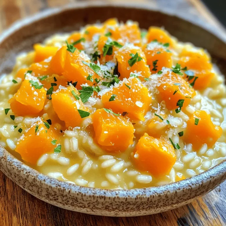 To make a great butternut squash risotto, you need key ingredients. Here’s the list: - 1 medium butternut squash, peeled and diced - 1 cup Arborio rice - 4 cups vegetable broth - 1 small onion, finely chopped - 2 cloves garlic, minced - 1/2 cup grated Parmesan cheese (or nutritional yeast for a vegan option) - 2 tablespoons olive oil - 1 teaspoon fresh thyme leaves - Salt and pepper to taste - Fresh parsley for garnish Using fresh ingredients is important. Fresh butternut squash brings sweetness and color. The Arborio rice is key for creaminess. It absorbs liquid well and becomes tender. Also, using a high-quality vegetable broth makes a big difference. Look for brands with natural ingredients and no added sugars. For cheese, choose a good Parmesan. It adds rich flavor and depth to the dish. For the best results, avoid low-quality broth or cheese. Fresh and high-quality ingredients make your risotto shine. This is how you get a dish that is both creamy and flavorful. If you want to dive deeper into the recipe details, check the Full Recipe. First, you need to prepare the broth. Heat the vegetable broth in a saucepan over low heat. Keep it warm but not boiling. This step is key for a smooth risotto. Next, grab a large skillet and heat the olive oil over medium heat. Add the finely chopped onion. Sauté it for about 3-4 minutes until it turns soft. Then, add the minced garlic and cook for one more minute. You want it to smell great! Now, it's time for the butternut squash. Stir in the diced squash and sauté for 5-7 minutes. You want it to start getting soft but not mushy. Once the squash is ready, add the Arborio rice. Toast the rice for 1-2 minutes. This helps to enhance its flavor. Now comes the important part. Start adding the warm vegetable broth, one ladle at a time. Stir it often and let the rice absorb the liquid before adding more. This method creates that creamy texture we love in risotto. After about 15 minutes, add the fresh thyme and season with salt and pepper. Keep stirring and adding broth until the rice is creamy and al dente. This should take about 20 minutes total. Stir the risotto often. This helps release the starch from the rice, making it creamy. Keep an eye on the heat. If it’s too high, the rice can stick and burn. To check if the rice is done, taste it. It should be firm but not hard. If it’s too crunchy, add a bit more broth and keep cooking. Once the rice is ready, remove it from heat. Stir in the grated Parmesan cheese until it melts and blends in. This adds a rich, creamy flavor. For the final touch, garnish with fresh parsley. This adds a nice color and freshness to your dish. Enjoy your butternut squash risotto! For the full recipe, check out the details above. To make your risotto smooth, use Arborio rice. This rice has more starch, which gives risotto its creamy texture. Always stir gently but often. This movement helps the rice release starch. Avoid cooking on high heat, as it can burn the rice. Taste the rice at around 15 minutes. It should be soft but still have a slight bite. For extra flavor, try adding fresh herbs like sage or rosemary. You can also use spices like nutmeg or black pepper. If you want a vegan version, replace Parmesan with nutritional yeast. This gives a cheesy flavor without dairy. You can also add a splash of lemon juice for brightness. One common problem is risotto being too thick. If this happens, add more broth a little at a time. Stir to combine well. If your risotto is too runny, let it cook longer without adding more liquid. Keep stirring and check the texture. Remember, risotto should be creamy, not soupy. {{image_2}} You can change the flavors of your butternut squash risotto in many ways. Adding proteins is one option. Chicken or shrimp can make the dish heartier. If you prefer plant-based options, try adding cooked lentils or chickpeas. These add protein without meat. You can also mix in seasonal vegetables. Think of peas, spinach, or roasted bell peppers. Each vegetable brings a different taste. Mixing in various cheeses can shift the flavor too. A sharp cheddar or creamy goat cheese can enhance your risotto. Risotto has many regional styles. In Italy, you might find saffron added for color and flavor. Mushrooms are a popular addition too, giving a rich earthiness. You can also get creative with fusion ideas. Adding curry spices, like turmeric and cumin, brings a warm and fragrant twist. This can change the whole vibe of your dish. If you need gluten-free options, Arborio rice is a safe choice. It's naturally gluten-free and perfect for risotto. For vegan diets, substitute cheese with nutritional yeast. You can also use vegetable broth instead of chicken broth. This keeps the dish plant-based while still being flavorful. For the full recipe, check out "Butternut Bliss Risotto." It offers a delicious way to explore these variations! To keep your butternut squash risotto fresh, store it in an airtight container. Place it in the fridge within two hours of cooking. This helps prevent bacteria growth. When reheating, add a splash of broth or water. This keeps the risotto creamy and avoids drying out. Heat it slowly on the stove or in the microwave. Stir it well to warm evenly. If you want to freeze risotto, let it cool first. Divide it into portions before placing it in freezer-safe bags. Squeeze out excess air to prevent freezer burn. It can last up to three months in the freezer. To thaw, place it in the fridge overnight. Reheat slowly on the stove, adding liquid as needed to restore creaminess. Butternut squash risotto is best eaten within three to four days when stored in the fridge. Check for changes in smell or color before eating. If it looks off or smells bad, toss it. Always trust your senses for food safety. Risotto is a creamy Italian rice dish. It uses Arborio rice, which absorbs liquid well. You cook it slowly by adding broth gradually. This method gives risotto its creamy texture. Many think risotto is just sticky rice. In truth, it should be creamy and smooth, not gooey. To make risotto less sticky, use less broth at the start. Stir the rice often, but not too much. This helps keep the grains separate. You can also try using Carnaroli rice or Vialone Nano. Both have a firmer texture than Arborio. Yes, you can prep butternut squash risotto ahead of time. Cook the rice until it's just underdone. Store it in the fridge for up to two days. When ready, heat it gently and add a splash of broth. This keeps it creamy. Avoid cooking it fully ahead as it may get mushy when reheated. Butternut squash risotto is a dish worth mastering. We covered the key ingredients, like fresh squash and Arborio rice, to bring out great flavors. Detailed cooking steps help achieve that perfect creamy texture. Tips and flavor enhancements can elevate your dish further. Variations let you explore new tastes or cater to specific diets. With proper storage info, you can enjoy leftovers without losing quality. This guide will help you create a delicious risotto every time. Embrace these tips, and watch your cooking skills shine!