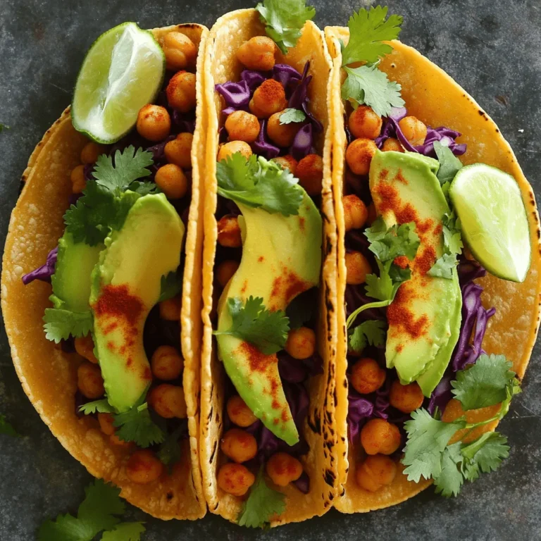 To make these tasty tacos, gather these simple ingredients: - 1 can (15 oz) chickpeas, drained and rinsed - 2 tablespoons olive oil - 1 teaspoon chili powder - 1 teaspoon cumin - 1/2 teaspoon smoked paprika - 1/4 teaspoon cayenne pepper (adjust to taste) - Salt and pepper to taste - 8 small corn or flour tortillas - 1 avocado, sliced - 1 cup shredded purple cabbage - Fresh cilantro leaves for garnish - Lime wedges for serving You can change the flavors easily. Try these swaps: - Use black beans instead of chickpeas for a different texture. - Swap olive oil for avocado oil for a richer taste. - Try adding garlic powder or onion powder for extra depth. - Use different spices like taco seasoning for a unique twist. - Add jalapeños for extra heat, or mix in corn for sweetness. Each serving is packed with nutrients. Here’s what you get: - Calories: 350 - Protein: 12g - Carbohydrates: 45g - Fiber: 10g - Fat: 15g - Sodium: 400mg These tacos are not just tasty but also healthy. They provide good protein and fiber. For the full recipe, check out the complete guide to making Spicy Chickpea Tacos. Start with one can of chickpeas. Drain and rinse them well. Then, place the chickpeas in a medium bowl. Use a fork or potato masher to mash them. You want them slightly chunky. This helps them hold their shape while cooking. Heat a skillet over medium heat. Add two tablespoons of olive oil. Once hot, add the mashed chickpeas. Now, sprinkle your spices: one teaspoon of chili powder, one teaspoon of cumin, half a teaspoon of smoked paprika, and a quarter teaspoon of cayenne pepper. Adjust the cayenne to fit your taste. Add salt and pepper to taste. Stir everything well. Cook for about five to seven minutes. This will make the chickpeas crispy and flavorful. While the chickpeas cook, warm your tortillas. You can do this in a separate skillet for thirty seconds on each side. Or, wrap them in foil and place them in a warm oven. Now, take a tortilla and add a spoonful of the spicy chickpea mix. Top it with sliced avocado and shredded purple cabbage. Finally, sprinkle fresh cilantro leaves on top. Serve with lime wedges for a zesty finish. For the full recipe, check out the details above. Enjoy your tasty tacos! To get great texture, mash the chickpeas lightly. You want them chunky, not smooth. This keeps them from becoming mushy during cooking. Use a fork or a potato masher. Aim for a mix of whole and mashed chickpeas. This gives your tacos a nice bite. Warm tortillas make a big difference. They should be soft and flexible. I like to heat them in a skillet for about 30 seconds on each side. You can also wrap them in foil and place them in a warm oven. This keeps them nice and warm until you are ready to serve. Toppings add layers of flavor. Fresh cilantro brings a burst of freshness. Avocado adds creaminess, while purple cabbage adds crunch. Lime juice brightens the whole dish. Feel free to mix and match toppings to suit your taste. For the full recipe, you can check out the details above. {{image_2}} You can turn these tacos into a tasty taco bowl. Start with a base of rice or quinoa. Add your spicy chickpeas on top. Next, layer in fresh toppings like avocado, cabbage, and cilantro. Drizzle lime juice over everything for a bright kick. This bowl is great for meal prep or a quick lunch. Want to make this dish even better? Toss in more veggies while cooking the chickpeas. Diced bell peppers or onions add great flavor. You can also use corn or zucchini for extra crunch. Keep your veggies colorful to make the dish pop. Cooking them with the chickpeas gives a nice, rich taste. You can easily change how spicy your tacos are. Adjust the amount of cayenne pepper to fit your taste. If you like it mild, use less cayenne. For more heat, try adding jalapeños or hot sauce. Don’t forget to taste as you go! This way, you can find the perfect level of spice for you. For the full recipe, check out Spicy Chickpea Tacos! To store leftover tacos, first, separate the ingredients. Place the chickpea mix in one container and the tortillas in another. This keeps the tortillas from getting soggy. Seal each container tightly. You can store them in the fridge for up to three days. When you're ready to eat, reheat the chickpeas in a skillet. Use medium heat for about five minutes. Stir them often to warm them through. For the tortillas, heat them in a dry skillet for about 30 seconds on each side. This will make them soft and warm again. Use airtight containers for the best results. Glass containers work well since they do not stain. If you prefer plastic, choose BPA-free options. Make sure the containers are the right size to avoid excess air. This helps keep your tacos fresh longer. I love topping my spicy chickpea tacos with fresh ingredients. Here are my favorites: - Sliced avocado - Shredded purple cabbage - Fresh cilantro leaves - Diced tomatoes - Crumbled feta or queso fresco - A squeeze of lime juice These toppings add color, crunch, and flavor. You can mix and match as you like! Yes, you can make the chickpea mix ahead. Cook it, let it cool, and store it in the fridge. Just heat it up when you're ready to serve. Warm tortillas and toppings can be prepped too. This saves time for busy days! Absolutely! Spicy chickpea tacos are great for meal prep. The chickpeas stay tasty for a few days. Just portion them out with tortillas and toppings. This way, you have quick meals ready to go! To make spicy chickpea tacos gluten-free, use corn tortillas. They are a great option. Always check the label to ensure they're gluten-free. You can enjoy these tacos without worry! Spicy Chickpea Tacos are easy to make and fun to enjoy. We discussed ingredients and how to prepare them step-by-step. You learned about texture, toppings, and flavorful variations. Storing leftovers lets you enjoy these tacos later. Finally, I answered common questions to wrap up the topic. This meal is healthy and versatile, perfect for any day. Dive in and try these delicious tacos for yourself!