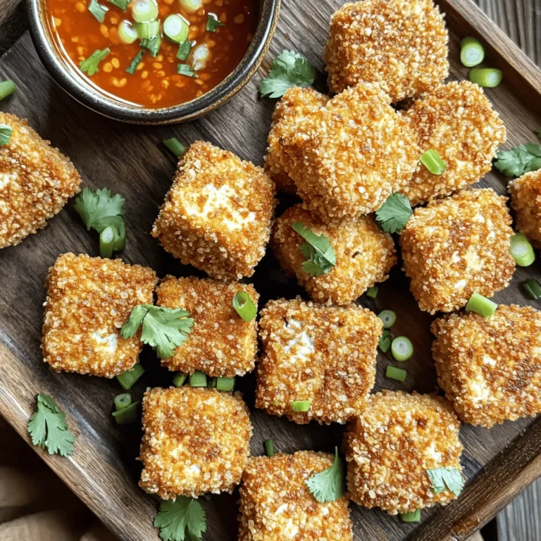 To make crispy air fryer tofu nuggets, you need: - 14 oz firm tofu, pressed and cubed - 1 cup breadcrumbs (panko for extra crunch) - 1/4 cup cornstarch - 1 tablespoon soy sauce - 1 tablespoon nutritional yeast (optional) - 1 teaspoon garlic powder - 1 teaspoon onion powder - 1 teaspoon dried oregano - Salt and pepper to taste - Cooking spray If you can’t find firm tofu, you can use extra-firm tofu for a firmer bite. For gluten-free options, swap regular breadcrumbs for gluten-free panko. You can also skip the nutritional yeast if you don’t have it; the nuggets will still taste great. If you want a spicy kick, add cayenne pepper to the breadcrumb mix. Each serving offers a healthy balance of protein and fiber. This recipe serves four and includes: - Calories: Approximately 160 - Protein: 10g - Carbohydrates: 20g - Fat: 6g - Fiber: 2g - Sodium: Varies based on soy sauce and salt added These crispy air fryer tofu nuggets are not just tasty; they're also nutritious. Enjoy them as a snack or a meal. For the full recipe, check the recipe section above. Start by pressing the tofu. This helps remove excess water. Cut the firm tofu into bite-sized cubes. Next, grab a medium bowl and toss the tofu cubes with soy sauce. Make sure each piece is coated. In another bowl, mix the breadcrumbs, cornstarch, nutritional yeast, garlic powder, onion powder, oregano, salt, and pepper. This mix adds great flavor and crunch. Roll each tofu cube in the breadcrumb mix until fully coated. Preheat your air fryer to 400°F (200°C). This step is key for crispy nuggets. Place the coated tofu nuggets in a single layer in the air fryer basket. Avoid overcrowding; it leads to uneven cooking. Lightly spray the nuggets with cooking spray. This helps them crisp up nicely while cooking. Air fry the nuggets for 12 to 15 minutes. Shake the basket halfway through for even cooking. Keep an eye on them to avoid burning. The nuggets should be golden brown and crispy when done. Let them cool slightly before serving. This lets the flavors settle and makes them easier to eat. Enjoy with your favorite dipping sauce for an extra kick! For the full recipe, check out the earlier section. Tofu often holds water, which makes it soggy. To fix this, press the tofu. Start by wrapping the tofu in a clean kitchen towel. Place a flat plate on top and add weight, like a can. Let it sit for at least 15-30 minutes. This step helps the tofu absorb flavors better and become crispier. Air fryers need space for air to flow. Place the tofu nuggets in a single layer. Avoid stacking them on top of each other. Shake the basket halfway through cooking. This step helps all sides get that nice golden color. If your air fryer is small, cook in batches for the best results. Dipping sauces make your crispy tofu nuggets even better. Try sweet chili sauce for a sweet kick. Sriracha mayo adds a spicy twist. You can also mix soy sauce with a dash of rice vinegar for a zesty dip. Pair your nuggets with any sauce that excites your taste buds. For a fun touch, garnish with fresh cilantro or green onions! {{image_2}} You can change the flavor of your tofu nuggets easily. Try adding spices like paprika or cumin for a smoky taste. If you want some heat, add cayenne pepper or chili powder. You can also mix in some Italian herbs, like basil or thyme, for a fresh flavor. This lets you create a new dish each time! If you need a gluten-free option, use gluten-free breadcrumbs. Many stores sell these now. You can also grind gluten-free crackers into crumbs. For the cornstarch, make sure it is labeled gluten-free. This way, you can enjoy these tasty nuggets without worry. You can boost your nuggets by adding veggies or other proteins. Try mixing in finely chopped spinach or carrots to the breadcrumb mix. You could also add cooked quinoa or chickpeas for extra protein. This makes your meal more hearty and colorful. The Full Recipe allows for these fun changes too! To store your crispy air fryer tofu nuggets, let them cool first. Place them in an airtight container. This keeps them fresh for longer. You can also use a zip-top bag. Just make sure to remove as much air as possible. If you want to keep them extra crispy, use a paper towel inside the container. This absorbs moisture and helps maintain their crunch. To reheat your tofu nuggets, use the air fryer again. Set it to 375°F (190°C). Heat them for about 5-7 minutes. This brings back their crispiness. You can also use a regular oven. Preheat it to 350°F (175°C) and bake for about 10 minutes. If you prefer a microwave, use it, but they may lose some crunch. You can store leftovers in the fridge for up to 3 days. For longer storage, freeze the tofu nuggets. They can last up to 3 months in the freezer. Just remember to separate them with parchment paper. This prevents them from sticking together. When you're ready to eat, thaw in the fridge overnight before reheating. Enjoy your crispy air fryer tofu nuggets again! To make crispy tofu nuggets, start with firm tofu. Press the tofu to remove extra water. Cut it into cubes. Toss the cubes in soy sauce. In a separate bowl, mix breadcrumbs, cornstarch, and spices. Roll each tofu cube in the breadcrumb mix. Place the nuggets in the air fryer basket. Make sure they are in a single layer. Spray them lightly with cooking spray. Air fry at 400°F for 12-15 minutes. Shake the basket halfway to help them cook evenly. When golden and crispy, they are ready to eat! Yes, you can use extra-firm tofu. Extra-firm tofu holds its shape very well. It also has less water than softer types. This makes it a great choice for crispy nuggets. Just remember to press it too. Removing moisture helps the nuggets get crunchy. The best oils for air frying are oils with high smoke points. Some great options include canola oil, avocado oil, or grapeseed oil. These oils help achieve that golden brown color and crispy texture. You can also use a light spray of cooking oil for convenience. It keeps the nuggets low in fat while still getting crispy. Tofu nuggets can last up to four days in the fridge. Store them in an airtight container to keep them fresh. Make sure they cool completely before sealing. This helps avoid sogginess from moisture. Yes, you can freeze crispy tofu nuggets. Place them in a single layer on a baking sheet first. Freeze until solid, then transfer to a freezer bag. They can last for about three months in the freezer. When ready to eat, bake them from frozen or reheat in the air fryer for that fresh crunch. Many dipping sauces work great with tofu nuggets. You can try sweet chili sauce for a kick. Sriracha mayo adds creaminess with heat. Also, think about soy sauce or barbecue sauce. Each option brings out different flavors in the nuggets. The nuggets are done when they are golden brown and crispy. You can check by looking at their color. You can also insert a fork into a nugget. It should feel firm and not mushy. If you like them extra crispy, air fry for a few more minutes. For the full recipe, check out the details above! In this post, we covered everything you need for crispy tofu nuggets. We discussed ingredients, tips for preparation, and air fryer settings. I offered tricks for pressing tofu and making it cook evenly. You learned about flavor variations and storage methods. In closing, enjoy experimenting with your tofu and air fryer skills. You’ll make tasty meals that everyone will love!