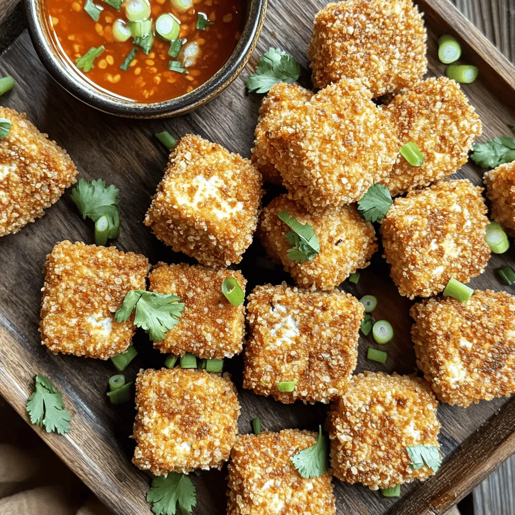 To make crispy air fryer tofu nuggets, you need: - 14 oz firm tofu, pressed and cubed - 1 cup breadcrumbs (panko for extra crunch) - 1/4 cup cornstarch - 1 tablespoon soy sauce - 1 tablespoon nutritional yeast (optional) - 1 teaspoon garlic powder - 1 teaspoon onion powder - 1 teaspoon dried oregano - Salt and pepper to taste - Cooking spray If you can’t find firm tofu, you can use extra-firm tofu for a firmer bite. For gluten-free options, swap regular breadcrumbs for gluten-free panko. You can also skip the nutritional yeast if you don’t have it; the nuggets will still taste great. If you want a spicy kick, add cayenne pepper to the breadcrumb mix. Each serving offers a healthy balance of protein and fiber. This recipe serves four and includes: - Calories: Approximately 160 - Protein: 10g - Carbohydrates: 20g - Fat: 6g - Fiber: 2g - Sodium: Varies based on soy sauce and salt added These crispy air fryer tofu nuggets are not just tasty; they're also nutritious. Enjoy them as a snack or a meal. For the full recipe, check the recipe section above. Start by pressing the tofu. This helps remove excess water. Cut the firm tofu into bite-sized cubes. Next, grab a medium bowl and toss the tofu cubes with soy sauce. Make sure each piece is coated. In another bowl, mix the breadcrumbs, cornstarch, nutritional yeast, garlic powder, onion powder, oregano, salt, and pepper. This mix adds great flavor and crunch. Roll each tofu cube in the breadcrumb mix until fully coated. Preheat your air fryer to 400°F (200°C). This step is key for crispy nuggets. Place the coated tofu nuggets in a single layer in the air fryer basket. Avoid overcrowding; it leads to uneven cooking. Lightly spray the nuggets with cooking spray. This helps them crisp up nicely while cooking. Air fry the nuggets for 12 to 15 minutes. Shake the basket halfway through for even cooking. Keep an eye on them to avoid burning. The nuggets should be golden brown and crispy when done. Let them cool slightly before serving. This lets the flavors settle and makes them easier to eat. Enjoy with your favorite dipping sauce for an extra kick! For the full recipe, check out the earlier section. Tofu often holds water, which makes it soggy. To fix this, press the tofu. Start by wrapping the tofu in a clean kitchen towel. Place a flat plate on top and add weight, like a can. Let it sit for at least 15-30 minutes. This step helps the tofu absorb flavors better and become crispier. Air fryers need space for air to flow. Place the tofu nuggets in a single layer. Avoid stacking them on top of each other. Shake the basket halfway through cooking. This step helps all sides get that nice golden color. If your air fryer is small, cook in batches for the best results. Dipping sauces make your crispy tofu nuggets even better. Try sweet chili sauce for a sweet kick. Sriracha mayo adds a spicy twist. You can also mix soy sauce with a dash of rice vinegar for a zesty dip. Pair your nuggets with any sauce that excites your taste buds. For a fun touch, garnish with fresh cilantro or green onions! {{image_2}} You can change the flavor of your tofu nuggets easily. Try adding spices like paprika or cumin for a smoky taste. If you want some heat, add cayenne pepper or chili powder. You can also mix in some Italian herbs, like basil or thyme, for a fresh flavor. This lets you create a new dish each time! If you need a gluten-free option, use gluten-free breadcrumbs. Many stores sell these now. You can also grind gluten-free crackers into crumbs. For the cornstarch, make sure it is labeled gluten-free. This way, you can enjoy these tasty nuggets without worry. You can boost your nuggets by adding veggies or other proteins. Try mixing in finely chopped spinach or carrots to the breadcrumb mix. You could also add cooked quinoa or chickpeas for extra protein. This makes your meal more hearty and colorful. The Full Recipe allows for these fun changes too! To store your crispy air fryer tofu nuggets, let them cool first. Place them in an airtight container. This keeps them fresh for longer. You can also use a zip-top bag. Just make sure to remove as much air as possible. If you want to keep them extra crispy, use a paper towel inside the container. This absorbs moisture and helps maintain their crunch. To reheat your tofu nuggets, use the air fryer again. Set it to 375°F (190°C). Heat them for about 5-7 minutes. This brings back their crispiness. You can also use a regular oven. Preheat it to 350°F (175°C) and bake for about 10 minutes. If you prefer a microwave, use it, but they may lose some crunch. You can store leftovers in the fridge for up to 3 days. For longer storage, freeze the tofu nuggets. They can last up to 3 months in the freezer. Just remember to separate them with parchment paper. This prevents them from sticking together. When you're ready to eat, thaw in the fridge overnight before reheating. Enjoy your crispy air fryer tofu nuggets again! To make crispy tofu nuggets, start with firm tofu. Press the tofu to remove extra water. Cut it into cubes. Toss the cubes in soy sauce. In a separate bowl, mix breadcrumbs, cornstarch, and spices. Roll each tofu cube in the breadcrumb mix. Place the nuggets in the air fryer basket. Make sure they are in a single layer. Spray them lightly with cooking spray. Air fry at 400°F for 12-15 minutes. Shake the basket halfway to help them cook evenly. When golden and crispy, they are ready to eat! Yes, you can use extra-firm tofu. Extra-firm tofu holds its shape very well. It also has less water than softer types. This makes it a great choice for crispy nuggets. Just remember to press it too. Removing moisture helps the nuggets get crunchy. The best oils for air frying are oils with high smoke points. Some great options include canola oil, avocado oil, or grapeseed oil. These oils help achieve that golden brown color and crispy texture. You can also use a light spray of cooking oil for convenience. It keeps the nuggets low in fat while still getting crispy. Tofu nuggets can last up to four days in the fridge. Store them in an airtight container to keep them fresh. Make sure they cool completely before sealing. This helps avoid sogginess from moisture. Yes, you can freeze crispy tofu nuggets. Place them in a single layer on a baking sheet first. Freeze until solid, then transfer to a freezer bag. They can last for about three months in the freezer. When ready to eat, bake them from frozen or reheat in the air fryer for that fresh crunch. Many dipping sauces work great with tofu nuggets. You can try sweet chili sauce for a kick. Sriracha mayo adds creaminess with heat. Also, think about soy sauce or barbecue sauce. Each option brings out different flavors in the nuggets. The nuggets are done when they are golden brown and crispy. You can check by looking at their color. You can also insert a fork into a nugget. It should feel firm and not mushy. If you like them extra crispy, air fry for a few more minutes. For the full recipe, check out the details above! In this post, we covered everything you need for crispy tofu nuggets. We discussed ingredients, tips for preparation, and air fryer settings. I offered tricks for pressing tofu and making it cook evenly. You learned about flavor variations and storage methods. In closing, enjoy experimenting with your tofu and air fryer skills. You’ll make tasty meals that everyone will love!