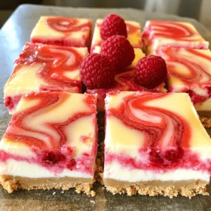 - 1 ½ cups graham cracker crumbs - ½ cup unsalted butter, melted - 2 tablespoons granulated sugar - 16 oz cream cheese, softened - 1 cup granulated sugar - 1 teaspoon vanilla extract - 3 large eggs - 1 cup fresh raspberries - 1 tablespoon cornstarch - 2 tablespoons lemon juice - Pinch of salt For the crust, graham cracker crumbs work best. You can swap these with oreo crumbs for a fun twist. If you want a gluten-free version, use crushed gluten-free cookies. The butter adds richness, so don't skip it! The cream cheese gives that classic cheesecake flavor. You can use vegan cream cheese if you want a dairy-free option. Just check the texture to ensure it blends well. You can adjust the sweetness! Use honey, maple syrup, or a sugar substitute. Just be careful with the amounts, as they can change the texture. - 8x8-inch baking pan - Parchment paper - Mixing bowls and electric mixer Make sure to have an 8x8-inch pan for the perfect size. Parchment paper helps the bars come out easily. An electric mixer saves time and gives you a smooth batter. For the full recipe, check the detailed instructions provided above. 1. Preheat your oven to 325°F (160°C). Line an 8x8-inch baking pan with parchment paper. Leave some paper overhang for easy removal. 2. In a medium bowl, mix 1 ½ cups graham cracker crumbs, ½ cup melted butter, and 2 tablespoons sugar. 3. Press this mixture firmly into the bottom of the pan to form the crust. Bake for 10 minutes and let it cool. 1. In a large bowl, beat 16 oz of softened cream cheese until smooth. 2. Gradually add 1 cup sugar and mix until fluffy. 3. Carefully incorporate 1 teaspoon vanilla extract and a pinch of salt. 4. Add 3 large eggs one at a time. Mix on low speed after each addition. Be careful not to overmix. 1. In a small bowl, combine 1 cup of fresh raspberries, 1 tablespoon cornstarch, and 2 tablespoons lemon juice. Mash gently to make a chunky sauce. 2. Pour the cream cheese mixture over the cooled crust. Spread it evenly. 3. Drop spoonfuls of the raspberry mixture on top of the cream cheese layer. Use a knife or toothpick to swirl it into the batter. This creates a lovely marbled effect. For the full recipe, you can check the detailed steps listed above. For the best raspberry swirl cheesecake bars, use room temperature ingredients. This step helps the cream cheese blend better. Cold cream cheese can create lumps, so take it out before you start. Overmixing eggs can ruin the texture. Mix them in one at a time, just until blended. If you mix too much, the bars may crack when baking. A smooth mix is key for a rich, creamy filling. To know when your cheesecake bars are done, watch for a slight wobble in the center. The edges should look set, while the center remains soft. Every oven is different, so keep an eye on the bars as they bake. If your oven runs hot, check them a few minutes early. Adjust the time as needed for your oven's quirks. It’s better to underbake slightly than to overbake. For a balanced flavor, serve the bars with a dollop of whipped cream. A sprinkle of fresh raspberries adds a nice touch too. For presentation, cut the bars into neat squares. Arrange them on a colorful plate. Drizzle some raspberry sauce over the top for a pop of color. You can find the full recipe for these delightful bars in the earlier section. Enjoy every bite! {{image_2}} You can easily boost the taste of your raspberry swirl cheesecake bars. Here are a few ideas: - Adding citrus zest or extract: A little lemon or orange zest adds brightness. Just mix it in when you beat the cream cheese. It gives a fresh taste that pairs well with raspberry. - Incorporating different berries: While raspberries shine, you can try blueberries or blackberries. They bring unique flavors and colors. Mix them into the raspberry sauce for fun swirls. If you need to change the recipe for health reasons, here are some options: - Gluten-free options: Use gluten-free graham crackers for the crust. This keeps the bars tasty without gluten. - Low-carb modifications: Substitute sugar with a low-carb sweetener, like erythritol. You can also swap cream cheese for a low-carb version if you prefer. How you store your cheesecake bars can affect their taste and texture. Consider these methods: - Freezing the cheesecake bars: You can freeze these bars for later. Wrap them tightly in plastic wrap, then place them in a freezer bag. They last up to three months. - Making mini cheesecake bites: Use a mini muffin pan to create bite-sized treats. This makes serving easy and fun. Just adjust the baking time to about 20 minutes. For the full recipe, check out the provided details. Enjoy mixing and matching these variations! To keep your raspberry swirl cheesecake bars fresh, store them in the fridge. Use an airtight container to prevent them from drying out. If you don’t have one, wrap the bars tightly with plastic wrap. This will help maintain their creamy texture and flavor. These cheesecake bars stay fresh for about 5 to 7 days when stored properly. To check for spoilage, look for any changes in color or texture. If you notice any off smells or mold, it's best to throw them out. Freshness is key for enjoying this delicious treat. If you want to enjoy these bars warm, reheat them gently. Place a piece on a microwave-safe plate and heat for about 10 to 15 seconds. This will warm them without causing separation in the filling. Avoid heating them too long, or they may lose their creamy goodness. Yes, you can use frozen raspberries. Just thaw them first and drain any extra liquid. This helps keep the texture right. When you mix them with cornstarch and lemon juice, they will create a nice swirl. You will know they are done when the edges are set, and the center is slightly jiggly. It’s normal for the middle to wobble a bit. The bars will firm up as they cool. Keep an eye on them during baking. Yes, these bars are great to make ahead. You can bake them up to two days before you plan to serve. Just store them in the fridge. Let them cool completely before covering them. Serve them chilled for the best taste. You can cut them into squares and place them on a nice plate. A dollop of whipped cream on top adds a nice touch. Fresh raspberries or mint leaves can also make it look pretty. For the full recipe, check the details above. This blog post covered making delicious raspberry swirl cheesecake bars from scratch. You learned about the key ingredients and some easy swaps for dietary needs. I shared step-by-step instructions for creamy filling and a perfect crust. Plus, I offered tips for texture and serving. Remember, the right storage keeps these treats fresh longer. With this knowledge, you can impress your friends and family. Enjoy baking and creating your own sweet masterpieces!