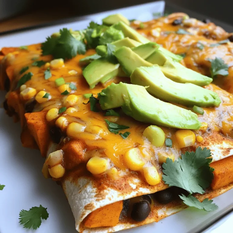 To make the sweet potato and black bean enchiladas, gather the following ingredients: - 2 medium sweet potatoes, peeled and diced - 1 can (15 oz) black beans, rinsed and drained - 1 cup corn kernels (fresh, frozen, or canned) - 1 teaspoon cumin - 1 teaspoon smoked paprika - ½ teaspoon chili powder - Salt and pepper to taste - 1 cup shredded cheddar cheese (or a vegan alternative) - 8 large tortillas (corn or flour) - 1 cup enchilada sauce (store-bought or homemade) - 2 tablespoons olive oil - Fresh cilantro and avocado slices for garnish These ingredients create a colorful and tasty meal. Sweet potatoes bring natural sweetness and nutrition. Black beans add protein and fiber, making these enchiladas hearty. Corn gives a nice crunch, while spices add depth. You can use different types of cheese to fit your taste. Also, consider adding more veggies like spinach or bell peppers for extra flavor. The enchilada sauce can be homemade or store-bought, depending on your time. Be sure to prep your ingredients before you start cooking. This makes the assembly easy and quick. For the full recipe, check out the instructions I provided earlier. Enjoy creating a dish that is both satisfying and fun to eat! To start, I cook the sweet potatoes. I peel and dice them into small cubes. Then, I boil water in a medium pot. Once boiling, I add the sweet potato cubes. I cook them for about 10 minutes, or until they are tender. After that, I drain them and mash them slightly with a fork. I like to leave some chunks for texture. Next, I flavor the sweet potato mixture. In a large bowl, I combine the mashed sweet potatoes with black beans, corn, cumin, smoked paprika, chili powder, salt, and pepper. I mix it well until everything combines. This mixture is full of flavor and nutrition. Now, I begin assembling the enchiladas. I spread ½ cup of enchilada sauce on the bottom of a 9x13 inch baking dish. This step helps keep the enchiladas from sticking. I take a tortilla and place it on a flat surface. I add about ¼ cup of the sweet potato and black bean mixture down the center. I sprinkle a little cheese on top. Then, I roll the tortilla tightly and place it seam-side down in the baking dish. I repeat this process until I use all the tortillas and filling. It's time to bake the enchiladas. I cover the dish with foil and bake them for 20 minutes. This keeps them moist while cooking. After 20 minutes, I remove the foil and bake for another 10 minutes. This last step makes the cheese bubbly and slightly golden. Once baked, I let the enchiladas cool for a few minutes. They are ready to be served. You can garnish them with fresh cilantro and avocado slices for extra flavor. For the full recipe, refer to the provided instructions. Choosing the right tortillas is key. I prefer using corn tortillas for a classic taste. They hold the filling well and get soft in the oven. If you like flour tortillas, they work too. Just warm them up first to make them more flexible. For cheese melting tips, choose a cheese that melts easily. Cheddar is a great option. You can mix it with Monterey Jack for a creamier texture. To help your cheese melt better, cover the enchiladas with foil while baking. This traps steam and keeps the cheese gooey. Preparing the filling in advance is a great time-saver. You can cook the sweet potatoes and mix them with the beans and spices the day before. Just store it in the fridge until you are ready to assemble. When it comes to storing assembled enchiladas, cover them tightly with plastic wrap or foil. You can keep them in the fridge for up to two days. If you want to freeze them, do so before baking. Just wrap them well and they can last up to three months. When you're ready to eat, bake them straight from the freezer; just add some extra time for cooking. For the full recipe, check out the Sweet Potato & Black Bean Enchiladas . {{image_2}} For a vegan twist, skip the cheese. Use a vegan cheese substitute. Nutritional yeast also adds a cheesy flavor. Instead of regular enchilada sauce, choose a vegan option or make your own. You can add more veggies, too. Try bell peppers, zucchini, or spinach for extra nutrition. These additions make the dish colorful and tasty. Want more heat? Add diced jalapeños to the filling. You can also increase the chili powder. If you prefer milder flavors, use less chili powder. Swap it for smoked paprika for a smoky taste without the heat. Try adding cumin or coriander for added depth. These spices can bring new flavors to your enchiladas. Making your own enchilada sauce is easy and fun. Combine tomatoes, onions, and spices for a fresh taste. You can also try green sauce for a zesty change. If you're short on time, store-bought sauces work well too. Just pick a brand you like. Experimenting with different sauces can really change the dish. For the full recipe and detailed instructions, check out the [Full Recipe]. To store leftover enchiladas, let them cool down first. Place them in an airtight container. This keeps them fresh for up to three days. When storing, try not to stack them. This helps avoid breaking the tortillas. You can also cover them with plastic wrap before sealing the container. To freeze enchiladas, wrap them well in foil or plastic wrap. You can also use a freezer-safe container. They will stay good for about three months. When you want to eat them, take them out and thaw overnight in the fridge. To reheat, bake them in the oven at 350°F (175°C) for about 25 minutes. You can also add a bit of sauce to keep them moist. Enjoy them like they are fresh! For the full recipe, check out Sweet Potato & Black Bean Enchiladas. Yes, you can use other beans in this recipe. Some great options include: - Pinto beans - Kidney beans - Chickpeas - White beans These beans add unique flavors and textures. Just make sure to rinse and drain them well. Each type of bean offers a different taste, so feel free to experiment! To make these enchiladas gluten-free, choose the right tortillas. You can use: - Corn tortillas - Gluten-free flour tortillas Both options work well. Make sure to check the labels for any gluten-containing ingredients. Gluten-free tortillas hold the filling nicely, giving you that perfect bite. When serving enchiladas, consider these tasty sides: - Mexican rice - Refried beans - A fresh salad - Guacamole - Salsa These sides enhance the meal and add more flavor. Enjoy your enchiladas with your favorite accompaniments for a complete dining experience. For the full recipe, check out the details above! This guide covered making tasty enchiladas with sweet potatoes, black beans, and spices. You learned how to prepare and assemble, plus tips for the best results. Keep your enchiladas fresh with proper storage or freeze them for later. Explore variations to suit your taste. Enjoy these dishes with your favorite sides. Now you’re ready to create delicious enchiladas anytime!