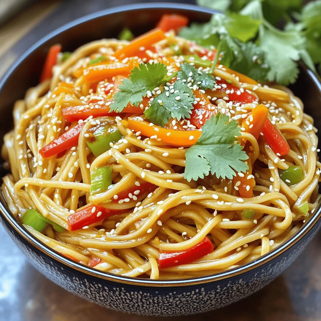 To make sweet and spicy sesame noodles, gather these items: - 8 oz soba noodles - 3 tablespoons sesame oil - 2 tablespoons soy sauce (low sodium) - 1 tablespoon honey or maple syrup - 1 tablespoon rice vinegar - 1 teaspoon sriracha or chili paste (adjust for spice preference) - 1 tablespoon grated ginger - 2 garlic cloves, minced - 1 cup shredded carrots - 1 bell pepper, julienned (red or yellow for color) - 3 green onions, sliced - 2 tablespoons sesame seeds - Fresh cilantro for garnish (optional) These ingredients come together to create a delicious meal. You can find the full recipe to follow along as you cook. You can swap ingredients if needed: - Use tamari instead of soy sauce for a gluten-free option. - Try zucchini or cucumber in place of bell pepper for a fresh twist. - Maple syrup works well as a sweetener, but agave syrup is another option. These swaps keep the dish tasty and still healthy. This dish is not only flavorful but also nutritious: - One serving has about 320 calories. - Soba noodles provide protein and fiber. - Carrots add vitamins A and C. - Sesame oil contains healthy fats that support heart health. These ingredients create a balanced meal that you can enjoy without guilt. To start, bring a large pot of salted water to a boil. Add 8 oz of soba noodles and cook them according to the package instructions. This usually takes about 4 to 5 minutes. You want the noodles to be al dente, meaning they should be firm but not hard. Once cooked, drain the noodles in a colander and rinse them under cold water. This rinsing step helps stop the cooking process and keeps the noodles from sticking together. When cooking soba noodles, keep these tips in mind: - Use plenty of water to avoid sticking. - Stir the noodles gently during cooking. - Test a noodle a minute before the time is up to check doneness. In a large mixing bowl, whisk together the following ingredients to make the sauce: - 3 tablespoons sesame oil - 2 tablespoons low-sodium soy sauce - 1 tablespoon honey or maple syrup - 1 tablespoon rice vinegar - 1 teaspoon sriracha or chili paste (adjust this based on your spice preference) - 1 tablespoon grated ginger - 2 minced garlic cloves Make sure to mix everything well. You want a balance of sweet, spicy, and tangy. If it tastes too sweet, add a bit more soy sauce. If it’s too salty, a splash of vinegar can help. Now it's time to put everything together. Add the cooked soba noodles to the bowl with the sauce. Toss the noodles well to ensure they are evenly coated. Next, gently fold in: - 1 cup shredded carrots - 1 julienned bell pepper (red or yellow for color) - 3 sliced green onions Mix everything until well combined. The vegetables will add crunch and color to your dish. For a finishing touch, sprinkle 2 tablespoons of sesame seeds over the top and fold them in gently. If you like, you can add fresh cilantro for garnish. You can serve the noodles right away, or let them sit for 15 to 20 minutes to meld the flavors. Enjoy your Sweet and Spicy Sesame Noodles! For the complete recipe, see the Full Recipe section above. To make the perfect sweet and spicy sesame noodles, adjust the spice level to match your taste. Start with just a teaspoon of sriracha or chili paste. Taste the noodles after mixing. If you want more heat, add some more. For umami flavor, think about adding a splash of hoisin sauce or a sprinkle of miso. Both add depth and richness. You can also try adding some toasted sesame seeds to enhance the flavor. Serving is key! Use deep bowls or wide plates to showcase your noodles. Drizzle any extra sauce on top for a shiny finish. Garnish your dish with more sesame seeds and fresh cilantro. The green adds a nice pop of color. Try adding thinly sliced radishes for extra crunch. You can make these noodles ahead of time. Prepare the sauce and noodles separately. Store them in the fridge for up to two days. When ready, mix them just before serving. For meal prep, double the recipe! Pack individual servings in containers for easy lunches. You can toss in some extra veggies to boost nutrition. {{image_2}} You can easily add protein to your sweet and spicy sesame noodles. Tofu is a great option. Use firm or extra-firm tofu for the best texture. Simply cube the tofu and pan-fry it until golden. This gives it a nice crunch. You can also marinate it in the sauce before cooking. For meat lovers, chicken or shrimp works well too. Cut chicken breast into small pieces. Cook it in a skillet until it is no longer pink. For shrimp, just sauté until they turn pink and opaque. Both options blend perfectly with the noodles. Keeping it plant-based is simple. You can use tofu as your main protein. Tempeh is another great choice. It has a nutty taste and is packed with protein. If you want extra nutrients, add chickpeas or edamame. Both are tasty and filling. You can also skip the honey and use maple syrup instead. This keeps the dish vegan and just as sweet. The sweet and spicy sesame noodles can be served cold or warm. Cold noodles are refreshing, especially in summer. Simply chill the cooked noodles after rinsing them. Toss them with the sauce and veggies for a cool dish. Warm noodle adaptations are just as delicious. Serve them right after mixing. The heat brings out the flavors in the sauce and veggies. You can enjoy both styles, depending on your mood or the season. Check the Full Recipe for all the details! After enjoying your Sweet and Spicy Sesame Noodles, store the leftovers right away. Place them in an airtight container. This helps keep the flavors fresh. You can refrigerate them for up to three days. Make sure to cool them to room temperature before sealing. This prevents excess moisture, which can make the noodles soggy. When it's time to reheat, you want to keep the texture. I recommend using a skillet. Heat over medium-low heat. Add a splash of water or sauce to keep them moist. Stir gently until warm. This method helps avoid mushy noodles. You can also microwave them. Place the noodles in a bowl with a damp paper towel. Heat in short bursts, stirring in between. Freezing noodle dishes is possible, but it can change the texture. If you want to freeze, do it without the vegetables. Cooked noodles can last up to three months in the freezer. Use a freezer-safe bag and remove as much air as possible. When you're ready to eat, thaw them in the fridge overnight. Then, reheat as mentioned to enjoy your meal again. To change the spice level, you can use less sriracha or chili paste. Start with just half a teaspoon. If you want more heat, add more sriracha slowly. You can also try adding crushed red pepper flakes for a different taste. Don’t forget to taste as you go. This way, you find the perfect balance for your palate. Yes, you can use different noodles if you prefer. Rice noodles or even spaghetti work well. Just cook them according to the package instructions. If you want a gluten-free choice, rice noodles are great. They add a nice texture and soak up the sauce beautifully. You can add many tasty veggies to your noodles. Here are some ideas: - Seasonal vegetables: Broccoli, bell peppers, snap peas, and zucchini are great options. They add crunch and flavor. - Texture and flavor pairings: Try adding cucumbers for a refreshing crunch. You can also use mushrooms for a savory taste. Carrots give sweetness and color. Adding a mix makes your dish lively and fun. For more ideas, check out the full recipe for Sweet and Spicy Sesame Noodles. This blog post covers the key ingredients for a tasty dish, like soba noodles and fresh veggies. We explored substitutions, nutrition, and how to cook. I also shared tips on flavor, presentation, and storage. Remember, you can easily customize meals with proteins or veggies you enjoy. Whether you prefer a spicy kick or a mild taste, you hold the power. Enjoy making these dishes your own!