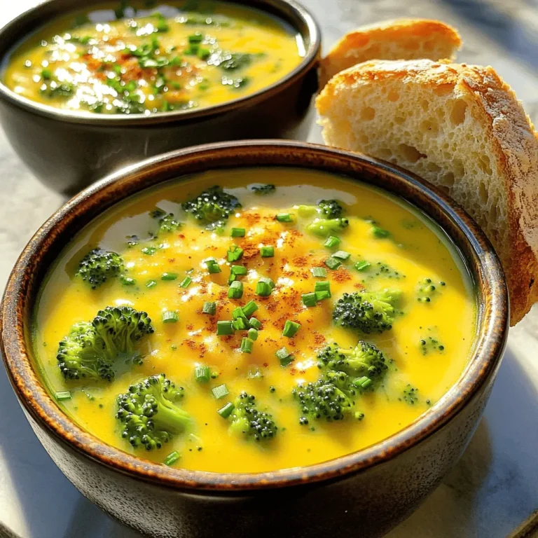 - 4 cups fresh broccoli florets - 1 medium onion, chopped - 2 cloves garlic, minced Fresh broccoli florets are key to this soup. They bring a bright color and a nice crunch. Chopped onion adds a sweet base flavor. Minced garlic gives a touch of warmth and depth. Together, these ingredients form a great start for our cozy soup. - 4 cups vegetable broth - 2 cups shredded sharp cheddar cheese - 1 cup heavy cream Vegetable broth gives our soup a rich, savory taste. Shredded sharp cheddar cheese is the star. It melts beautifully, creating that creamy texture we love. Heavy cream adds smoothness and richness. These dairy ingredients make the soup feel indulgent and satisfying. - 1 tablespoon olive oil - Salt and pepper to taste - 1 teaspoon paprika (for a hint of spice) - 1 tablespoon cornstarch (optional, for thickening) Olive oil is perfect for sautéing the onion and garlic. Salt and pepper enhance all the flavors in the soup. Paprika gives a slight kick that pairs well with cheddar. If you like a thicker soup, cornstarch is your friend. Just mix it with a little water before adding it in. For the full recipe, check out Cozy Broccoli Cheddar Bliss! 1. Sautéing the onion and garlic Start by heating the olive oil in a large pot over medium heat. Add the chopped onion and sauté it until it turns translucent, which should take about 5 minutes. This step builds a great base flavor. Next, stir in the minced garlic and cook for one more minute. The garlic will become fragrant, adding depth to your soup. 2. Cooking the broccoli and broth mixture Add the fresh broccoli florets and the vegetable broth to the pot. Bring the mixture to a boil. Once boiling, reduce the heat and let it simmer for about 15 minutes. You want the broccoli to be tender during this time. This step lets the flavors meld together beautifully. 1. Blending the soup to the desired consistency If you like a smooth soup, grab an immersion blender. Blend the soup until it reaches your preferred texture. If you prefer chunks, blend it less or leave it as is. This step lets you customize the soup to your liking. 2. Stirring in cream, cheese, and seasonings Now, stir in the heavy cream and shredded sharp cheddar cheese. Add salt, pepper, and paprika to taste. Keep cooking on low heat until the cheese melts completely. This step creates that creamy goodness we all crave in broccoli cheddar soup. 1. Thickening the soup (if desired) If you want a thicker soup, mix the cornstarch with a little cold water first. Then, stir this mixture into the soup. Let it cook for another 2-3 minutes. This step gives your soup that perfect, hearty texture. 2. Tasting and adjusting flavors Finally, taste your soup. Add more salt, pepper, or paprika as needed. This step ensures your soup is just right for your palate. Enjoy your cozy bowl of broccoli cheddar bliss! For the complete method, check out the Full Recipe. - Fresh Ingredients: Always choose fresh broccoli florets. They give the best flavor and color. Look for bright green florets with no yellow spots. Fresh onions and garlic also boost taste. - Blending Methods: Use an immersion blender for easy blending. You can blend until smooth or leave some chunks. If you don't have one, carefully transfer the soup to a blender in batches. - Additional Spices: Try adding a pinch of nutmeg or cayenne pepper for warmth. A sprinkle of paprika adds color and flavor. You can also mix in some fresh herbs like thyme or parsley. - Pairing Suggestions: Serve with a crusty bread or a side salad. These pair well and add comfort. A simple green salad with a tangy vinaigrette works great. - Too-Thin Soup: If your soup is too thin, mix a tablespoon of cornstarch with cold water. Stir this into the soup and cook for a few minutes until thickened. - Seasoning Balance: If the soup tastes bland, add more salt and pepper. Taste as you go, and adjust to your preference. A splash of lemon juice can brighten the flavors too. {{image_2}} You can make this soup lighter by using low-fat dairy options. Swap heavy cream for low-fat milk or a plant-based milk. This change still keeps the soup creamy. You can also add more vegetables. Carrots and spinach fit well in this soup. They boost nutrition and add color. Mixing in different cheese varieties can change the taste. Try gouda or pepper jack for a twist. You can also add herbs like thyme or basil for extra flavor. Crispy bacon gives a rich taste and crunch. It adds depth to the creamy soup. If you need a gluten-free version, use cornstarch as a thickener. Make sure your vegetable broth is gluten-free too. For vegan options, swap cheese and cream for plant-based alternatives. Nutritional yeast gives a cheesy flavor without dairy. You can still enjoy this soup without animal products. Feel free to explore these variations to make this easy broccoli cheddar soup your own. For a full recipe, check the [Full Recipe]. Store your broccoli cheddar soup in a tight container. Let it cool first. The best practice is to use glass or BPA-free plastic. This soup lasts about 3 to 4 days in the fridge. When you want a bowl, just take it out and reheat. To freeze soup, let it cool completely. Pour it into freezer-safe containers, leaving some space at the top. This helps with expansion. Use containers made for freezing to avoid cracks. It can stay fresh for up to 3 months in the freezer. When you're ready, move it to the fridge to thaw overnight. You have two great options to reheat your soup. You can use the stovetop or microwave. On the stovetop, heat it gently over medium-low heat. Stir often to prevent sticking. If you use the microwave, heat in short bursts. Stir in between to ensure even heating. When reheating, you might notice the soup has thickened. To restore creaminess, add a splash of cream or broth. This keeps your soup smooth and delicious! Enjoy your cozy bowl of soup anytime. Broccoli cheddar soup lasts about 3 to 4 days in the fridge. To keep it fresh, store it in an airtight container. Make sure to cool it down before putting it in the fridge. This way, you can enjoy those cheesy flavors for a few days. Yes, you can make this soup ahead of time. It’s great for meal prep! I often make a big batch and store it. Just let it cool, then store it in the fridge. Reheat it on the stove or in the microwave when you're ready to eat. This soup tastes even better the next day as the flavors blend more. You can serve this soup with many sides. A slice of crusty bread is perfect for dipping. A simple salad adds freshness and crunch. You could also enjoy it with a grilled cheese sandwich for extra comfort. These pairings make your meal even more delightful! Yes, this broccoli cheddar soup can be gluten-free. Just use gluten-free vegetable broth and cornstarch. Always check labels to ensure the ingredients are safe. This way, everyone can enjoy this creamy delight without worry. This blog post covered everything you need to make delicious broccoli cheddar soup. We explored key ingredients like fresh broccoli, sharp cheddar, and heavy cream. You learned step-by-step instructions for preparation, blending, and adjusting flavors. We also shared tips for enhancing your soup, plus healthy variations to try. Lastly, I provided storage and reheating advice. Enjoy making your soup, knowing it’s simple and adaptable. Dive in, savor every bite, and share it with loved ones. Happy cooking!