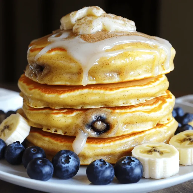 To make these delicious cinnamon roll pancakes, you'll need the following ingredients: - 1 cup all-purpose flour - 2 tablespoons sugar - 2 teaspoons baking powder - ½ teaspoon baking soda - ¼ teaspoon salt - 1 cup buttermilk - 1 large egg - 2 tablespoons melted butter - 2 teaspoons vanilla extract - 1 tablespoon ground cinnamon - 3 tablespoons brown sugar - 1 cup powdered sugar (for icing) - 3 tablespoons cream cheese, softened - 2-3 tablespoons milk (for icing) These simple ingredients combine to create a sweet and warm breakfast. The buttermilk adds a nice tang, while the cinnamon and brown sugar provide that classic roll flavor. The cream cheese icing brings it all together, making each bite a delight. Enjoy gathering these items before you start cooking. They are easy to find at any grocery store. Start by whisking together your dry ingredients. In a mixing bowl, combine: - 1 cup all-purpose flour - 2 tablespoons sugar - 2 teaspoons baking powder - ½ teaspoon baking soda - ¼ teaspoon salt Mix them well until they blend smoothly. Next, create the cinnamon filling mixture. In a small bowl, combine: - 1 tablespoon ground cinnamon - 3 tablespoons brown sugar Stir them together until they are evenly mixed. Now, mix together your wet ingredients. In a separate bowl, add: - 1 cup buttermilk - 1 large egg - 2 tablespoons melted butter - 2 teaspoons vanilla extract Whisk these together until smooth and creamy. Gradually blend the wet and dry ingredients. Pour the wet mixture into the dry mix. Stir gently until just combined. Avoid overmixing; lumps are okay! Next, it’s time to cook your pancakes on the skillet. Heat a non-stick skillet over medium heat. Pour about ¼ cup of pancake batter onto the skillet for each pancake. While the first side cooks, sprinkle about a teaspoon of the cinnamon filling mixture onto the pancake. Cook for 1-2 minutes until bubbles form on the surface. Then, flip the pancake and cook for another 1-2 minutes until golden brown. Repeat this process with the remaining batter and filling. Adjust the heat as needed to avoid burning. Now, let’s make the icing. In a small bowl, mix together: - 1 cup powdered sugar - 3 tablespoons cream cheese, softened - 2-3 tablespoons milk Adjust the milk until you reach your desired icing consistency. Once your pancakes are done, stack them high on a plate. Drizzle or spread the icing on top while they are still warm. Enjoy your delightful cinnamon roll pancakes! For the full recipe, refer to the earlier section. - Avoiding overmixing the batter: When you mix your batter, stop as soon as you see no dry flour. Some lumps are okay. Overmixing makes your pancakes tough. You want them fluffy and light. - Adjusting heat for even cooking: Start with medium heat. If your pancakes brown too fast, lower the heat slightly. If they take too long, increase the heat a bit. You want a nice golden color. - Stacking and serving ideas: Serve your pancakes stacked high on a plate. The height looks great and adds fun. Drizzle the cream cheese icing on top while they are warm. - Optional toppings and garnishes: Add fresh berries or sliced bananas to brighten the plate. A sprinkle of extra cinnamon adds a nice touch. You can also add chopped nuts for some crunch. These tips will help you create perfect cinnamon roll pancakes every time! For the complete process, check the Full Recipe. {{image_2}} You can make cinnamon roll pancakes even more fun! Here are some ideas to try: - Adding chocolate chips or fruit: Toss in chocolate chips for a sweet twist. Fresh fruit like blueberries or bananas adds a nice touch too. You can mix these into the batter or sprinkle them on top. - Adjusting the spice level: If you love spice, add more cinnamon or a pinch of nutmeg. For a kick, try a dash of cayenne pepper. It gives a unique flavor that surprises your taste buds! Making pancakes fit your diet is easy. Here’s how: - Gluten-free alternatives: Use a gluten-free flour blend instead of all-purpose flour. You can find many great mixes in stores. Just make sure they have xanthan gum for proper texture. - Dairy-free options: Swap buttermilk with almond milk or coconut milk. Use a dairy-free butter for a creamy taste. This way, everyone can enjoy these tasty pancakes! For the full recipe, check out the link provided. After making your cinnamon roll pancakes, you may have some left. Here’s how to store them: - Refrigeration tips: Place the pancakes in an airtight container. Keep them in the fridge for up to three days. To keep them fresh, separate layers with parchment paper. This prevents sticking. - Freezing instructions: If you want to save pancakes for later, freeze them. Let the pancakes cool completely. Then, stack them with parchment paper in between. Wrap the stack tightly in plastic wrap and place it in a freezer-safe bag. They can last for up to two months in the freezer. When you are ready to enjoy your leftover pancakes, here’s how to reheat them: - Best methods to reheat pancakes: The microwave is quick. Place a pancake on a plate and cover it with a damp paper towel. Heat for about 20-30 seconds. For a crispy finish, use a skillet. Heat the skillet on low and place pancakes for about one minute on each side. This method keeps them soft and warm. Enjoy your delightful treat! For the full recipe, check the section above. Yes, you can make pancake batter ahead of time. Store the batter in a sealed container in the fridge for up to 24 hours. When you are ready to cook, stir the batter gently. It may thicken, so you can add a splash of milk to loosen it up. This way, you save time in the morning. If you don’t have buttermilk, you can make a quick substitute. Mix 1 cup of milk with 1 tablespoon of vinegar or lemon juice. Let it sit for about 5 minutes, and it will thicken. You can also use yogurt or sour cream, thinned with a bit of water or milk. These alternatives will still give your pancakes that nice, tangy flavor. If your pancakes are too dark or dry, don’t worry! You can salvage them. Spread a little butter on top to add moisture. You can also serve them with syrup or fresh fruit to help with the dryness. If they are too thick, try to adjust your cooking heat next time. Cook them longer on a lower heat for a perfect golden brown. In this blog post, we covered how to make delicious pancakes from scratch. We explored the key ingredients, detailed each step, and shared helpful tips. You learned about variations to make unique pancakes, how to store leftovers, and answered common questions. Now, you’re ready to whip up a tasty stack. With the right ingredients and techniques, you can make pancakes that impress. Enjoy every bite and feel proud of your homemade treat!