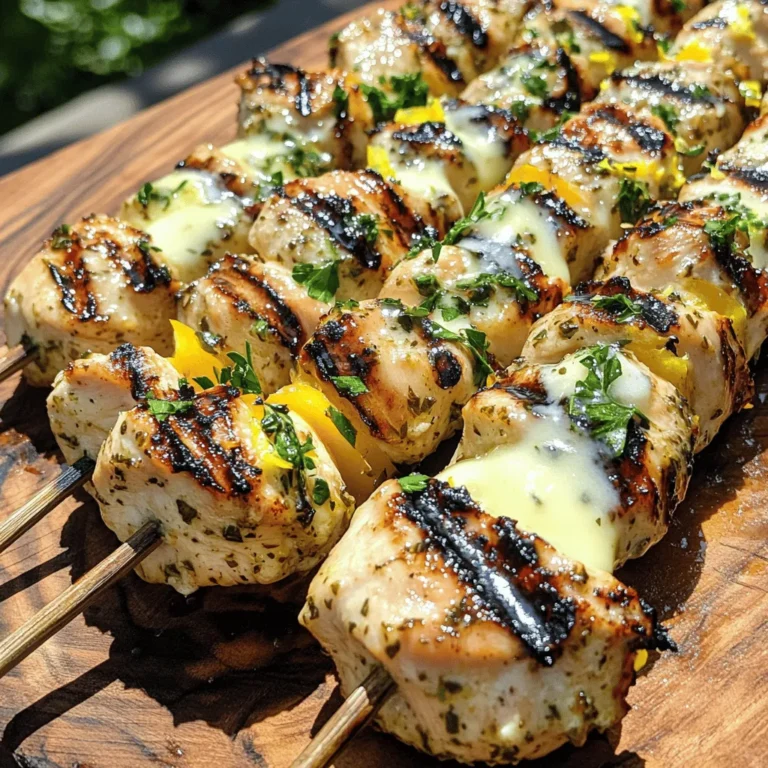 - 1 lb (450g) boneless, skinless chicken breasts Fresh chicken is key for juicy skewers. It makes every bite tender and full of flavor. Always choose high-quality meat for the best result. - 4 tablespoons unsalted butter - 4 cloves garlic, minced - Spices and seasonings like smoked paprika, onion powder, salt, and pepper This marinade brings a lot of flavor. The butter adds richness, while garlic gives a bold taste. Smoked paprika adds warmth, and onion powder enhances the overall flavor. You can adjust salt and pepper to your liking. - Fresh parsley for garnish - Optional: Lemon wedges or side dips Garnishing with parsley brightens the dish. Lemon wedges add a fresh zing that pairs well with the rich flavors. You can also serve with dips to add more taste. This makes the meal feel special and fun. For the full recipe, check out the details above! To start, gather your marinade ingredients. In a large bowl, mix melted butter, minced garlic, chopped parsley, lemon zest, smoked paprika, onion powder, salt, and pepper. Stir until well blended. This mix gives your chicken a rich flavor. Add your chicken pieces to the bowl and toss to coat them evenly. Cover the bowl and place it in the fridge. Let the chicken marinate for at least 30 minutes. If you have time, marinate for up to 2 hours. This extra time deepens the flavor. Next, let's get your skewers ready. If you're using wooden skewers, soak them in water for at least 30 minutes. This step helps prevent burning on the grill. If you opt for metal skewers, you can skip this soaking step. Now, it's time to thread the chicken pieces onto the skewers. Leave a little space between each piece. This gap helps them cook evenly and get those nice grill marks. Now, we move to grilling! Preheat your grill or grill pan over medium-high heat. Once hot, place the skewers on the grill. Cook them for about 10 to 12 minutes. Turn them occasionally to ensure even cooking. Your chicken should reach an internal temperature of 165°F (75°C) to be safe to eat. You’ll know they’re done when they have nice grill marks and look golden brown. In the last few minutes of cooking, brush the skewers with more melted butter. This adds extra flavor and richness. After grilling, remove the skewers from the grill and let them rest for a few minutes. This resting time keeps the chicken juicy. Before serving, sprinkle some extra chopped parsley on top for a fresh touch. Enjoy your Garlic Butter Chicken Skewers! For the full recipe, check the detailed instructions provided. To ensure your chicken is cooked through, check the internal temperature. The safe temperature for chicken is 165°F (75°C). I use a meat thermometer for this. It takes the guesswork out of cooking. After grilling, let the chicken rest for a few minutes. This helps keep the juices inside, making it tender and juicy. For the best flavor, marinate your chicken for at least 30 minutes. If you have time, let it sit for up to 2 hours. This longer marination time deepens the flavor. You can also taste the marinade and adjust the spices to fit your liking. Don’t be afraid to experiment! Flare-ups can ruin your skewers. To avoid this, keep an eye on your grill. Move skewers around if they start to flame. For perfect grill marks, don’t move the skewers too much. Let them sit for a few minutes on each side before flipping. This gives you those nice, charred lines. {{image_2}} You can change the meat in your skewers. Shrimp works well, as does tofu for a plant-based option. Both will soak up that garlic butter flavor, making them tasty. Feel free to switch up the spices too. Add cayenne for heat, or try cumin for a warm note. You can even mix in fresh herbs like thyme or rosemary for a fresh twist. You can cook these skewers in different ways. Grilling gives that nice char and smoky flavor. But, you can also bake them in the oven. Just set it to 400°F (200°C) and bake for about 15-20 minutes. If you have an air fryer, it's a great choice too. Cook them at 375°F (190°C) for about 10-12 minutes. The air fryer makes them crispy and juicy. Pair these skewers with side dishes like salads, rice, or grilled veggies. They make a great meal when served with a light cucumber salad or a warm rice pilaf. For dips, think creamy yogurt sauces or tzatziki. They add a cool touch that balances the rich garlic butter. You can find the Full Recipe above to help you create this delightful dish! To keep leftover Garlic Butter Chicken Skewers fresh, store them in an airtight container. This helps prevent them from drying out. You can keep them in the fridge for up to three days. Make sure to let the skewers cool before putting them away. This keeps moisture levels just right. You can also freeze cooked skewers for longer storage. Wrap them tightly in plastic wrap and place them in a freezer-safe bag. They stay good for up to three months in the freezer. When you’re ready to eat, let them thaw in the fridge overnight. To reheat, you can use an oven or a skillet. Heat them until they are warm throughout, around 10 minutes at 350°F (175°C). You might wonder if you can reuse the marinade. It’s important to be careful here. If the marinade has touched raw chicken, don’t reuse it. This keeps you safe from bacteria. If you want to use it for dipping, cook it first to kill any germs. This way, you can still enjoy the great flavor of your marinade! Garlic butter chicken skewers take about 10 to 12 minutes to cook on the grill. The cooking time can change based on the grill's heat and the size of the chicken pieces. Make sure to turn the skewers often for even cooking. If you use a grill pan, it might take a bit longer. I recommend checking the chicken after 8 minutes to ensure it cooks just right. Yes, you can use different types of chicken for this recipe. Chicken thighs are a great choice. They stay juicy and add a rich flavor. Drumsticks also work well if you want a more casual bite. Just remember to adjust cooking times as darker meat takes longer to cook. I love serving garlic butter chicken skewers with a fresh salad or grilled veggies. You can also pair them with rice or a light pasta. For a fun twist, serve them with a yogurt dip or tzatziki sauce. These sides add flavor and balance to the dish. To know if the chicken is done, check the color and use a meat thermometer. The chicken should be golden brown on the outside and no longer pink inside. The internal temperature should reach 165°F (75°C). If you don’t have a thermometer, cut a piece to check. It should be juicy and cooked through. This guide covered everything you need for tasty garlic butter chicken skewers. We explored the best ingredients and marinating tips to boost flavor. You learned grilling techniques for delicious results and how to serve with sides. Remember, fresh ingredients lead to better tastes. Don't shy away from trying new proteins or cooking methods. With these tips, you can enjoy great meals at home. Cooking can be fun and rewarding. Now, get out there and grill!