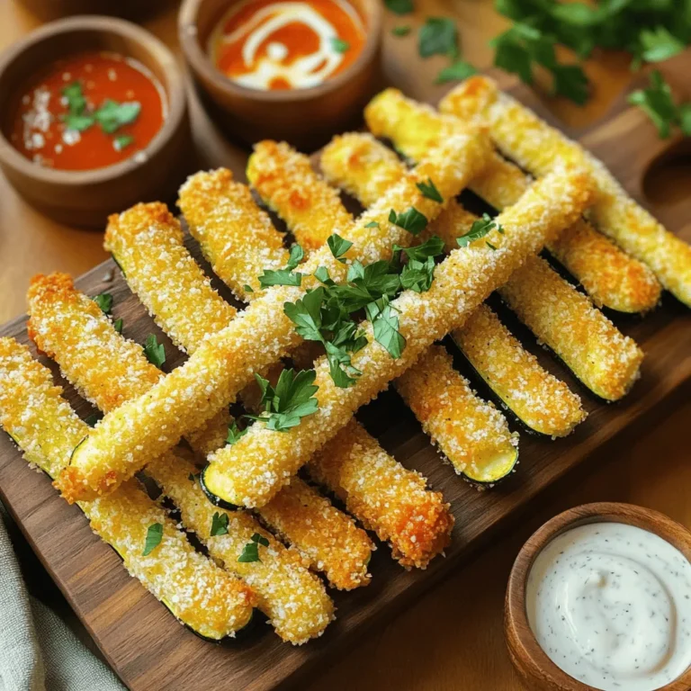 To make crispy zucchini sticks, you need a few key items: - 2 medium zucchinis, cut into sticks - 1 cup all-purpose flour - 2 large eggs, beaten These main ingredients form the base of your crunchy snack. The zucchini gives a fresh flavor, while flour and eggs help create a nice coating. To boost the taste of your zucchini sticks, add: - 1 teaspoon garlic powder - 1 teaspoon onion powder - 1 teaspoon Italian seasoning These seasonings add depth and a savory touch. They transform your dish from simple to sensational! For the final crispy touch, gather: - 1 cup breadcrumbs (panko recommended for extra crunch) - Olive oil spray (or vegetable oil for frying) - Salt and pepper to taste Panko breadcrumbs are key for achieving that crunch. Olive oil spray helps them crisp up nicely in the oven. This combination elevates the dish, making it a hit every time. For the full recipe, check out the instructions above. Preparing the Zucchini Start by washing the zucchinis well. Cut them into sticks about 4 inches long. Make sure they are similar in size. This helps them cook evenly. Setting Up Dredging Stations You need three shallow bowls. In the first bowl, mix flour, garlic powder, onion powder, Italian seasoning, paprika, salt, and pepper. In the second bowl, pour in the beaten eggs. The third bowl holds the breadcrumbs. If you want extra crunch, use panko breadcrumbs. Flour Dredging Process Take a zucchini stick and dip it into the flour mix. Make sure it’s fully coated. Shake off the extra flour. This step helps the egg stick later. Egg Bath Technique Next, dip the floured zucchini stick into the beaten eggs. Let any extra egg drip off. This makes sure the breadcrumbs stick well. Breadcrumb Coating Method Now, roll the zucchini stick in the breadcrumbs. Press gently to help them stick. Repeat these steps for all zucchini sticks. Lay them on a baking sheet in a single layer. Preheating the Oven Preheat your oven to 425°F (220°C). This high heat creates a crispy texture. Baking Time and Temperature Bake the zucchini sticks for 20-25 minutes. They should be golden brown and crispy. Tips for Flipping for Even Cooking Halfway through the baking time, flip each stick. This ensures they cook evenly on all sides. If you want even more crispiness, lightly spray the tops with olive oil before baking. For the full recipe, check the earlier section. Enjoy your crunchy snack! To get the best crunch, use panko breadcrumbs. They are lighter and crispier than regular breadcrumbs. This helps your zucchini sticks become super crunchy when baked. Always make sure to press the breadcrumbs onto each stick. This helps them stick better and creates a nice crust. Using olive oil spray is key. It gives the zucchini sticks a nice golden color and adds flavor. Lightly spray the tops before baking. This ensures they crisp up nicely in the oven. For a fun serving style, arrange the crispy zucchini sticks on a large platter. You can place small bowls of dipping sauce around them. This makes it easy for guests to enjoy. Use sauces like marinara or ranch dressing for extra flavor. To make your dish pop, sprinkle fresh parsley on top. This adds color and freshness. You can even add lemon wedges for a zesty touch. The bright colors make your snack look even more tempting. One big mistake is overcrowding the baking sheet. When you place too many sticks close together, they steam instead of bake. This means no crunch! Make sure to leave space between each stick for the hot air to circulate. Another mistake is not coating the zucchini properly. Make sure each stick gets a good layer of flour, egg, and breadcrumbs. If the coating is too thin, it won't hold up during baking. Take your time and coat each stick well for the best results. {{image_2}} You can change the flavor of your crispy zucchini sticks with different coatings. - Spicy Zucchini Sticks: Add cayenne pepper or chili powder to the flour mix. This gives a nice kick! - Cheesy Zucchini Sticks: Mix grated Parmesan into the breadcrumbs. It adds a rich, cheesy flavor that everyone loves. There are other ways to cook these zucchini sticks if you want a twist on the recipe. - Air Fryer Instructions: Preheat your air fryer to 400°F (200°C). Arrange the coated zucchini sticks in a single layer. Cook for 10-12 minutes, flipping halfway through. This method keeps them crispy and uses less oil. - Pan-Frying Techniques: Heat oil in a skillet over medium heat. Fry the zucchini sticks for 3-4 minutes on each side until golden brown. This gives them a nice crunch. Now that your zucchini sticks are ready, think about how to serve them. - Suggested Dipping Sauces: Marinara sauce is classic, but ranch dressing or a zesty yogurt dip works well too. You can also try sriracha for a spicy kick. - Best Sides to Accompany: Serve them with a fresh salad or alongside grilled chicken. They make a great party snack or appetizer. Get the full recipe for crispy zucchini sticks and enjoy these tasty snacks! To keep leftover zucchini sticks fresh, follow these tips: - Refrigeration Tips: Place zucchini sticks in an airtight container. Store them in the fridge for up to three days. Avoid stacking them too high, as this can cause sogginess. - Freezing Instructions: For longer storage, freeze zucchini sticks. First, flash freeze them on a baking sheet. Once frozen, transfer to a freezer bag. They can last up to three months. When it comes to reheating, you want to retain that crunch: - Oven Reheating for Crispness: Preheat your oven to 375°F (190°C). Place zucchini sticks on a baking sheet. Bake for about 10 minutes. This method keeps them crispy. - Microwave Considerations: If you use the microwave, the sticks may become soggy. Heat them on a plate for 30 seconds. Check and repeat if needed, but avoid overheating. Knowing how long your zucchini sticks last is key: - Best Practices for Freshness: Always store in an airtight container. This helps keep moisture out and maintains flavor. - Signs of Spoilage: Check for any discoloration or a slimy texture. If they smell off or look bad, it’s best to toss them. Enjoy the fresh taste of your crispy zucchini sticks with confidence! Yes, you can prep these zucchini sticks ahead. To do this, follow these steps: - Dredge the zucchini sticks: Coat them with flour, dip in egg, and cover with breadcrumbs. - Place on a baking sheet: Line them up without touching each other. - Cover tightly: Use plastic wrap to keep them fresh in the fridge. - Bake when ready: Take them out and bake as per the recipe. This way, you save time! If you need a gluten-free option, here are some great alternatives: - Almond flour: This adds a nice nutty flavor. - Cornmeal: It gives a crunchy texture. - Crushed rice cereal: This works well for a light crunch. These options help make your zucchini sticks crispy and tasty without wheat! Absolutely! This recipe is fun for kids. Here are some tasks they can do: - Washing the zucchini: Kids can help clean the veggies. - Coating the sticks: Let them dip the zucchini in flour and egg. - Arranging on the sheet: They can place the sticks on the baking sheet. Cooking together makes great memories and teaches kids important skills! Crispy zucchini sticks are easy to make and full of flavor. You need simple ingredients like zucchini, flour, and eggs, along with tasty seasonings. Following the step-by-step instructions ensures perfect results every time. Keep in mind the tips for maximum crispiness and avoid common mistakes to elevate your dish. You can even explore fun variations and learn how to store leftovers. Enjoy creating this dish, and don’t forget to share your delicious results with friends and family!
