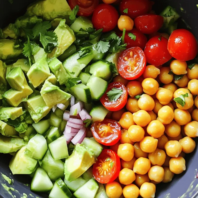 - 1 can (15 oz) chickpeas, drained and rinsed - 2 ripe avocados, diced - 1 cup cherry tomatoes, halved - ½ red onion, finely chopped - ½ cucumber, diced - ¼ cup fresh cilantro, chopped - 2 tablespoons olive oil - 1 tablespoon lime juice - 1 teaspoon cumin - Salt and pepper to taste To make a tasty avocado chickpea salad, you need fresh and bright ingredients. The chickpeas are your protein base, and they add a nice texture. Ripe avocados bring creaminess and healthy fats. Cherry tomatoes add a sweet burst of flavor. Red onion gives a mild kick, while cucumber adds crunch. Cilantro brings a fresh herb taste that brightens the dish. Olive oil and lime juice work as a simple dressing. Cumin adds a warm, earthy flavor, while salt and pepper enhance everything. This mix not only tastes great but also packs a nutritional punch. - Calories per serving: About 250 calories - Macronutrient breakdown: - Protein: 8g - Carbohydrates: 30g - Fat: 12g This salad is not just yummy but also healthy. It’s full of vitamins, minerals, and fiber. Each ingredient contributes to your daily needs, making it a great choice for lunch or dinner. You can find the full recipe in the link above. 1. First, take a large mixing bowl. 2. Combine the rinsed chickpeas, diced avocados, halved cherry tomatoes, chopped red onion, and diced cucumber in the bowl. 3. Next, add the chopped cilantro, olive oil, lime juice, cumin, salt, and pepper. 1. Now, gently toss all the ingredients together. 2. Be careful not to mash the avocados while mixing. 3. Taste the salad and adjust the seasoning if you need to. Add more lime juice, salt, or pepper for your taste. 1. For a fun twist, serve with toasted pita chips. 2. You can also serve the salad over a bed of mixed greens. 3. This adds a nice crunch and extra flavor to your meal. For a complete guide, check out the Full Recipe. To pick ripe avocados, look for ones that feel a bit soft when you gently squeeze them. Avoid avocados that have dark spots or feel mushy. The skin should be dark green or black, but color alone is not enough. Check the stem, too. If it pops off easily and the skin beneath is green, your avocado is ready. If it’s brown, it’s overripe. For the best taste, use avocados that are ripe but not overripe. You can make your avocado chickpea salad even better with a few extra seasonings. Try adding minced garlic for a rich taste. A bit of diced jalapeño adds a nice kick. You can also sprinkle in some smoked paprika or chili powder for warmth. Fresh herbs like dill or parsley can also brighten up the dish. Don’t be afraid to play around with flavors until you find your favorite mix. To save time, you can prep your ingredients ahead of time. Chop the vegetables and store them in airtight containers in the fridge. You can also rinse the chickpeas and keep them ready to go. Just remember, avocados brown quickly. To keep them fresh, store diced avocados with a little lime juice. Mix everything just before serving to keep that fresh taste. This will help you whip up your salad in minutes. For the full recipe, check out the Avocado Chickpea Delight. {{image_2}} You can make your avocado chickpea salad even better. Try adding cooked shrimp for a seafood twist. Shrimp adds a nice flavor and protein. Feta cheese also works well. It gives a creamy texture and salty taste. You can mix and match these options based on what you like. This salad is already great for many diets. It is vegan and gluten-free. If you want to keep it vegan, skip any cheese or animal protein. For gluten-free, check labels on store-bought ingredients. Most of the items in this dish are naturally gluten-free. You can enjoy this salad without worry. Feel free to change up the flavors. Try different dressings like balsamic vinegar or tahini. You can also add fresh herbs like basil or dill. These herbs can brighten the salad. If you like spice, add some chopped jalapeño. It gives a nice kick! Each twist creates a new experience. To store leftovers, place the salad in an airtight container. This helps keep it fresh for longer. If you have extra lime juice, drizzle some on top before sealing. This adds flavor and slows browning. If possible, store the avocado and chickpeas separately. This keeps the salad crisp and tasty. The salad keeps in the fridge for about three days. After that, the avocados may turn brown. To avoid this, eat the salad soon after making it. If you notice any off smells or slimy textures, it's best to toss it out. Always trust your senses when it comes to food safety. I do not recommend freezing this salad. Freezing can change the texture of the avocados and chickpeas. They may become mushy when thawed. If you want to prep ahead, store the chickpeas and veggies separately. You can mix them together when you're ready to eat. For more detailed instructions, check out the Full Recipe. Yes, you can make Avocado Chickpea Salad ahead of time. To keep it fresh, prep the salad but don't mix in the avocado right away. Slice the avocados just before serving. This way, they stay green and tasty. You can store the other ingredients in the fridge. Use an airtight container to keep them fresh. When you are ready to eat, add the avocado and mix well. Yes, you can swap chickpeas for other beans. Black beans or kidney beans work great here. They add a nice flavor and texture. If you want a lighter option, try using white beans like cannellini. Each bean gives the salad a unique taste. Just make sure to rinse and drain them like you do with chickpeas. You can serve this salad with many dishes. It pairs well with grilled chicken or fish. You can also enjoy it with pita chips for a crunchy side. If you want a light meal, serve it over mixed greens. This adds more veggies and makes it filling. A side of soup, like tomato or butternut squash, also complements the salad. This blog post shared a simple recipe for Avocado Chickpea Salad. You learned about the fresh ingredients and how to mix them. I offered tips for choosing ripe avocados and enhancing the flavor. You can try different proteins and dressings to make it your own. Remember to store leftovers properly for the best taste. Enjoy making this healthy salad for any occasion. It’s easy, delicious, and packed with nutrients. Get creative and have fun with the recipe!