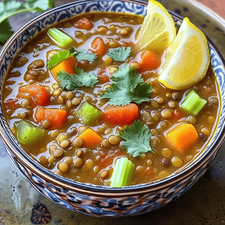 To make a tasty spiced lentil soup, gather these key ingredients: - 1 cup green or brown lentils, rinsed - 1 tablespoon olive oil - 1 medium onion, diced - 2 cloves garlic, minced - 2 medium carrots, diced - 2 celery stalks, diced - 1 teaspoon ground cumin - 1 teaspoon ground coriander - 1/2 teaspoon smoked paprika - 1/4 teaspoon cayenne pepper (adjust to taste) - 1 can (14 oz) diced tomatoes - 6 cups vegetable broth - 1 bay leaf - Salt and pepper to taste - Fresh cilantro, chopped (for garnish) - Lemon wedges (for serving) These ingredients create a warm and filling soup. The lentils are the star, giving protein and fiber. The spices add a nice kick and depth of flavor. You can make your soup even better with extra touches. Here are some fun ideas: - Avocado slices for creaminess - Chopped green onions for a fresh crunch - A dollop of yogurt for richness - A sprinkle of feta cheese for a tangy twist These add-ins not only add flavor but also make the soup look pretty. If you need to change the amounts, here are some quick tips: - 1 cup equals 240 ml - 1 tablespoon equals 15 ml - 1 teaspoon equals 5 ml If you want to double the recipe, just multiply each amount by two. This way, you can share the joy of this soup with more people! For the full recipe, check out the complete guide. Start by heating the olive oil in a large pot over medium heat. This oil adds great flavor. Add the diced onion and sauté it for about 5 minutes. You want it to turn soft and clear. Next, stir in the minced garlic, diced carrots, and diced celery. Cook these for another 5 minutes. Stir them often until the veggies soften. This mix of aromatics forms the base of your soup. Once your aromatics are ready, it's time to add the lentils. Pour in the rinsed green or brown lentils. Then, add the canned diced tomatoes with their juice. Next, pour in the vegetable broth and add the bay leaf. This broth gives your soup deep taste. Bring the mix to a boil, and then reduce the heat. Let it simmer uncovered for about 30 to 35 minutes. Stir occasionally until the lentils are tender. After the lentils cook, remove the bay leaf. This step is important, as the leaf does not taste good. Season your soup with salt and pepper. If it seems too thick, you can add more broth. Adjust it to your liking. Finally, serve the soup hot. Garnish with fresh cilantro and a squeeze of lemon juice for added flavor. Enjoy your warm, spiced lentil soup! You can find the full recipe [here]. To get the richest taste, use fresh spices. Ground spices lose their kick over time. I recommend buying whole spices and grinding them. This adds a nice depth to your soup. Also, let your spices toast for a minute before adding liquid. This step brings out their natural oils and flavors. Cooking lentils is easy. Rinse them well to remove dirt. I prefer green or brown lentils for this soup. They hold their shape better. Always check the cooking time on the package. Most lentils need 20 to 30 minutes. If you overcook them, they can turn mushy. Serve the soup hot for the best experience. A dollop of yogurt or sour cream adds creaminess. Fresh cilantro brightens the dish and adds flavor. You can also squeeze some lemon juice on top. For a complete meal, pair it with crusty bread or a salad. This soup is filling and perfect for any day. Try the [Full Recipe] for more details! {{image_2}} This spiced lentil soup is naturally vegetarian and vegan. You can keep it plant-based by using vegetable broth. If you want creaminess, add a dollop of coconut milk. It gives the soup a rich taste without losing its core flavors. You can also add more veggies, like spinach or kale, for added nutrition. If you want to boost the protein, there are great options. You can add cooked chickpeas or diced tofu. Both mix well with the flavors. If you enjoy meat, try adding shredded chicken or turkey. This addition can make the soup heartier and more filling. You can change the soup's flavor by using different spices. Try adding turmeric for a warm, earthy taste. A splash of soy sauce or a bit of ginger can bring a new twist. Experiment with fresh herbs like thyme or rosemary. Each change adds a unique flavor to your bowl. To store leftover spiced lentil soup, let it cool first. Then, pour the soup into an airtight container. Make sure to seal it tightly. You can keep it in the fridge for up to five days. Label the container with the date so you remember when you made it. When you're ready to enjoy your soup again, take it out of the fridge. Pour the soup into a pot. Heat it over medium heat, stirring often. If the soup seems too thick, add a bit of water or broth to thin it out. You can also microwave it. Place it in a microwave-safe bowl and cover it loosely. Heat for one to two minutes, stirring halfway through. If you want to save your spiced lentil soup for later, freezing is a great option. Use freezer-safe containers or bags. Leave some space at the top, as soup expands when frozen. It will stay fresh for up to three months. When you're ready to eat it, thaw it overnight in the fridge. Then, reheat as mentioned before. Enjoy the flavors of your delicious soup again! For the full recipe, check out the details above. Yes, you can use various lentils in this soup. Green and brown lentils work best. They hold their shape well during cooking. Red lentils cook faster and become soft, creating a creamier texture. If you use red lentils, reduce the cooking time by about 10 minutes. Mixing lentils can also add unique flavors and textures. This spiced lentil soup is naturally gluten-free! The ingredients, like lentils and vegetables, do not contain gluten. Always check your vegetable broth to ensure it is gluten-free. Some broths may have added ingredients that contain gluten. As long as you select the right broth, you can enjoy this soup worry-free. Here are a few common mistakes to watch out for: - Not rinsing lentils: Rinse them well before cooking to remove dust and debris. - Overcooking the lentils: Keep an eye on them to avoid mushiness. - Skipping the spices: The spices add depth, so don’t skip them! - Not seasoning enough: Taste as you go and adjust the salt and pepper. By avoiding these mistakes, you’ll create a flavorful and nourishing soup. For the full recipe, check the section above. This blog post walks you through making spiced lentil soup, from essential ingredients to cooking tips. You learned how to prepare the soup with aromatics, finish it with flavorful seasonings, and serve it perfectly. With variations for different diets and easy storage tips, you'll enjoy this dish anytime. Remember, cooking is about exploring flavors, so have fun with it. Enjoy your warm, hearty bowl of spiced lentil soup!