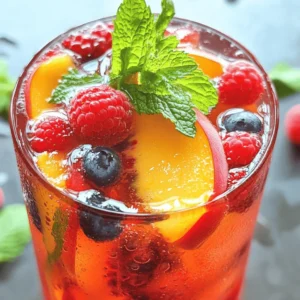 To make delicious Peach Berry Iced Tea, gather these ingredients: - 4 cups water - 2 black tea bags - 1 ripe peach, sliced - 1 cup mixed berries (strawberries, raspberries, blueberries) - 1/4 cup honey or agave syrup (adjust to taste) - 1 tablespoon lemon juice - Fresh mint leaves for garnish These simple items create a refreshing drink. Each ingredient adds a unique flavor. The ripe peach gives sweetness, while mixed berries add a tangy twist. Sweetening your iced tea can change its taste. Here are some options: - Honey - Agave syrup - Maple syrup - Stevia Honey adds a rich flavor. Agave syrup is lighter and blends well. Choose what fits your taste best. Adjust the amount to make it sweeter or less sweet. You can switch up the fruits for new flavors. Here are some tasty alternatives: - Pineapple - Mango - Watermelon - Citrus fruits (like oranges or lemons) Using different fruits can change the whole drink. Pineapple brings a tropical vibe, while citrus adds a zesty kick. Mix and match to find your favorite combination. Don't forget to check the [Full Recipe] for more details! Start by boiling 4 cups of water in a pot. When the water boils, remove it from the heat. Add in 2 black tea bags and let them steep for 5 minutes. This step is key for a rich tea flavor. After steeping, take out the tea bags. The tea is now ready for mixing. While the tea steeps, prepare your fruit. Slice one ripe peach and gather 1 cup of mixed berries. You can use strawberries, raspberries, or blueberries. Place all the fruit in a blender. Add 1/4 cup of honey or agave syrup and 1 tablespoon of lemon juice. Blend until the mix is smooth. This fruit blend gives your tea a vibrant taste. Next, strain the fruit mixture through a fine mesh sieve into a large pitcher. Press down with a spoon to get out all the juice. Discard the solids. Pour the brewed tea into the pitcher with the fruit juice. Stir well to combine everything. Let the mixture cool to room temperature. Then, refrigerate it for at least 2 hours. Once chilled, serve over ice. Garnish with fresh mint leaves and extra fruit slices if you like. This drink is a true summer treat! For the full recipe, check out the section above. To make the best Peach Berry Iced Tea, focus on the tea-to-water ratio. I like using two tea bags for every four cups of water. This gives a strong flavor without being bitter. If you want a lighter taste, try one bag for four cups. Adjust based on your preference. Mint is my go-to herb for this drink. It adds a fresh taste and looks great too. You can add mint leaves when you serve the tea. Just slap them gently to release their oils. Other herbs like basil can add a unique twist. Experiment with flavors you love! Serve your iced tea in clear glasses to show off the vibrant colors. Add ice cubes made from fruit juice for extra flair. You can also float some berry slices or peach wedges on top. A sprig of mint on each glass adds a nice touch. For a fun twist, try using colorful straws. Enjoy this drink at summer picnics or outdoor gatherings. Check the Full Recipe for more tips and tricks! {{image_2}} You can add a fun twist to this drink. Try mixing in some vodka or rum. Use about 1 to 2 ounces per glass. This will give your iced tea a nice kick. Just mix it in after you combine the tea and fruit juice. It’s perfect for summer parties or relaxing on the porch. As summer rolls around, you can switch up the fruits. In spring, add fresh strawberries and blueberries. In fall, consider using apples and pears. Each season brings new flavors. This way, your iced tea stays fresh and exciting all year. You can also try herbal teas like peach or berry for a different taste. If you prefer less bitterness, try cold brewing. Just steep the tea bags in cold water. Use the same amount of water but let it sit overnight in the fridge. This method makes a smoother iced tea. After steeping, mix in your fruit puree as before. Cold brewing takes a little longer but it's so worth it for that crisp taste. For the complete recipe, you can refer to the Full Recipe section. To store leftover peach berry iced tea, pour it into a clean pitcher. Make sure to seal it with a lid or cover it tightly with plastic wrap. This keeps dust and other smells away. Store the pitcher in the fridge. This method helps keep your drink cold and tasty. To keep the flavors fresh, avoid storing the iced tea with fruit slices in it. The fruit can make the tea taste different over time. Instead, add fresh fruit just before serving. If you want to use mint, add it when you serve the tea. This way, the flavors will stay bright and lively. Peach berry iced tea stays fresh in the fridge for up to four days. After that, it may lose its great taste. If you want to keep it longer, you can freeze it. Pour the tea into ice cube trays. Once frozen, you can use the cubes in other drinks. This way, you can enjoy a refreshing sip anytime! For the full recipe, check out the Peach Berry Bliss Iced Tea. To make Peach Berry Iced Tea without sugar, you can skip the honey or agave. Use fresh fruit for natural sweetness. The ripe peach and mixed berries add great flavor. You can also add a little lemon juice. This will enhance the taste without needing added sugar. Yes, you can use green tea instead of black tea. Green tea has a lighter taste. It pairs well with peach and berries. Just steep it for a shorter time, about 3 minutes. This keeps the flavor fresh and bright. You can still enjoy all the fruity goodness. Peach Berry Iced Tea offers many health benefits. Peaches are high in vitamins A and C. They help with skin health and immunity. Mixed berries are rich in antioxidants. They support heart health and may lower blood pressure. This iced tea is also hydrating, making it a great summer drink. Enjoying it can feel good and refreshing. For the detailed recipe, you can check the Full Recipe. In this article, I shared how to make Peach Berry Iced Tea with fresh ingredients. You learned about tea prep, blending fruit, and serving tips. We explored variations to fit your tastes and occasions. Keep these tips in mind for perfecting your drink. Your iced tea experience will be enjoyable and refreshing. I hope you feel inspired to experiment with flavors and share your tasty creations. Enjoy every sip!