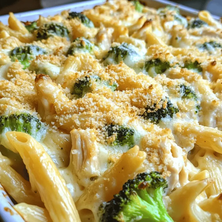 To make a tasty Chicken Broccoli Alfredo Bake, you need these simple ingredients: - 2 cups cooked chicken, shredded - 3 cups broccoli florets (fresh or frozen) - 8 ounces penne pasta - 1 tablespoon olive oil - 2 cups Alfredo sauce (store-bought or homemade) - 1 cup shredded mozzarella cheese - 1/2 cup grated Parmesan cheese - 1 teaspoon garlic powder - 1/2 teaspoon black pepper - Salt to taste - 1/2 cup breadcrumbs (optional for topping) These ingredients blend together to create a creamy, cheesy dish that warms the heart. The chicken adds protein, while broccoli brings a nice crunch and color. Pasta makes it filling, and the Alfredo sauce ties everything together in a rich, savory way. You can use store-bought Alfredo sauce if you're short on time. Just remember, fresh ingredients always enhance the flavor. Don't skip the cheese! It adds a great texture and taste. The breadcrumbs, if used, give a nice crunch on top. For the full recipe with instructions, check out the [Full Recipe]. - Preheat your oven to 350°F (175°C). This helps cook the dish evenly. - In a large pot, bring salted water to a boil. Cook the penne pasta until al dente. This means it should be firm but not hard. Drain the pasta and set it aside. - In a large skillet, heat olive oil over medium heat. Add the broccoli florets and sauté them for about 3-4 minutes. You want them bright green and tender-crisp. Remove the skillet from heat. - In a large mixing bowl, combine the shredded chicken, cooked penne pasta, sautéed broccoli, and Alfredo sauce. Add the mozzarella cheese, garlic powder, black pepper, and salt. Mix everything well until all ingredients are coated. - Transfer your mixture to a greased 9x13 inch baking dish. Spread it out evenly to ensure even cooking. - If you want extra crunch, sprinkle breadcrumbs on top. Finish it off with a layer of grated Parmesan cheese. - Bake your casserole in the preheated oven for 25 to 30 minutes. Look for a golden, bubbly top to know it’s done. - After baking, remove the dish from the oven. Let it cool for a few minutes before serving. This helps the dish set up nicely. For the full details, check the Full Recipe. How to ensure chicken stays moist To keep your chicken tender, use cooked chicken. Shred it before mixing. This helps it soak up the sauce and stay juicy. Avoid overcooking it in the oven. Tips for perfect broccoli texture For broccoli, use fresh or frozen florets. If fresh, steam them for 3-4 minutes. This keeps them bright and crisp. If frozen, thaw and drain before adding to the mix. Best practices for pasta cooking Cook the penne until al dente. This means it should still have a bit of bite. Drain and rinse with cold water to stop the cooking. This step helps it not turn mushy. Pairing ideas with side dishes This dish pairs well with a simple salad. A green salad with lemon vinaigrette adds freshness. Garlic bread is another great option. It adds a nice crunch and flavor. Best garnishes and toppings Garnish your bake with fresh parsley or basil. These herbs add color and flavor. You can also sprinkle more cheese on top before serving for extra creaminess. Optimal serving temperature Serve this casserole warm. Let it cool for a few minutes after baking. This helps the layers set and makes it easier to serve. Enjoy it hot for the best taste! For the full recipe, check [Full Recipe]. {{image_2}} You can change a few ingredients to make this bake more personal. If you want an alternative protein, try cooked turkey or even shrimp. For a plant-based twist, swap chicken with chickpeas or tofu. You can also add more veggies. Consider spinach, bell peppers, or even sliced mushrooms. These swaps boost nutrition too. Cheese is a key part of this dish. If you want a twist, use gouda or cheddar instead of mozzarella. Mixing different cheeses adds depth to the flavor. To make a homemade Alfredo sauce, you need just three simple ingredients: butter, heavy cream, and parmesan cheese. Melt the butter, stir in the cream, and then whisk in the cheese until it’s smooth. This sauce is rich and creamy. If you want to play with flavors, consider other sauces like a creamy mushroom sauce or a spicy cheese sauce. Just make sure it complements the chicken and broccoli. You can also add a pinch of red pepper flakes for a little heat. Adjust spices to fit your taste. If you like garlic, add more garlic powder. For a zesty kick, mix in lemon juice. Each option brings a new flavor profile to your Chicken Broccoli Alfredo Bake. For the full recipe, check out the [Full Recipe]. To store leftovers, let the Chicken Broccoli Alfredo Bake cool first. Place it in an airtight container. I recommend glass or BPA-free plastic containers. They keep the food fresh and safe. In the fridge, it will last about 3 to 4 days. Make sure to label the container with the date you stored it. If you want to freeze it, let the bake cool completely. I find it best to use a freezer-safe container. You can also wrap it tightly in plastic wrap and then foil. This method helps prevent freezer burn. It can last for up to 3 months in the freezer. When you’re ready to eat, thaw it in the fridge overnight. For the best results, reheat it in the oven at 350°F (175°C). Cover it with foil to keep it moist. Bake it for about 25 minutes, or until hot throughout. Enjoy your meal just like the first time! Can I make Chicken Broccoli Alfredo Bake ahead of time? Yes, you can! Prepare the dish, cover it, and store it in the fridge. You can also freeze it if you want to keep it longer. Just remember to thaw it overnight in the fridge before baking. What can I replace if I don't have Alfredo sauce? If you don’t have Alfredo sauce, you can use a white sauce or a creamy cheese sauce instead. You can even try using a mix of cream cheese and milk for a quick homemade version. Is it possible to make this dish vegetarian? Absolutely! To make it vegetarian, skip the chicken and add more veggies. You can use mushrooms, zucchini, or bell peppers. Just make sure to use a vegetarian Alfredo sauce. How long to bake the casserole for best results? Bake the casserole for 25 to 30 minutes at 350°F (175°C). It should be golden and bubbly when done. Can I use frozen broccoli in this recipe? Yes, you can use frozen broccoli. It works great and saves time. Just thaw it before adding to the mix. What pasta works best for Chicken Broccoli Alfredo Bake? Penne pasta is perfect for this dish. Its shape holds the sauce and pairs well with the chicken and broccoli. You can also try rotini or fusilli for a fun twist. For a full recipe, check out the [Full Recipe]. This article shows you how to make Chicken Broccoli Alfredo Bake. You learned about the key ingredients, step-by-step cooking instructions, and helpful tips for perfect results. We also explored tasty variations and storage methods to keep your dish fresh. In the end, this recipe is simple and flexible. It allows you to customize it to your taste. Enjoy this comforting meal with family and friends, knowing you have all the tools to make it great. Happy cooking!