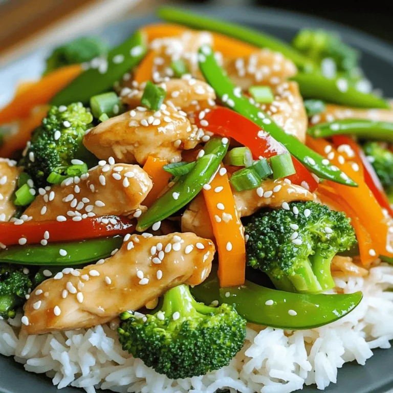 - 1 lb boneless, skinless chicken breast, thinly sliced - 2 tablespoons sesame oil - 1 tablespoon fresh ginger, minced - 3 cloves garlic, minced For the chicken, I recommend using fresh, boneless, skinless breasts. They cook quickly and stay juicy. The sesame oil adds a rich flavor. Ginger and garlic bring warmth and depth to the dish. - 1 bell pepper (red or yellow), sliced - 1 cup broccoli florets - 1 cup snap peas - 1 carrot, julienned - 3 green onions, chopped (white and green parts separated) Choose bright veggies for color and crunch. The bell pepper adds sweetness. Broccoli and snap peas provide a nice snap. Carrots bring a bit of earthiness, while green onions add freshness. - 1/4 cup soy sauce (low-sodium) - 1 tablespoon honey - 1 tablespoon rice vinegar - 1 tablespoon cornstarch mixed with 2 tablespoons water (slurry) - Sesame seeds for garnish Low-sodium soy sauce keeps the dish balanced. Honey gives a sweet touch, while rice vinegar adds zing. The cornstarch slurry thickens the sauce, making it perfect for coating the chicken and veggies. Don’t forget the sesame seeds for a nice crunch at the end. For the full recipe, check out the details above. To make sesame ginger chicken stir-fry, start with the prep. Gather all your ingredients. This keeps everything organized and makes cooking easier. 1. Heat 1 tablespoon of sesame oil in a large skillet or wok over medium-high heat. 2. Add the sliced chicken. Sprinkle some salt and pepper on top. Stir-fry for about 5-7 minutes. Cook until the chicken is fully cooked and golden brown. Remove the chicken from the skillet and set it aside. 3. In the same skillet, add another tablespoon of sesame oil. Add the minced ginger and garlic. Sauté for about 30 seconds until you smell that great aroma. 4. Toss in the bell pepper, broccoli, snap peas, and carrot. Stir-fry these veggies for about 4-5 minutes. You want them tender-crisp. 5. Put the cooked chicken back into the skillet. In a small bowl, mix the soy sauce, honey, and rice vinegar. Pour this mixture over the chicken and veggies. 6. Stir everything together. Let it simmer for a moment. 7. Gradually add the cornstarch slurry. Stir constantly until the sauce thickens. This takes about 1-2 minutes. 8. Take it off the heat. Add the chopped green parts of the green onions. 9. Plate your stir-fry and sprinkle sesame seeds on top. To make the best stir-fry, remember these tips: - Always use high heat. This helps to sear the chicken and veggies quickly. - Cut your ingredients into similar sizes. This ensures even cooking. - Don’t overcrowd the pan. Cook in batches if needed. This keeps things hot and crisp. - Prep all your ingredients before cooking. This makes the process smooth and quick. For a colorful presentation, serve the stir-fry over steamed jasmine rice. Arrange the chicken and veggies around the rice. This creates a beautiful and inviting dish. You can also serve it with chopsticks for a fun touch. For a twist, add some sliced avocado or a sprinkle of chopped nuts on top. Enjoy your meal! For the full recipe, check out the details above. When making sesame ginger chicken stir-fry, avoid overcooking the chicken. It should be juicy, not dry. Also, don’t skip the cornstarch slurry. This step thickens the sauce and gives it a nice shine. Another mistake is adding too many vegetables at once. Cook them in batches for even heat and crispness. A large skillet or wok is key for stir-frying. It gives enough space for the chicken and veggies to cook without crowding. You’ll also need a sharp knife to slice the chicken and vegetables easily. A spatula helps in stirring and flipping everything well. Don’t forget a mixing bowl for combining sauces! To boost flavor, marinate the chicken in soy sauce, ginger, and garlic for 30 minutes before cooking. This adds depth to the dish. Fresh herbs like cilantro or Thai basil can also add a nice touch. For a spicy kick, add red pepper flakes or fresh chili. Lastly, sprinkle sesame seeds on top for crunch and visual appeal. For the full recipe, check out the Sesame Ginger Chicken Stir-Fry. {{image_2}} If you want a change, try using beef, shrimp, or tofu. Each option gives a new taste. Beef will add a rich flavor. Shrimp cooks quickly and is light. Tofu is great for a plant-based meal. Just slice it into cubes and sauté until golden. This keeps the dish fun and fresh. You can mix up the veggies based on what you like. Snow peas, zucchini, or bell peppers work well. Try adding mushrooms or bok choy for a twist. Each veggie brings its unique flavor and texture. Use what is in season for the best taste. Aim for colorful plates; they look better and taste great! While soy sauce is key, you can switch it up. Try teriyaki sauce for a sweeter kick. Hoisin sauce adds a nice depth, too. You could even use a bit of chili paste for heat. Don’t forget to adjust the amount of honey if you add a sweeter sauce. Be creative! There’s no wrong way to make it your own. For the full recipe, check out the detailed steps above! After enjoying your sesame ginger chicken stir-fry, let the leftovers cool. Place them in an airtight container. This keeps the food fresh and tasty. Store it in the fridge for up to three days. Label your container with the date. This way, you know when to eat it. When it’s time to eat your leftovers, take them out of the fridge. You can reheat them on the stove or in the microwave. For the stove, put the stir-fry in a skillet over medium heat. Stir often for even heating. If using the microwave, cover the bowl with a microwave-safe lid. Heat for 1-2 minutes, then check if it's hot enough. If not, heat for another minute. Want to save some for later? You can freeze sesame ginger chicken stir-fry. Use a freezer-safe container or a heavy-duty freezer bag. Remove as much air as you can before sealing. This helps prevent freezer burn. Label the bag with the date. You can freeze it for up to three months. To enjoy later, thaw it in the fridge overnight before reheating. For the best taste, eat it within a month. You can serve sesame ginger chicken stir-fry with steamed jasmine rice or quinoa. The rice soaks up the sauce well. You can also pair it with noodles for a heartier meal. Add a side of spring rolls or a simple cucumber salad for extra crunch. Yes, you can use frozen vegetables. They save time and are often just as nutritious. Just remember to cook them a bit longer. Make sure to thaw them first to avoid excess water in the stir-fry. To make your stir-fry spicier, add red pepper flakes or sliced jalapeños. You can also use spicy sauce like sriracha. Start with a small amount, then taste before adding more heat. This recipe can be gluten-free. Use gluten-free soy sauce or tamari instead of regular soy sauce. Check all other sauces and ingredients to ensure they are gluten-free too. For meal prep, make a larger batch of sesame ginger chicken stir-fry. Store it in airtight containers. This dish keeps well in the fridge for up to four days. Reheat it in the microwave or on the stove. You can also pack it with rice or noodles for easy lunches. Check out the Full Recipe for more details! This blog post covered how to make a tasty sesame ginger chicken stir-fry. We discussed ingredients, the cooking process, and tips for the best results. You learned common mistakes to avoid, smart tools to use, and ways to store leftovers. We also explored variations and answered your pressing questions. Now, you can impress your family and friends with a delicious stir-fry. Enjoy the flavors and make it your own!