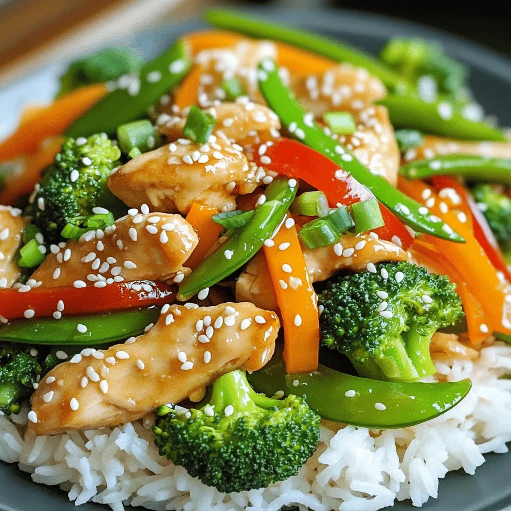 - 1 lb boneless, skinless chicken breast, thinly sliced - 2 tablespoons sesame oil - 1 tablespoon fresh ginger, minced - 3 cloves garlic, minced For the chicken, I recommend using fresh, boneless, skinless breasts. They cook quickly and stay juicy. The sesame oil adds a rich flavor. Ginger and garlic bring warmth and depth to the dish. - 1 bell pepper (red or yellow), sliced - 1 cup broccoli florets - 1 cup snap peas - 1 carrot, julienned - 3 green onions, chopped (white and green parts separated) Choose bright veggies for color and crunch. The bell pepper adds sweetness. Broccoli and snap peas provide a nice snap. Carrots bring a bit of earthiness, while green onions add freshness. - 1/4 cup soy sauce (low-sodium) - 1 tablespoon honey - 1 tablespoon rice vinegar - 1 tablespoon cornstarch mixed with 2 tablespoons water (slurry) - Sesame seeds for garnish Low-sodium soy sauce keeps the dish balanced. Honey gives a sweet touch, while rice vinegar adds zing. The cornstarch slurry thickens the sauce, making it perfect for coating the chicken and veggies. Don’t forget the sesame seeds for a nice crunch at the end. For the full recipe, check out the details above. To make sesame ginger chicken stir-fry, start with the prep. Gather all your ingredients. This keeps everything organized and makes cooking easier. 1. Heat 1 tablespoon of sesame oil in a large skillet or wok over medium-high heat. 2. Add the sliced chicken. Sprinkle some salt and pepper on top. Stir-fry for about 5-7 minutes. Cook until the chicken is fully cooked and golden brown. Remove the chicken from the skillet and set it aside. 3. In the same skillet, add another tablespoon of sesame oil. Add the minced ginger and garlic. Sauté for about 30 seconds until you smell that great aroma. 4. Toss in the bell pepper, broccoli, snap peas, and carrot. Stir-fry these veggies for about 4-5 minutes. You want them tender-crisp. 5. Put the cooked chicken back into the skillet. In a small bowl, mix the soy sauce, honey, and rice vinegar. Pour this mixture over the chicken and veggies. 6. Stir everything together. Let it simmer for a moment. 7. Gradually add the cornstarch slurry. Stir constantly until the sauce thickens. This takes about 1-2 minutes. 8. Take it off the heat. Add the chopped green parts of the green onions. 9. Plate your stir-fry and sprinkle sesame seeds on top. To make the best stir-fry, remember these tips: - Always use high heat. This helps to sear the chicken and veggies quickly. - Cut your ingredients into similar sizes. This ensures even cooking. - Don’t overcrowd the pan. Cook in batches if needed. This keeps things hot and crisp. - Prep all your ingredients before cooking. This makes the process smooth and quick. For a colorful presentation, serve the stir-fry over steamed jasmine rice. Arrange the chicken and veggies around the rice. This creates a beautiful and inviting dish. You can also serve it with chopsticks for a fun touch. For a twist, add some sliced avocado or a sprinkle of chopped nuts on top. Enjoy your meal! For the full recipe, check out the details above. When making sesame ginger chicken stir-fry, avoid overcooking the chicken. It should be juicy, not dry. Also, don’t skip the cornstarch slurry. This step thickens the sauce and gives it a nice shine. Another mistake is adding too many vegetables at once. Cook them in batches for even heat and crispness. A large skillet or wok is key for stir-frying. It gives enough space for the chicken and veggies to cook without crowding. You’ll also need a sharp knife to slice the chicken and vegetables easily. A spatula helps in stirring and flipping everything well. Don’t forget a mixing bowl for combining sauces! To boost flavor, marinate the chicken in soy sauce, ginger, and garlic for 30 minutes before cooking. This adds depth to the dish. Fresh herbs like cilantro or Thai basil can also add a nice touch. For a spicy kick, add red pepper flakes or fresh chili. Lastly, sprinkle sesame seeds on top for crunch and visual appeal. For the full recipe, check out the Sesame Ginger Chicken Stir-Fry. {{image_2}} If you want a change, try using beef, shrimp, or tofu. Each option gives a new taste. Beef will add a rich flavor. Shrimp cooks quickly and is light. Tofu is great for a plant-based meal. Just slice it into cubes and sauté until golden. This keeps the dish fun and fresh. You can mix up the veggies based on what you like. Snow peas, zucchini, or bell peppers work well. Try adding mushrooms or bok choy for a twist. Each veggie brings its unique flavor and texture. Use what is in season for the best taste. Aim for colorful plates; they look better and taste great! While soy sauce is key, you can switch it up. Try teriyaki sauce for a sweeter kick. Hoisin sauce adds a nice depth, too. You could even use a bit of chili paste for heat. Don’t forget to adjust the amount of honey if you add a sweeter sauce. Be creative! There’s no wrong way to make it your own. For the full recipe, check out the detailed steps above! After enjoying your sesame ginger chicken stir-fry, let the leftovers cool. Place them in an airtight container. This keeps the food fresh and tasty. Store it in the fridge for up to three days. Label your container with the date. This way, you know when to eat it. When it’s time to eat your leftovers, take them out of the fridge. You can reheat them on the stove or in the microwave. For the stove, put the stir-fry in a skillet over medium heat. Stir often for even heating. If using the microwave, cover the bowl with a microwave-safe lid. Heat for 1-2 minutes, then check if it's hot enough. If not, heat for another minute. Want to save some for later? You can freeze sesame ginger chicken stir-fry. Use a freezer-safe container or a heavy-duty freezer bag. Remove as much air as you can before sealing. This helps prevent freezer burn. Label the bag with the date. You can freeze it for up to three months. To enjoy later, thaw it in the fridge overnight before reheating. For the best taste, eat it within a month. You can serve sesame ginger chicken stir-fry with steamed jasmine rice or quinoa. The rice soaks up the sauce well. You can also pair it with noodles for a heartier meal. Add a side of spring rolls or a simple cucumber salad for extra crunch. Yes, you can use frozen vegetables. They save time and are often just as nutritious. Just remember to cook them a bit longer. Make sure to thaw them first to avoid excess water in the stir-fry. To make your stir-fry spicier, add red pepper flakes or sliced jalapeños. You can also use spicy sauce like sriracha. Start with a small amount, then taste before adding more heat. This recipe can be gluten-free. Use gluten-free soy sauce or tamari instead of regular soy sauce. Check all other sauces and ingredients to ensure they are gluten-free too. For meal prep, make a larger batch of sesame ginger chicken stir-fry. Store it in airtight containers. This dish keeps well in the fridge for up to four days. Reheat it in the microwave or on the stove. You can also pack it with rice or noodles for easy lunches. Check out the Full Recipe for more details! This blog post covered how to make a tasty sesame ginger chicken stir-fry. We discussed ingredients, the cooking process, and tips for the best results. You learned common mistakes to avoid, smart tools to use, and ways to store leftovers. We also explored variations and answered your pressing questions. Now, you can impress your family and friends with a delicious stir-fry. Enjoy the flavors and make it your own!