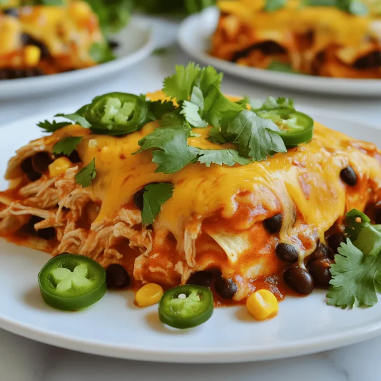 To make Chicken and Cheese Enchiladas Casserole, you need the right ingredients. Here they are: - 2 cups cooked chicken, shredded - 1 can (15 oz) black beans, rinsed and drained - 1 cup frozen corn - 1 can (10 oz) enchilada sauce (red or green) - 2 cups shredded cheese (cheddar and Monterey Jack mix) - 8 corn tortillas - 1 small red onion, diced - 1 teaspoon ground cumin - 1 teaspoon chili powder - Salt and pepper to taste - Fresh cilantro, for garnish - Sliced jalapeños, for garnish (optional) Each ingredient serves a purpose. The chicken adds protein, while the beans and corn provide fiber. The enchilada sauce gives a rich flavor. The cheese melts beautifully, creating a creamy texture. Tortillas hold it all together. Don't forget the spices! They bring warmth and depth to the dish. Using fresh ingredients makes a big difference. Fresh cilantro adds color and bright flavor. If you want a kick, sliced jalapeños can spice things up. For a full guide on making this dish, check the Full Recipe. - Preheat the oven to 350°F (175°C). - In a large bowl, mix the cooked chicken, black beans, corn, half the enchilada sauce, cumin, chili powder, diced onion, salt, and pepper. Stir it well. This mix gives your casserole a great flavor. - Take a 9x13 inch baking dish and spread a thin layer of the remaining enchilada sauce on the bottom. - Place 4 corn tortillas over the sauce. Overlap them slightly. This helps keep everything together. - Spoon half of your chicken and bean mix over the tortillas. Then sprinkle half of the cheese on top. - Repeat this with another layer of tortillas, the rest of the chicken mixture, and the remaining cheese. - End with a final layer of tortillas and drizzle any remaining enchilada sauce on top. This keeps the dish moist. - Cover the baking dish with aluminum foil. Bake in the preheated oven for 20 minutes. - After 20 minutes, remove the foil. Bake for an extra 10-15 minutes. This lets the cheese get bubbly and golden brown. - Once done, take it out and let it sit for about 5 minutes before slicing. This helps it hold its shape. - For the full recipe, check the detailed instructions above. To make shredding chicken easy, use two forks. Hold one fork in each hand. Pull the chicken apart in opposite directions. This method works great and saves time. You can also use a stand mixer with a paddle attachment. Just place the cooked chicken in the bowl and mix on low speed. To prevent soggy tortillas, lightly fry them in oil first. This step makes them crisp and adds flavor. You can also warm them in the oven for a few minutes. This keeps them from getting too soft when layered in the casserole. For a great side dish, serve Mexican rice or refried beans. These pair nicely with the creamy casserole. You can also add a fresh green salad on the side. A simple salad with lettuce, tomatoes, and avocado adds freshness. To enhance your casserole's look, garnish with fresh cilantro and jalapeño slices. These colorful toppings add a nice touch. A drizzle of extra enchilada sauce can also make it pop. You can serve the casserole on individual plates for a nice presentation. For the full recipe, check out the Chicken and Cheese Enchiladas Casserole section above. {{image_2}} If you have leftover ingredients, use them! You can swap cooked chicken for shredded beef or even pork. If you have extra veggies, toss in bell peppers or zucchini for added color and nutrients. You can also switch the black beans for pinto beans or kidney beans. They add a nice texture and flavor. For a twist, try chickpeas for a protein boost. Adjust the spice levels to fit your taste. Use mild chili powder for a gentle heat or add cayenne pepper for a kick. You can also mix in diced green chiles for extra flavor without too much heat. If you want a meatless version, skip the chicken and add more beans. You can use lentils or quinoa for protein. Toss in spinach or kale for a healthy touch. Enjoy the variety! For the full recipe, check out the [Full Recipe]. To keep your Chicken and Cheese Enchiladas Casserole fresh, store it in an airtight container in the fridge. It will last for about 3 to 4 days. If you want to keep it longer, freeze it. Wrap it well in plastic wrap and aluminum foil. It can last in the freezer for up to 3 months. Just remember to label it with the date. When you're ready to enjoy leftovers, preheat your oven to 350°F (175°C). Place the casserole in an oven-safe dish. Cover it with aluminum foil to keep it moist. Bake for about 20 minutes. If you prefer to use a microwave, slice a portion and place it on a microwave-safe plate. Heat it for 1-2 minutes, checking often. Make sure it is hot throughout. Avoid overheating, as it can make the dish dry. For the best taste, use the oven when possible. How can I make Chicken and Cheese Enchiladas Casserole gluten-free? To make this casserole gluten-free, use corn tortillas. Check that your enchilada sauce is gluten-free too. Many brands offer gluten-free options. Can I prepare this casserole in advance? Yes, you can prepare it a day ahead. Assemble the casserole, then cover and refrigerate. Bake it just before serving. What are the best sides to serve with Chicken and Cheese Enchiladas Casserole? Some great sides include refried beans, Mexican rice, or a fresh salad. These add color and flavor to your meal. Is it possible to add more vegetables to the recipe? Absolutely! You can add bell peppers, zucchini, or spinach. Just chop them small and mix them in with the chicken. Can I use other types of cheese besides cheddar and Monterey Jack? Yes, feel free to experiment! You can use pepper jack for spice or even queso fresco for a creamy touch. This post covered the tasty Chicken and Cheese Enchiladas Casserole. We looked at the main ingredients, steps to create it, tips to perfect it, and storage methods. You can customize this dish easily with varied ingredients or toppings. Remember, cooking should be fun and creative. I hope you enjoy making this hearty casserole as much as I do. Happy cooking!