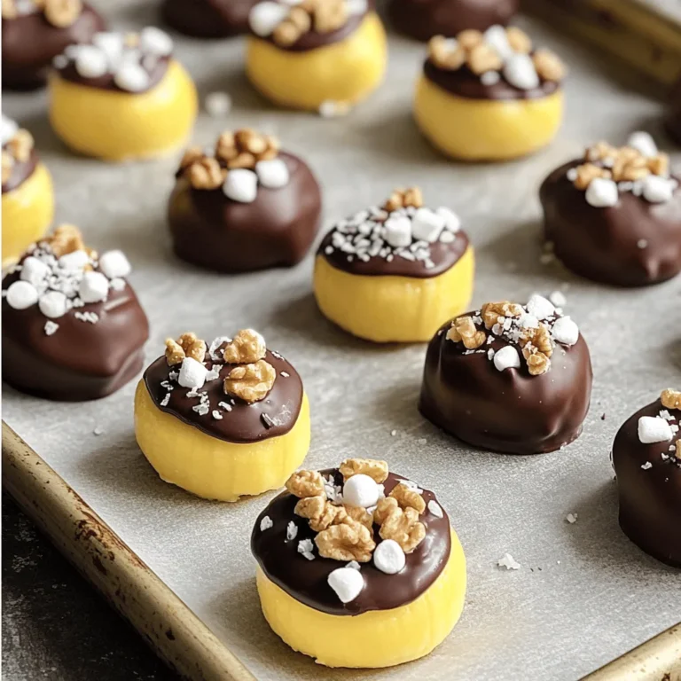 To make these chocolate-covered banana bites, you will need simple, fresh ingredients. Here is the list: - 2 large bananas - 1 cup dark chocolate chips (or semi-sweet) - 1 tablespoon coconut oil - 1/4 cup chopped nuts (walnuts, almonds, or pistachios) - Sea salt for sprinkling - Optional toppings: 1/4 cup shredded coconut or mini marshmallows These ingredients work together for a tasty treat. The bananas add natural sweetness, while the dark chocolate provides rich flavor. Coconut oil helps the chocolate melt smoothly and adds a hint of tropical taste. The nuts give a nice crunch, and sea salt balances the sweetness. You can also mix in optional toppings like shredded coconut or mini marshmallows for fun twists. When choosing bananas, look for ones that are ripe but not too soft. This way, they will hold their shape when coated. For chocolate, dark chocolate chips melt well and taste great, but you can pick semi-sweet if you prefer. Once you gather your ingredients, you’re ready to make a delightful snack. For the complete process, check the Full Recipe. - Peel and slice bananas into bite-sized rounds. - Arrange banana slices on a parchment-lined baking sheet. Start with ripe bananas. They should be firm but not too soft. Slice them about one inch thick. This size helps them hold their shape when coated in chocolate. Lining the baking sheet with parchment paper keeps the bites from sticking. - Combine chocolate chips and coconut oil in a microwave-safe bowl. - Microwave in intervals, stirring, until smooth. Use dark chocolate chips for a rich taste. The coconut oil makes the chocolate smooth and shiny. Heat in short bursts of thirty seconds. Stir after each burst to prevent burning. When melted, the chocolate should be silky and easy to dip. - Use a fork or toothpick to coat banana slices in chocolate. - Allow excess chocolate to drip off. Hold the banana slice with a fork or toothpick. Dip it fully into the melted chocolate. Let any extra chocolate fall back into the bowl. This step ensures a nice, even coat. - Sprinkle nuts onto chocolate-coated banana bites. - Optionally, add shredded coconut or mini marshmallows. While the chocolate is still wet, add your favorite toppings. Nuts give a nice crunch. Coconut and marshmallows add a fun twist. Get creative with your choices! - Place the baking sheet in the freezer. - Chill for 15-20 minutes until the chocolate sets. Freezing helps the chocolate harden quickly. This step gives you a perfect bite. Keep an eye on them to make sure they don’t freeze too long. - Arrange on a serving platter. - Sprinkle with sea salt for extra flavor. Once chilled, place the banana bites on a nice platter. A light sprinkle of sea salt can enhance the flavor. These treats are perfect for sharing with friends or family. For the complete recipe, check out the [Full Recipe]. For melting, I recommend dark chocolate or semi-sweet chocolate. Both types melt well and give a rich flavor. Avoid chocolate with added ingredients, as they may not melt smoothly. To stop chocolate from seizing, add a bit of coconut oil. This helps keep the chocolate smooth and shiny while you dip your bananas. You can get creative with toppings! Try adding chopped nuts like walnuts or almonds for crunch. For a fun twist, sprinkle on shredded coconut or mini marshmallows. Bananas pair well with peanut butter too. Drizzle some on top after dipping for a tasty combo. If you're feeling adventurous, add a pinch of cinnamon for warmth. Present your chocolate-covered banana bites on a colorful platter. For a fun touch, use mini cupcake liners. They look cute and make for easy serving. Pair these bites with a glass of cold milk or a warm cup of tea. They also go well with vanilla ice cream for a sweet dessert combo. Enjoy your tasty creation! {{image_2}} You can easily make these bites vegan or dairy-free. Use plant-based chocolate chips instead of dark chocolate. Look for brands that are labeled dairy-free. You can also skip the nuts if you need a nut-free version. Simply leave them out or choose seeds like pumpkin or sunflower for crunch. You can switch up the chocolate for fun. Try white chocolate for a sweet twist. Milk chocolate is another tasty choice. If you want to get creative, add spices like cinnamon or nutmeg. Extracts like vanilla or almond also bring unique flavors. These small changes make a big impact on taste. Bananas are great, but other fruits work well too. Strawberries and apples both taste amazing with chocolate. You can even mix bananas with berries. Slice them small to make bite-sized treats. This way, you get a variety of flavors in one bite. Enjoy experimenting with different fruits! To keep your chocolate-covered banana bites fresh, store them in the fridge. Use an airtight container to prevent odors. Place parchment paper between layers if stacking them. This keeps the chocolate from sticking. If you want to store them longer, freezing works well too. Just place them on a baking sheet first. Once frozen, transfer them to a freezer-safe bag. This prevents them from clumping together. To thaw, just leave them in the fridge for a few hours before enjoying. When stored well in the fridge, these treats last about a week. If you freeze them, they can last up to two months. Check for signs of spoilage like brown spots on the bananas or a change in texture. If they look or smell off, it’s best to toss them. If you have leftover melted chocolate, don’t waste it! You can reuse it for other treats. Drizzle it on popcorn, or dip pretzels for a sweet and salty snack. You can also make chocolate-covered strawberries or marshmallows. Just be sure to reheat it gently to keep it smooth. For the best results, use the Full Recipe to make your banana bites. Enjoy the fun of creating delicious snacks while managing your storage effectively! Yes, you can use milk chocolate. It adds a sweeter taste. Dark chocolate has a richer flavor. Dark chocolate also has more health benefits, like antioxidants. It has less sugar than milk chocolate, making it a better choice for some. If you prefer sweet, go for milk chocolate. If you want a deeper flavor, stick with dark. To keep the chocolate firm, store the bites in a cool place. A fridge works great, but avoid the freezer after setting. You can also use a chocolate with a higher cocoa content. This type melts less easily. If you serve them warm, try using coconut oil. It helps the chocolate stay solid longer. Yes, you can make these bites ahead of time. They store well in the fridge for about a week. Just place them in an airtight container. If you want to keep them longer, you can freeze them. Make sure to separate layers with parchment paper to avoid sticking. Thaw them in the fridge before serving for the best taste. Chocolate-covered banana bites can be healthy in moderation. Bananas provide potassium and fiber. Dark chocolate has antioxidants, which are good for you. However, watch your portions. Eating too many can add extra sugar and calories. Pair these bites with a balanced diet for better health. Enjoy them as a treat rather than a daily snack. For the full recipe, check out the details above. You learned how to make tasty chocolate-covered banana bites. We covered the simple steps, from slicing bananas to melting chocolate. You can mix and match ingredients for fun variations. Remember, storing them well keeps them fresh and tasty for longer. Whether serving these bites at a party or enjoying them yourself, they are a delightful treat. Experiment with toppings and flavors to make them yours. Enjoy creating your own chocolate-covered banana bites!