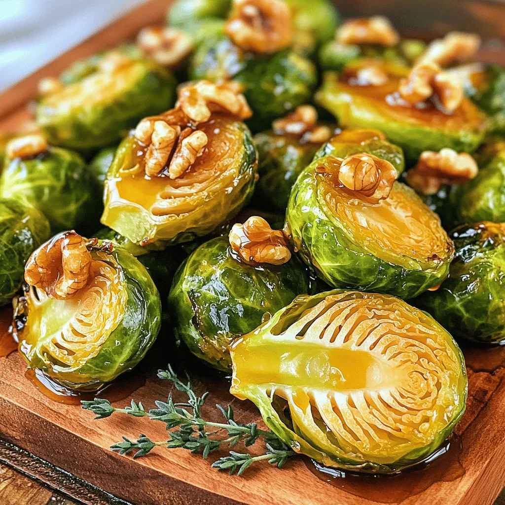 To make this tasty dish, you will need: - 1 lb Brussels sprouts, trimmed and halved - 3 tablespoons olive oil - 1/4 cup pure maple syrup - 1 tablespoon balsamic vinegar - 1 teaspoon garlic powder - Salt and pepper to taste - 1/4 cup chopped walnuts (optional) - Fresh thyme leaves for garnish (optional) These ingredients bring out the sweet and savory flavors. The maple syrup adds a nice touch. You can boost the taste with these options: - 1/2 teaspoon red pepper flakes for spice - 2 tablespoons grated Parmesan cheese for a cheesy touch - 1 tablespoon Dijon mustard for a tangy flavor These additions can change the taste and make the dish your own. If you have dietary needs, try these swaps: - Use coconut oil instead of olive oil for a dairy-free option. - Swap maple syrup for agave nectar if you want a vegan choice. - Use cauliflower florets instead of Brussels sprouts for a different veggie. These substitutes make the recipe flexible for everyone. You can still enjoy the dish while meeting your needs. For the full recipe, check the earlier section. Start by rinsing the Brussels sprouts under cold water. This cleans them well. Next, trim the ends and cut each sprout in half. This helps them cook evenly. If you find any outer leaves loose or yellow, remove them. Preheat your oven to 400°F (200°C). In a large bowl, mix the halved Brussels sprouts with olive oil, maple syrup, balsamic vinegar, garlic powder, salt, and pepper. Toss them well until they are fully coated. This step adds flavor to every bite. Spread the sprouts on a baking sheet lined with parchment paper. Make sure they are in a single layer. This helps them roast instead of steam. Roast the Brussels sprouts in the preheated oven for 25 minutes. Stir them halfway through cooking. This ensures they caramelize nicely on all sides. For extra crunch, add chopped walnuts during the last 5 minutes. Once done, take them out and let them cool slightly. Transfer to a serving platter and garnish with fresh thyme leaves if you like. For the full recipe, check the earlier sections. To make tasty Maple Glazed Brussels sprouts, choose fresh ones. Look for bright green, firm sprouts. Trim the ends and cut them in half. This helps them cook evenly. Toss them well with olive oil and maple syrup. Make sure every sprout gets coated. Spread them out on the baking sheet. Don’t crowd them. This allows for better roasting and caramelization. One mistake is not preheating the oven. Always preheat to 400°F (200°C) before roasting. Another common pitfall is overcooking. Keep an eye on them. They should be tender and caramelized, not mushy. Stirring halfway through helps them cook evenly. If you want extra crunch, add walnuts in the last 5 minutes. This keeps them from getting soggy. You’ll need a few simple tools. A sharp knife helps trim and cut the Brussels sprouts. A large bowl is great for mixing the ingredients. Use a baking sheet lined with parchment paper for easy cleanup. A spatula or tongs will help you stir the sprouts during roasting. These tools make cooking fun and stress-free! For the full recipe, check out the details above. {{image_2}} You can make your Maple Glazed Brussels Sprouts even better with a few changes. Try adding crispy bacon bits for a savory punch. You can also use pecans instead of walnuts for a different nutty flavor. If you want a bit of spice, sprinkle in some red pepper flakes. These small tweaks can change the whole dish! While maple syrup is classic, many other glazes work well. For a tangy twist, try honey mustard. It adds a nice zing to the Brussels sprouts. You can also use a soy sauce mix for a savory flavor. Just blend soy sauce with a bit of honey and garlic for an Asian flair. Each glaze brings a new taste experience. Maple Glazed Brussels Sprouts pair beautifully with many meals. They go great with roast chicken or grilled steak. Serve them alongside mashed potatoes for a comforting dinner. You can also add them to a fall salad with apples and goat cheese. The sweet and savory flavors will impress your guests. To keep your Maple Glazed Brussels Sprouts fresh, let them cool first. Place them in an airtight container. Store the container in the fridge. They will stay good for about three days. If you want to keep them longer, consider freezing. When you're ready to eat the leftovers, preheat your oven to 350°F (175°C). Place the Brussels sprouts on a baking sheet. Heat them for about 10-15 minutes. This will help them regain their crispy edges. You can also use a microwave. Just warm them for about 1-2 minutes, stirring halfway through. For freezing, use a freezer-safe container or a zip-top bag. Before you freeze, make sure to cool the sprouts completely. Label the bag with the date. They will stay fresh for about three months in the freezer. When you want to eat them, thaw overnight in the fridge. Then, reheat them as mentioned above. Enjoy your tasty sprouts anytime! For the full recipe, check the Maple Glazed Brussels Sprouts 🥦 section. Brussels sprouts are packed with nutrients. They are high in vitamins C and K. They also contain fiber, which helps digestion. Eating them may lower the risk of some diseases. They support heart health and may help fight cancer. Plus, they are low in calories, making them a healthy choice. Regularly eating Brussels sprouts can boost your overall health. Yes, you can prepare Maple Glazed Brussels Sprouts ahead of time. I suggest roasting them fresh for the best taste. If you want to prep early, cut and wash the sprouts. Toss them with olive oil and seasonings. Store them in the fridge for up to a day. When ready, just roast them as per the Full Recipe. These tasty sprouts pair well with many dishes. Try them with roasted chicken or pork. They also go great with quinoa or rice. For a vegetarian meal, serve them with a hearty grain salad. You can add them to a plate with mashed potatoes for a comforting feast. The sweet and savory flavors of the sprouts enhance any meal. In this post, we explored how to make delicious Maple Glazed Brussels Sprouts. We covered key ingredients, cooking steps, and tips for the best results. You learned about flavor variations and how to store your leftovers properly. Remember, these sprouts can be a tasty side dish or a meal highlight. Try different flavors to find your favorite way to enjoy them. With simple steps, you'll impress friends and family every time. Happy cooking!