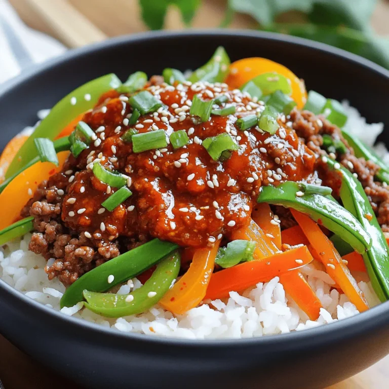 - 1 lb (450g) ground beef - 1 tablespoon sesame oil - 3 cloves garlic, minced - 1 inch ginger, grated - 1 tablespoon gochujang (Korean red chili paste) - 2 tablespoons soy sauce - 1 tablespoon brown sugar - 1 tablespoon rice vinegar - 2 green onions, chopped (plus more for garnish) - 1 cup cooked jasmine rice - 1 cup mixed vegetables (like bell peppers, carrots, and snap peas) - Sesame seeds for garnish When making Spicy Korean Beef Bowls, you need fresh and flavorful ingredients. Start with ground beef; it cooks quickly and absorbs flavor well. I always prefer sesame oil for that nutty taste. Garlic and ginger are must-haves. They bring warmth and depth to the dish. Next, we have the flavoring agents. Gochujang is not just spicy; it adds a unique sweetness. Soy sauce brings umami, while brown sugar balances the heat. Rice vinegar adds a tangy kick, which rounds out the flavors beautifully. Finally, for the accompaniments, I use green onions for freshness. Jasmine rice is the perfect base, soaking up all those tasty sauces. Mixed veggies keep the dish bright and colorful, making it fun to eat. Don't forget the sesame seeds for a delightful crunch. Together, these ingredients create a mouthwatering flavor explosion in every bite. You can find the full recipe above to make this dish easily at home. - Heat 1 tablespoon of sesame oil in a large skillet over medium heat. - Add 3 cloves of minced garlic and 1 inch of grated ginger. Sauté for 1 minute. - Increase the heat to medium-high. Add 1 pound of ground beef to the skillet. - Cook the beef, breaking it apart, until it is browned, about 5-7 minutes. - Drain any excess grease from the skillet. - In a bowl, combine 1 tablespoon of gochujang, 2 tablespoons of soy sauce, 1 tablespoon of brown sugar, and 1 tablespoon of rice vinegar. - Pour this sauce over the cooked beef. Mix well to coat every piece evenly. - Allow the beef to cook in the sauce for an additional 2-3 minutes. This lets the flavors meld. - In a separate pan, stir-fry 1 cup of mixed vegetables for about 4-5 minutes. - Cook them until they are tender-crisp. You can use bell peppers, carrots, and snap peas. - Start with a scoop of cooked jasmine rice in a bowl. - Top it with the spicy beef mixture and sautéed vegetables. - Garnish with chopped green onions and a sprinkle of sesame seeds. - Serve immediately for a delicious meal that looks as good as it tastes. For the full recipe, check out the detailed instructions. - Sauté garlic and ginger until fragrant for best flavor. This step builds a solid base for your dish. - Use medium-high heat for browning the beef. This ensures a nice sear and locks in juices. - Serve in deep bowls for a more appealing presentation. Deep bowls can hold all the delicious layers. - Include a dish of extra gochujang for spice lovers. This lets your guests spice up their meal as they like. - Adjust the amount of gochujang based on spice tolerance. Less gochujang makes a milder dish. - Experiment with additional toppings like kimchi. Kimchi adds crunch and a tangy kick to each bite. For the full recipe, check out the complete guide above. {{image_2}} You can switch ground beef for ground turkey or chicken. This makes the dish leaner. If you want a vegetarian meal, use tofu or tempeh. Both options soak up flavors well and add protein. Feel free to mix in seasonal veggies like zucchini or mushrooms. They add great texture and flavor. Leafy greens, such as spinach, boost nutrition and color. Toss them in just before serving for a fresh touch. Top your spicy beef bowl with a fried egg. The runny yolk adds a rich flavor. For a traditional touch, serve with kimchi on the side. Kimchi brings a tangy crunch that pairs well with the spicy beef. Check out the Full Recipe for more ideas! Store your Spicy Korean Beef Bowls in an airtight container in the refrigerator. This keeps the flavors fresh. You should eat them within 3-4 days for the best taste. If you want to save some for later, freeze the beef mixture separately from the rice and vegetables. This helps keep everything tasting great. Use the frozen parts within 1-2 months for optimal quality. To enjoy your meal again, reheat it on the stovetop or in the microwave. Make sure it's hot all the way through. Add a splash of water when reheating. This keeps the beef moist and tasty. Enjoy your flavorful bowl again! For the full recipe, check out the details above. Gochujang is a thick red paste made from chili powder, glutinous rice, fermented soybeans, and salt. This paste adds a unique, sweet, and spicy flavor to many Korean dishes. It is a key ingredient in Spicy Korean Beef Bowls. The heat level of gochujang can vary, but it brings a rich depth to the dish. You will love how it elevates the beef with its umami taste. Yes, you can prepare this recipe in advance. Cook the beef and vegetables ahead and store them separately. Keep everything in airtight containers in the fridge. You can also cook the rice ahead of time. This makes meal prep easy and quick for busy days. Just reheat everything when you're ready to eat. You can serve this dish with many tasty sides. Try pickled vegetables for a refreshing crunch. A simple cucumber salad works well, too. You might enjoy a light soup like miso for a warm touch. For drinks, serve iced green tea or a light beer. These pair nicely with the spicy flavors. Absolutely! Portion the beef and veggies into containers. Pair each portion with rice. This way, you have a complete meal ready to go. Store in the fridge for up to four days. You can also freeze it for longer storage. Just make sure to reheat it thoroughly before enjoying. To tone down the spice, use less gochujang in the recipe. Start with half a tablespoon, then taste it. You can also add more sugar to balance the heat. Mixing in creamy ingredients like sour cream can help, too. This will make the dish more enjoyable for those who prefer less heat. This recipe for Spicy Korean Beef Bowls combines simple ingredients that pack a punch. We covered the key components, from the tender ground beef to the flavor-rich gochujang sauce. You can customize it with different proteins and veggies. Remember, meal prep makes life easier. Store leftovers properly to enjoy this dish later. Whether you serve it for lunch or dinner, this bowl is sure to satisfy. Don't hesitate to try your own variations and enjoy!
