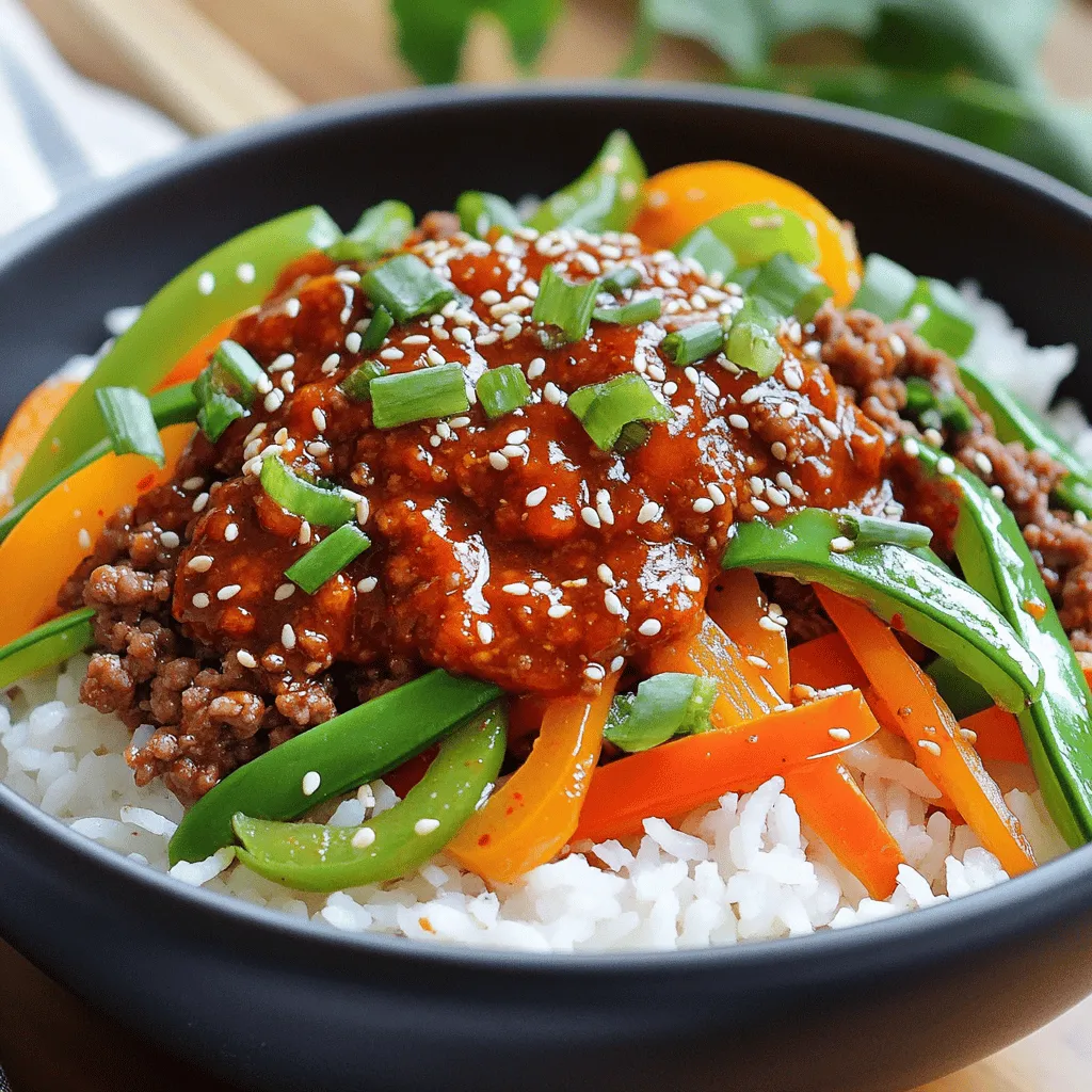 - 1 lb (450g) ground beef - 1 tablespoon sesame oil - 3 cloves garlic, minced - 1 inch ginger, grated - 1 tablespoon gochujang (Korean red chili paste) - 2 tablespoons soy sauce - 1 tablespoon brown sugar - 1 tablespoon rice vinegar - 2 green onions, chopped (plus more for garnish) - 1 cup cooked jasmine rice - 1 cup mixed vegetables (like bell peppers, carrots, and snap peas) - Sesame seeds for garnish When making Spicy Korean Beef Bowls, you need fresh and flavorful ingredients. Start with ground beef; it cooks quickly and absorbs flavor well. I always prefer sesame oil for that nutty taste. Garlic and ginger are must-haves. They bring warmth and depth to the dish. Next, we have the flavoring agents. Gochujang is not just spicy; it adds a unique sweetness. Soy sauce brings umami, while brown sugar balances the heat. Rice vinegar adds a tangy kick, which rounds out the flavors beautifully. Finally, for the accompaniments, I use green onions for freshness. Jasmine rice is the perfect base, soaking up all those tasty sauces. Mixed veggies keep the dish bright and colorful, making it fun to eat. Don't forget the sesame seeds for a delightful crunch. Together, these ingredients create a mouthwatering flavor explosion in every bite. You can find the full recipe above to make this dish easily at home. - Heat 1 tablespoon of sesame oil in a large skillet over medium heat. - Add 3 cloves of minced garlic and 1 inch of grated ginger. Sauté for 1 minute. - Increase the heat to medium-high. Add 1 pound of ground beef to the skillet. - Cook the beef, breaking it apart, until it is browned, about 5-7 minutes. - Drain any excess grease from the skillet. - In a bowl, combine 1 tablespoon of gochujang, 2 tablespoons of soy sauce, 1 tablespoon of brown sugar, and 1 tablespoon of rice vinegar. - Pour this sauce over the cooked beef. Mix well to coat every piece evenly. - Allow the beef to cook in the sauce for an additional 2-3 minutes. This lets the flavors meld. - In a separate pan, stir-fry 1 cup of mixed vegetables for about 4-5 minutes. - Cook them until they are tender-crisp. You can use bell peppers, carrots, and snap peas. - Start with a scoop of cooked jasmine rice in a bowl. - Top it with the spicy beef mixture and sautéed vegetables. - Garnish with chopped green onions and a sprinkle of sesame seeds. - Serve immediately for a delicious meal that looks as good as it tastes. For the full recipe, check out the detailed instructions. - Sauté garlic and ginger until fragrant for best flavor. This step builds a solid base for your dish. - Use medium-high heat for browning the beef. This ensures a nice sear and locks in juices. - Serve in deep bowls for a more appealing presentation. Deep bowls can hold all the delicious layers. - Include a dish of extra gochujang for spice lovers. This lets your guests spice up their meal as they like. - Adjust the amount of gochujang based on spice tolerance. Less gochujang makes a milder dish. - Experiment with additional toppings like kimchi. Kimchi adds crunch and a tangy kick to each bite. For the full recipe, check out the complete guide above. {{image_2}} You can switch ground beef for ground turkey or chicken. This makes the dish leaner. If you want a vegetarian meal, use tofu or tempeh. Both options soak up flavors well and add protein. Feel free to mix in seasonal veggies like zucchini or mushrooms. They add great texture and flavor. Leafy greens, such as spinach, boost nutrition and color. Toss them in just before serving for a fresh touch. Top your spicy beef bowl with a fried egg. The runny yolk adds a rich flavor. For a traditional touch, serve with kimchi on the side. Kimchi brings a tangy crunch that pairs well with the spicy beef. Check out the Full Recipe for more ideas! Store your Spicy Korean Beef Bowls in an airtight container in the refrigerator. This keeps the flavors fresh. You should eat them within 3-4 days for the best taste. If you want to save some for later, freeze the beef mixture separately from the rice and vegetables. This helps keep everything tasting great. Use the frozen parts within 1-2 months for optimal quality. To enjoy your meal again, reheat it on the stovetop or in the microwave. Make sure it's hot all the way through. Add a splash of water when reheating. This keeps the beef moist and tasty. Enjoy your flavorful bowl again! For the full recipe, check out the details above. Gochujang is a thick red paste made from chili powder, glutinous rice, fermented soybeans, and salt. This paste adds a unique, sweet, and spicy flavor to many Korean dishes. It is a key ingredient in Spicy Korean Beef Bowls. The heat level of gochujang can vary, but it brings a rich depth to the dish. You will love how it elevates the beef with its umami taste. Yes, you can prepare this recipe in advance. Cook the beef and vegetables ahead and store them separately. Keep everything in airtight containers in the fridge. You can also cook the rice ahead of time. This makes meal prep easy and quick for busy days. Just reheat everything when you're ready to eat. You can serve this dish with many tasty sides. Try pickled vegetables for a refreshing crunch. A simple cucumber salad works well, too. You might enjoy a light soup like miso for a warm touch. For drinks, serve iced green tea or a light beer. These pair nicely with the spicy flavors. Absolutely! Portion the beef and veggies into containers. Pair each portion with rice. This way, you have a complete meal ready to go. Store in the fridge for up to four days. You can also freeze it for longer storage. Just make sure to reheat it thoroughly before enjoying. To tone down the spice, use less gochujang in the recipe. Start with half a tablespoon, then taste it. You can also add more sugar to balance the heat. Mixing in creamy ingredients like sour cream can help, too. This will make the dish more enjoyable for those who prefer less heat. This recipe for Spicy Korean Beef Bowls combines simple ingredients that pack a punch. We covered the key components, from the tender ground beef to the flavor-rich gochujang sauce. You can customize it with different proteins and veggies. Remember, meal prep makes life easier. Store leftovers properly to enjoy this dish later. Whether you serve it for lunch or dinner, this bowl is sure to satisfy. Don't hesitate to try your own variations and enjoy!