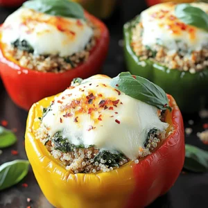 - 4 large bell peppers (any color) - 1 lb (450g) ground chicken - 2 cups fresh spinach, chopped - 1 cup cooked quinoa (or rice) - Cheese Variety Options: Use mozzarella, cheddar, or feta for different tastes. - Seasoning Suggestions: Try Italian seasoning, garlic powder, or cumin for a twist. - Olive Oil and Aromatics: Use olive oil for cooking. Add onions and garlic for great flavor. These ingredients create a tasty and healthy meal. The mix of ground chicken and spinach makes for a balanced dish. You can find the full recipe for this dish to help you make it easily at home. Preheating the Oven Start by preheating your oven to 375°F (190°C). This step is key. A hot oven helps cook the peppers evenly. Preparing the Peppers Take four large bell peppers in any color. Slice the tops off and remove the seeds and membranes. Brush the outside of the peppers with olive oil. This adds flavor and helps with browning. Place them upright in a baking dish. Cooking the Filling In a large skillet, heat one tablespoon of olive oil over medium heat. Add one finely chopped onion and sauté for about 3-4 minutes until it’s soft. Next, stir in two minced garlic cloves and cook for one more minute. Now, add one pound of ground chicken. Break it up with a spoon and cook it until it’s fully browned, about 6-8 minutes. Then, stir in two cups of chopped fresh spinach, one cup of cooked quinoa, one teaspoon of Italian seasoning, and half a teaspoon of red pepper flakes. Season with salt and pepper to taste. Cook for another 2-3 minutes until the spinach wilts. Remove from heat and mix in half of the shredded mozzarella cheese until it melts. Stuffing the Peppers Carefully spoon the chicken and spinach mixture into each prepared bell pepper. Pack it tightly so it holds together well. Topping the Stuffed Peppers Once the peppers are stuffed, top each one with the remaining mozzarella cheese. This will create a nice cheesy layer when baked. Covering and Baking Cover the baking dish with aluminum foil. This helps the peppers cook through without burning. Bake in your preheated oven for 25 minutes. Additional Baking Time for Browning After 25 minutes, remove the foil. Bake for an additional 10-15 minutes. This allows the cheese to bubble and turn golden. Once done, take them out and let them cool slightly. You can garnish with fresh basil if you like. For the full recipe, check the earlier section! Ensuring Chicken is Cooked Thoroughly Cook the ground chicken until it is no longer pink. This helps keep everyone safe. Use a meat thermometer to check that it reaches 165°F (74°C). I always break it apart with a spoon as it cooks. This method ensures even cooking and flavor. Tips for Peppers Retaining Shape Choose firm peppers without cracks. Cut the tops off and remove seeds gently. Brush the outsides with olive oil. This adds flavor and helps them stay upright while baking. Place them in a baking dish, ensuring they stand tall. This way, they hold all the delicious filling. Using Different Cheeses for Flavor Mozzarella is great, but try mixing in other cheeses too. Cheddar adds sharpness, while feta gives a tangy kick. You could even use pepper jack for extra spice. Mix and match to find your favorite cheese combo! Adjusting Spice Levels Red pepper flakes add heat, but you can change the amount. Start with less if you prefer mild flavors. You can add more after tasting the filling. This way, it fits your taste perfectly. Garnishing Ideas Fresh basil leaves add color and flavor. Chop them finely and sprinkle on top before serving. You can also use a drizzle of balsamic glaze for a sweet touch. This makes your dish look fancy and taste even better. Serving Suggestions Serve the stuffed peppers on a bright plate. You can pair them with a light salad or some crusty bread. This adds balance to the meal. Enjoy the tasty colors and flavors on your dinner table! For the full recipe, check out the instructions above. {{image_2}} You can easily change up the chicken and spinach stuffed peppers to fit your taste. If you want a vegetarian meal, use black beans or lentils instead of chicken. This adds protein and fiber. You can also mix in some chopped mushrooms or zucchini for extra texture and flavor. For added color, try using different bell pepper colors. Yellow, orange, or even purple peppers can look stunning on your plate. You can also experiment with other veggies, such as corn, carrots, or diced tomatoes. These will give your dish a fresh twist while still being delicious. If you want a Mediterranean vibe, add feta cheese and olives. You could also use a mix of herbs like oregano and dill. This brings a bright and tangy flavor to your meal. For a Southwest style, swap the Italian seasoning for chili powder and cumin. Add some corn and black beans to the mix for a hearty touch. Top with avocado or salsa for an extra kick. You can cook these stuffed peppers in different ways. For a quick meal, try an air fryer. Preheat it to 375°F (190°C) and cook the stuffed peppers for about 15-20 minutes. They come out crispy and delicious. If you prefer slow cooking, place your stuffed peppers in a slow cooker. Cook on low for 4-6 hours. This method makes the peppers very tender and lets the flavors blend nicely. For more cooking details, check the full recipe for tips and timings! To keep your chicken and spinach stuffed peppers fresh, follow these steps: - Best Practices for Refrigeration: Let the stuffed peppers cool to room temperature. Place them in an airtight container. They will stay good in the fridge for up to 4 days. - Freezing Instructions: If you want to store them longer, freeze the stuffed peppers. Wrap each one in plastic wrap, then place them in a freezer-safe bag. They can last about 3 months in the freezer. When it’s time to enjoy your leftovers, reheating is simple: - Microwave vs. Oven: You can reheat stuffed peppers in the microwave for quick meals. Heat them for about 2-3 minutes. For a crispy texture, use the oven. Preheat to 350°F (175°C) and bake for 15-20 minutes. - Maintaining Texture and Flavor: To keep the peppers moist, add a splash of water in the microwave. When using the oven, cover them with foil to prevent drying out. Knowing how long your stuffed peppers last is key: - How Long They Last in the Fridge: These stuffed peppers are safe to eat for about 4 days in the fridge. - Signs of Spoilage: If you see mold or a change in color, it’s time to toss them. If they smell off, do not eat them. For the full recipe, check out the Chicken and Spinach Stuffed Peppers recipe. Can I use other types of meat? Yes, you can. Ground turkey or beef works well too. Each meat adds a different taste. What can I substitute for quinoa? You can use rice, couscous, or even farro. These grains will keep your dish hearty. How do I know when the peppers are done? The peppers should be tender and the cheese should be bubbly and golden. You can poke a fork into them to check. Can I prepare this recipe in advance? Absolutely! You can stuff the peppers a day ahead. Just cover and chill them in the fridge. Is there a way to reduce cooking time? You can parboil the peppers for 5 minutes before stuffing them. This cuts down baking time. Caloric Breakdown of Ingredients Each stuffed pepper has about 350 calories. The chicken and cheese provide protein, while the peppers add fiber. Dietary Adaptations for Allergies For gluten-free folks, use quinoa or rice. If dairy is an issue, try a dairy-free cheese alternative. You can also skip the cheese entirely if needed. For the full recipe, check out the complete instructions above! This article covered how to make delicious stuffed peppers. You learned about the main and additional ingredients, step-by-step instructions, and helpful tips. We explored variations and storage methods for leftovers too. Stuffed peppers are versatile and fun to make. Feel free to personalize the recipe to fit your taste. Enjoy cooking and sharing this tasty dish with others!