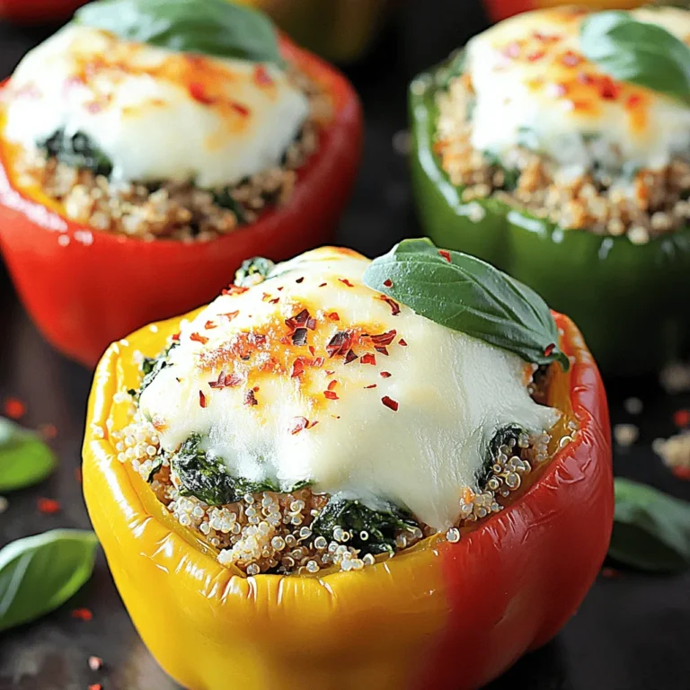 - 4 large bell peppers (any color) - 1 lb (450g) ground chicken - 2 cups fresh spinach, chopped - 1 cup cooked quinoa (or rice) - Cheese Variety Options: Use mozzarella, cheddar, or feta for different tastes. - Seasoning Suggestions: Try Italian seasoning, garlic powder, or cumin for a twist. - Olive Oil and Aromatics: Use olive oil for cooking. Add onions and garlic for great flavor. These ingredients create a tasty and healthy meal. The mix of ground chicken and spinach makes for a balanced dish. You can find the full recipe for this dish to help you make it easily at home. Preheating the Oven Start by preheating your oven to 375°F (190°C). This step is key. A hot oven helps cook the peppers evenly. Preparing the Peppers Take four large bell peppers in any color. Slice the tops off and remove the seeds and membranes. Brush the outside of the peppers with olive oil. This adds flavor and helps with browning. Place them upright in a baking dish. Cooking the Filling In a large skillet, heat one tablespoon of olive oil over medium heat. Add one finely chopped onion and sauté for about 3-4 minutes until it’s soft. Next, stir in two minced garlic cloves and cook for one more minute. Now, add one pound of ground chicken. Break it up with a spoon and cook it until it’s fully browned, about 6-8 minutes. Then, stir in two cups of chopped fresh spinach, one cup of cooked quinoa, one teaspoon of Italian seasoning, and half a teaspoon of red pepper flakes. Season with salt and pepper to taste. Cook for another 2-3 minutes until the spinach wilts. Remove from heat and mix in half of the shredded mozzarella cheese until it melts. Stuffing the Peppers Carefully spoon the chicken and spinach mixture into each prepared bell pepper. Pack it tightly so it holds together well. Topping the Stuffed Peppers Once the peppers are stuffed, top each one with the remaining mozzarella cheese. This will create a nice cheesy layer when baked. Covering and Baking Cover the baking dish with aluminum foil. This helps the peppers cook through without burning. Bake in your preheated oven for 25 minutes. Additional Baking Time for Browning After 25 minutes, remove the foil. Bake for an additional 10-15 minutes. This allows the cheese to bubble and turn golden. Once done, take them out and let them cool slightly. You can garnish with fresh basil if you like. For the full recipe, check the earlier section! Ensuring Chicken is Cooked Thoroughly Cook the ground chicken until it is no longer pink. This helps keep everyone safe. Use a meat thermometer to check that it reaches 165°F (74°C). I always break it apart with a spoon as it cooks. This method ensures even cooking and flavor. Tips for Peppers Retaining Shape Choose firm peppers without cracks. Cut the tops off and remove seeds gently. Brush the outsides with olive oil. This adds flavor and helps them stay upright while baking. Place them in a baking dish, ensuring they stand tall. This way, they hold all the delicious filling. Using Different Cheeses for Flavor Mozzarella is great, but try mixing in other cheeses too. Cheddar adds sharpness, while feta gives a tangy kick. You could even use pepper jack for extra spice. Mix and match to find your favorite cheese combo! Adjusting Spice Levels Red pepper flakes add heat, but you can change the amount. Start with less if you prefer mild flavors. You can add more after tasting the filling. This way, it fits your taste perfectly. Garnishing Ideas Fresh basil leaves add color and flavor. Chop them finely and sprinkle on top before serving. You can also use a drizzle of balsamic glaze for a sweet touch. This makes your dish look fancy and taste even better. Serving Suggestions Serve the stuffed peppers on a bright plate. You can pair them with a light salad or some crusty bread. This adds balance to the meal. Enjoy the tasty colors and flavors on your dinner table! For the full recipe, check out the instructions above. {{image_2}} You can easily change up the chicken and spinach stuffed peppers to fit your taste. If you want a vegetarian meal, use black beans or lentils instead of chicken. This adds protein and fiber. You can also mix in some chopped mushrooms or zucchini for extra texture and flavor. For added color, try using different bell pepper colors. Yellow, orange, or even purple peppers can look stunning on your plate. You can also experiment with other veggies, such as corn, carrots, or diced tomatoes. These will give your dish a fresh twist while still being delicious. If you want a Mediterranean vibe, add feta cheese and olives. You could also use a mix of herbs like oregano and dill. This brings a bright and tangy flavor to your meal. For a Southwest style, swap the Italian seasoning for chili powder and cumin. Add some corn and black beans to the mix for a hearty touch. Top with avocado or salsa for an extra kick. You can cook these stuffed peppers in different ways. For a quick meal, try an air fryer. Preheat it to 375°F (190°C) and cook the stuffed peppers for about 15-20 minutes. They come out crispy and delicious. If you prefer slow cooking, place your stuffed peppers in a slow cooker. Cook on low for 4-6 hours. This method makes the peppers very tender and lets the flavors blend nicely. For more cooking details, check the full recipe for tips and timings! To keep your chicken and spinach stuffed peppers fresh, follow these steps: - Best Practices for Refrigeration: Let the stuffed peppers cool to room temperature. Place them in an airtight container. They will stay good in the fridge for up to 4 days. - Freezing Instructions: If you want to store them longer, freeze the stuffed peppers. Wrap each one in plastic wrap, then place them in a freezer-safe bag. They can last about 3 months in the freezer. When it’s time to enjoy your leftovers, reheating is simple: - Microwave vs. Oven: You can reheat stuffed peppers in the microwave for quick meals. Heat them for about 2-3 minutes. For a crispy texture, use the oven. Preheat to 350°F (175°C) and bake for 15-20 minutes. - Maintaining Texture and Flavor: To keep the peppers moist, add a splash of water in the microwave. When using the oven, cover them with foil to prevent drying out. Knowing how long your stuffed peppers last is key: - How Long They Last in the Fridge: These stuffed peppers are safe to eat for about 4 days in the fridge. - Signs of Spoilage: If you see mold or a change in color, it’s time to toss them. If they smell off, do not eat them. For the full recipe, check out the Chicken and Spinach Stuffed Peppers recipe. Can I use other types of meat? Yes, you can. Ground turkey or beef works well too. Each meat adds a different taste. What can I substitute for quinoa? You can use rice, couscous, or even farro. These grains will keep your dish hearty. How do I know when the peppers are done? The peppers should be tender and the cheese should be bubbly and golden. You can poke a fork into them to check. Can I prepare this recipe in advance? Absolutely! You can stuff the peppers a day ahead. Just cover and chill them in the fridge. Is there a way to reduce cooking time? You can parboil the peppers for 5 minutes before stuffing them. This cuts down baking time. Caloric Breakdown of Ingredients Each stuffed pepper has about 350 calories. The chicken and cheese provide protein, while the peppers add fiber. Dietary Adaptations for Allergies For gluten-free folks, use quinoa or rice. If dairy is an issue, try a dairy-free cheese alternative. You can also skip the cheese entirely if needed. For the full recipe, check out the complete instructions above! This article covered how to make delicious stuffed peppers. You learned about the main and additional ingredients, step-by-step instructions, and helpful tips. We explored variations and storage methods for leftovers too. Stuffed peppers are versatile and fun to make. Feel free to personalize the recipe to fit your taste. Enjoy cooking and sharing this tasty dish with others!
