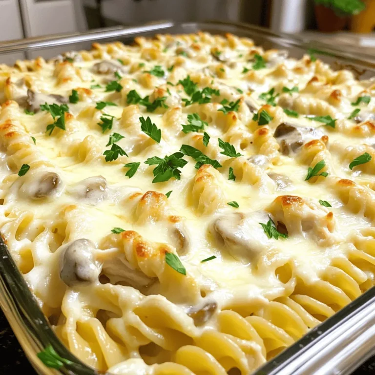 - 3 cups cooked rotini pasta - 2 cups cooked chicken, shredded - 1 cup mushrooms, sliced - 2 cups heavy cream - 1 cup grated Parmesan cheese - 1 cup shredded mozzarella cheese - 2 cloves garlic, minced - 1 tablespoon olive oil - 1 teaspoon dried Italian herbs (oregano, basil, thyme) - Salt and pepper to taste - Fresh parsley, chopped (for garnish) The ingredients for Chicken and Mushroom Alfredo Bake create a tasty dish. You can start with the rotini pasta. It holds sauce well and adds a nice bite. You’ll need cooked chicken for protein. Shredded chicken is easy to mix in. Mushrooms add earthiness. Sliced mushrooms cook down and soak up flavors. Heavy cream makes the dish creamy and rich. It helps bind everything together. The Parmesan cheese brings a sharp taste, while mozzarella adds stretchiness. Don’t forget the garlic. Minced garlic adds a strong, savory note. Olive oil helps sauté the garlic and mushrooms, giving a nice base flavor. Use dried Italian herbs for added aroma. Salt and pepper will enhance all the flavors. Fresh parsley adds color and freshness. It is a great garnish to finish the dish. This recipe is simple yet feels gourmet. You can find the full recipe to guide you through each step. First, preheat your oven to 375°F (190°C). This gets the oven ready for cooking. Next, grease a 9x13-inch baking dish. This will keep the dish from sticking. In a large skillet, heat 1 tablespoon of olive oil over medium heat. Add 2 cloves of minced garlic. Sauté for about 1 minute until it smells great. Then, add 1 cup of sliced mushrooms. Cook for about 5 minutes until they turn soft and release their juices. Season with salt and pepper to taste. In a large mixing bowl, combine 3 cups of cooked rotini pasta and 2 cups of shredded cooked chicken. Then, add the sautéed mushrooms and the heavy cream. Mix well until everything is coated. Add half of the 1 cup of grated Parmesan cheese and 1 teaspoon of dried Italian herbs. Stir to combine all the flavors. Transfer this mixture into the greased baking dish. Spread it out evenly. Now, top it with the remaining Parmesan and 1 cup of shredded mozzarella cheese. Cover the dish with aluminum foil and bake for 25 minutes. After that, take off the foil and bake for an extra 15 minutes. This makes the cheese bubbly and golden brown. Once done, let it cool for a few minutes. For the full recipe, check the details above. Enjoy your creamy delight! To make the perfect Chicken and Mushroom Alfredo Bake, you must pay attention to the pasta. The right texture is key. Cook the rotini until it is al dente. This means it should be firm but not hard. This helps the pasta hold up in the bake without getting mushy. When shredding chicken, use two forks. Pull the chicken apart gently. This method works well, especially if the chicken is warm. It saves time and gives you nice, even shreds for your dish. Adding spices or herbs can make your dish even better. Try a pinch of garlic powder or some crushed red pepper. These add depth and warmth. Fresh herbs like basil or parsley can brighten the flavors too. Just sprinkle them on top before serving. For extra toppings, consider mixing in some breadcrumbs with melted butter. This gives a crunchy layer on top. You could also add some sun-dried tomatoes or spinach for added color and taste. Feel free to get creative! For the complete guide on making this dish, check out the Full Recipe. {{image_2}} If you or someone you know has dietary needs, you can make easy swaps. For a gluten-free option, use gluten-free pasta. Many brands offer tasty alternatives that cook well. You can find these at most grocery stores. For those who avoid dairy, you can try dairy-free cream and cheese. Look for brands that make almond or coconut-based creams. Nutritional yeast can add a cheesy flavor without dairy. These swaps keep the dish creamy and delicious. You can also switch out proteins in this recipe. Shrimp is a great choice if you like seafood. Just sauté it quickly before mixing it in. Tofu is a nice plant-based protein option. Make sure to press it to remove extra water. Seasonal vegetables can add color and nutrients. In spring, add fresh asparagus or peas. In winter, use hearty veggies like broccoli or spinach. These swaps let you enjoy this dish in new ways each season. For the complete recipe, check out the Full Recipe. To keep your Chicken and Mushroom Alfredo Bake fresh, store it properly. First, let it cool completely. Then, place it in an airtight container. This helps prevent moisture loss and keeps flavors intact. Refrigeration is ideal for short-term storage. You can store it in the fridge for up to three days. If you want to keep it longer, consider freezing it. Wrap it tightly in plastic wrap and then foil. This way, it stays good for up to three months. When you reheat your dish, aim to keep it creamy. The best method is to use the oven. Preheat it to 350°F (175°C). Place the dish in the oven, covered with foil. Heat for about 20 minutes or until warm. You can also use the microwave. Place a serving on a microwave-safe plate. Heat in 30-second bursts, stirring in between. This helps it heat evenly. After reheating, serve it with fresh parsley on top. You can also add a sprinkle of extra cheese for a delightful touch. Enjoy your creamy delight! For the full recipe, check the earlier section. Can I use fresh mushrooms instead of canned? Yes, you can use fresh mushrooms! They add great flavor and texture. Just slice them and sauté until tender. Fresh mushrooms will enhance your dish's taste. How do I make this ahead of time? To make this dish ahead, prepare it as normal. Then, cover and refrigerate it before baking. When ready, just pop it in the oven. You might need to bake it a bit longer if it's cold. What can I serve with Chicken and Mushroom Alfredo Bake? This bake pairs well with a simple salad or garlic bread. You can also serve it with steamed veggies for a balanced meal. A light white wine can complement the rich flavors. How long to bake if I double the recipe? If you double the recipe, bake it for about 10 to 15 extra minutes. Make sure the center bubbles and the cheese is golden brown. It’s best to check with a toothpick for doneness. Can I prepare this in a slow cooker? Yes, you can! Combine all ingredients in a slow cooker. Cook on low for about 4 hours or until heated through. This method gives you a wonderful creamy texture. What's the best way to ensure the cheese is melted perfectly? To melt the cheese perfectly, cover the dish with foil for part of the baking time. This keeps moisture in. Remove the foil near the end to let the cheese brown and get bubbly. For the full recipe, check the details above. Enjoy your cooking adventure! This Chicken and Mushroom Alfredo Bake blends tasty ingredients with easy steps. You learned about the main ingredients, from rotini pasta to rich cheeses. You now know tips for perfecting the dish and customizing it to fit your needs. In the end, this meal is not just simple; it's also fun to make. Enjoy exploring variations and flavors. Whether you're cooking for one or a crowd, this dish is a winner every time.