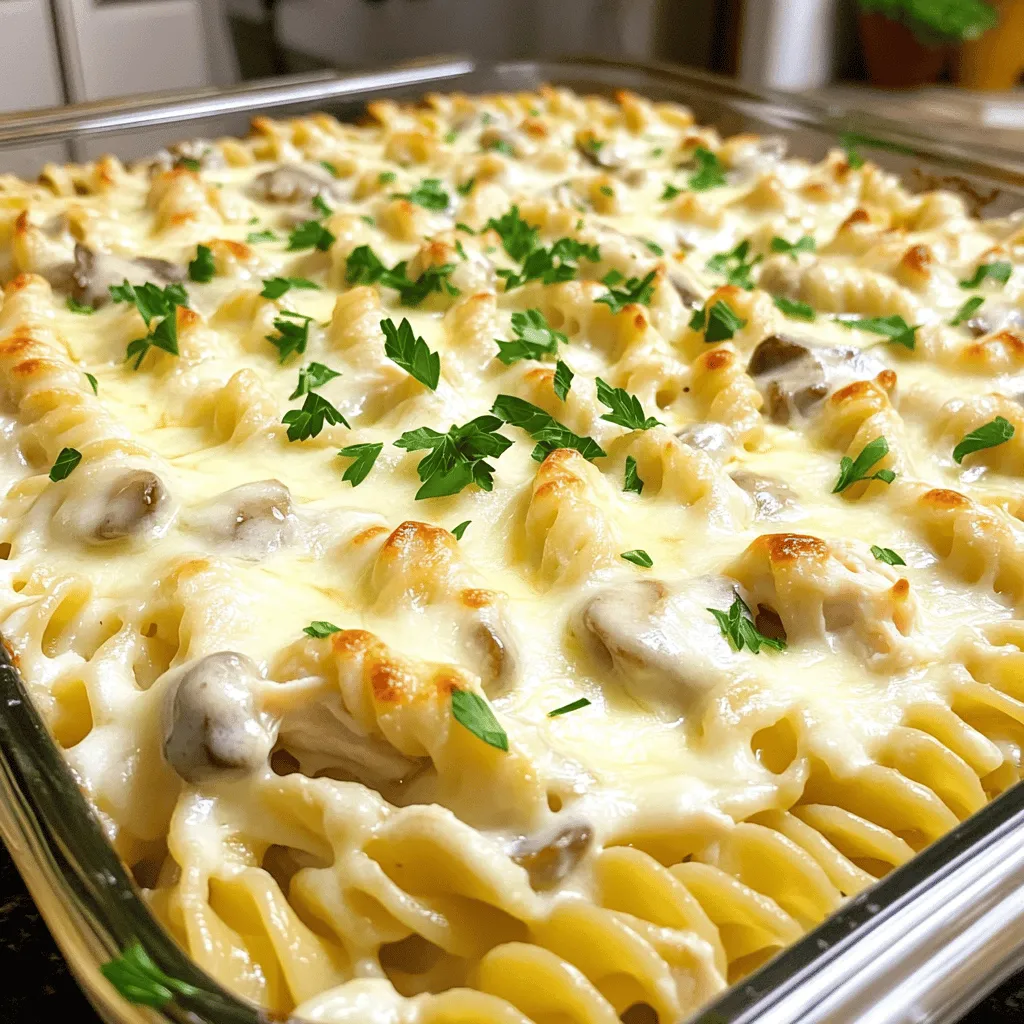 - 3 cups cooked rotini pasta - 2 cups cooked chicken, shredded - 1 cup mushrooms, sliced - 2 cups heavy cream - 1 cup grated Parmesan cheese - 1 cup shredded mozzarella cheese - 2 cloves garlic, minced - 1 tablespoon olive oil - 1 teaspoon dried Italian herbs (oregano, basil, thyme) - Salt and pepper to taste - Fresh parsley, chopped (for garnish) The ingredients for Chicken and Mushroom Alfredo Bake create a tasty dish. You can start with the rotini pasta. It holds sauce well and adds a nice bite. You’ll need cooked chicken for protein. Shredded chicken is easy to mix in. Mushrooms add earthiness. Sliced mushrooms cook down and soak up flavors. Heavy cream makes the dish creamy and rich. It helps bind everything together. The Parmesan cheese brings a sharp taste, while mozzarella adds stretchiness. Don’t forget the garlic. Minced garlic adds a strong, savory note. Olive oil helps sauté the garlic and mushrooms, giving a nice base flavor. Use dried Italian herbs for added aroma. Salt and pepper will enhance all the flavors. Fresh parsley adds color and freshness. It is a great garnish to finish the dish. This recipe is simple yet feels gourmet. You can find the full recipe to guide you through each step. First, preheat your oven to 375°F (190°C). This gets the oven ready for cooking. Next, grease a 9x13-inch baking dish. This will keep the dish from sticking. In a large skillet, heat 1 tablespoon of olive oil over medium heat. Add 2 cloves of minced garlic. Sauté for about 1 minute until it smells great. Then, add 1 cup of sliced mushrooms. Cook for about 5 minutes until they turn soft and release their juices. Season with salt and pepper to taste. In a large mixing bowl, combine 3 cups of cooked rotini pasta and 2 cups of shredded cooked chicken. Then, add the sautéed mushrooms and the heavy cream. Mix well until everything is coated. Add half of the 1 cup of grated Parmesan cheese and 1 teaspoon of dried Italian herbs. Stir to combine all the flavors. Transfer this mixture into the greased baking dish. Spread it out evenly. Now, top it with the remaining Parmesan and 1 cup of shredded mozzarella cheese. Cover the dish with aluminum foil and bake for 25 minutes. After that, take off the foil and bake for an extra 15 minutes. This makes the cheese bubbly and golden brown. Once done, let it cool for a few minutes. For the full recipe, check the details above. Enjoy your creamy delight! To make the perfect Chicken and Mushroom Alfredo Bake, you must pay attention to the pasta. The right texture is key. Cook the rotini until it is al dente. This means it should be firm but not hard. This helps the pasta hold up in the bake without getting mushy. When shredding chicken, use two forks. Pull the chicken apart gently. This method works well, especially if the chicken is warm. It saves time and gives you nice, even shreds for your dish. Adding spices or herbs can make your dish even better. Try a pinch of garlic powder or some crushed red pepper. These add depth and warmth. Fresh herbs like basil or parsley can brighten the flavors too. Just sprinkle them on top before serving. For extra toppings, consider mixing in some breadcrumbs with melted butter. This gives a crunchy layer on top. You could also add some sun-dried tomatoes or spinach for added color and taste. Feel free to get creative! For the complete guide on making this dish, check out the Full Recipe. {{image_2}} If you or someone you know has dietary needs, you can make easy swaps. For a gluten-free option, use gluten-free pasta. Many brands offer tasty alternatives that cook well. You can find these at most grocery stores. For those who avoid dairy, you can try dairy-free cream and cheese. Look for brands that make almond or coconut-based creams. Nutritional yeast can add a cheesy flavor without dairy. These swaps keep the dish creamy and delicious. You can also switch out proteins in this recipe. Shrimp is a great choice if you like seafood. Just sauté it quickly before mixing it in. Tofu is a nice plant-based protein option. Make sure to press it to remove extra water. Seasonal vegetables can add color and nutrients. In spring, add fresh asparagus or peas. In winter, use hearty veggies like broccoli or spinach. These swaps let you enjoy this dish in new ways each season. For the complete recipe, check out the Full Recipe. To keep your Chicken and Mushroom Alfredo Bake fresh, store it properly. First, let it cool completely. Then, place it in an airtight container. This helps prevent moisture loss and keeps flavors intact. Refrigeration is ideal for short-term storage. You can store it in the fridge for up to three days. If you want to keep it longer, consider freezing it. Wrap it tightly in plastic wrap and then foil. This way, it stays good for up to three months. When you reheat your dish, aim to keep it creamy. The best method is to use the oven. Preheat it to 350°F (175°C). Place the dish in the oven, covered with foil. Heat for about 20 minutes or until warm. You can also use the microwave. Place a serving on a microwave-safe plate. Heat in 30-second bursts, stirring in between. This helps it heat evenly. After reheating, serve it with fresh parsley on top. You can also add a sprinkle of extra cheese for a delightful touch. Enjoy your creamy delight! For the full recipe, check the earlier section. Can I use fresh mushrooms instead of canned? Yes, you can use fresh mushrooms! They add great flavor and texture. Just slice them and sauté until tender. Fresh mushrooms will enhance your dish's taste. How do I make this ahead of time? To make this dish ahead, prepare it as normal. Then, cover and refrigerate it before baking. When ready, just pop it in the oven. You might need to bake it a bit longer if it's cold. What can I serve with Chicken and Mushroom Alfredo Bake? This bake pairs well with a simple salad or garlic bread. You can also serve it with steamed veggies for a balanced meal. A light white wine can complement the rich flavors. How long to bake if I double the recipe? If you double the recipe, bake it for about 10 to 15 extra minutes. Make sure the center bubbles and the cheese is golden brown. It’s best to check with a toothpick for doneness. Can I prepare this in a slow cooker? Yes, you can! Combine all ingredients in a slow cooker. Cook on low for about 4 hours or until heated through. This method gives you a wonderful creamy texture. What's the best way to ensure the cheese is melted perfectly? To melt the cheese perfectly, cover the dish with foil for part of the baking time. This keeps moisture in. Remove the foil near the end to let the cheese brown and get bubbly. For the full recipe, check the details above. Enjoy your cooking adventure! This Chicken and Mushroom Alfredo Bake blends tasty ingredients with easy steps. You learned about the main ingredients, from rotini pasta to rich cheeses. You now know tips for perfecting the dish and customizing it to fit your needs. In the end, this meal is not just simple; it's also fun to make. Enjoy exploring variations and flavors. Whether you're cooking for one or a crowd, this dish is a winner every time.