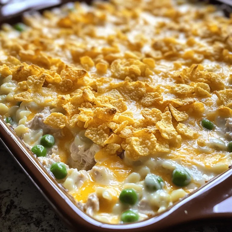 To make the classic tuna casserole, you will need the following: - 2 cans (5 oz each) tuna in water, drained - 1 cup egg noodles - 1 cup frozen peas - 1 cup cream of mushroom soup - 1/2 cup milk - 1/2 cup shredded cheddar cheese - 1/4 cup grated Parmesan cheese - 1/2 teaspoon garlic powder - 1/2 teaspoon onion powder - Salt and pepper to taste - 1/2 cup crushed potato chips (optional for topping) When measuring dry items like cheese or noodles, use a dry measuring cup. Fill the cup and level it off with a straight edge. For liquids, use a liquid measuring cup. Pour to the line for accuracy. This ensures your casserole turns out perfect every time. You can swap out some ingredients if needed. Use any canned fish if you don’t have tuna. Chicken or salmon works well too. Instead of egg noodles, you can use gluten-free pasta. If you can’t find cream of mushroom soup, any cream soup will do. Use almond milk or soy milk if you want dairy-free options. First, gather all your ingredients. You will need: - 2 cans (5 oz each) tuna in water, drained - 1 cup egg noodles - 1 cup frozen peas - 1 cup cream of mushroom soup - 1/2 cup milk - 1/2 cup shredded cheddar cheese - 1/4 cup grated Parmesan cheese - 1/2 teaspoon garlic powder - 1/2 teaspoon onion powder - Salt and pepper to taste - 1/2 cup crushed potato chips (optional for topping) Start by measuring your ingredients. This helps keep the process smooth. Next, cook the egg noodles. Boil water in a pot and add the noodles. Cook them until they are firm but tender, then drain and set aside. Now let's move to mixing the ingredients. In a large bowl, combine the drained tuna, frozen peas, cream of mushroom soup, and milk. Stir these well until they mix together. Add the cooked noodles to this bowl. Then sprinkle in the garlic powder, onion powder, salt, and pepper. Mixing gently helps keep the noodles intact. Next, fold in the shredded cheddar and grated Parmesan cheese. This adds a creamy texture and great flavor. Ensure the cheese is evenly spread throughout the mixture. Now it’s time to bake! Transfer the casserole mixture into a greased 9x9-inch baking dish. Spread it out evenly. If you like a crunchy top, sprinkle crushed potato chips over the mixture. Preheat your oven to 350°F (175°C). Bake the casserole for about 25-30 minutes. Watch for the top to get golden brown and the dish to bubble. Once done, take it out and let it cool for a few minutes. This simple process gives you a warm and tasty meal to enjoy. For the full recipe, check the earlier section. To get the right texture in your casserole, cooking the egg noodles is key. Cook them just until they are al dente. This means they should still have a slight bite. If you overcook them, they can become mushy when baked. Mixing in the cream of mushroom soup and milk also adds creaminess. Make sure to stir gently when combining the ingredients. This way, you keep the noodles intact. You can easily enhance the flavor of your tuna casserole. Adding garlic powder and onion powder gives it a nice savory touch. If you want more flavor, consider adding a splash of hot sauce or Worcestershire sauce. Fresh herbs like parsley or dill can also brighten the dish. You could even mix in some sautéed onions or bell peppers for extra depth. Experiment to find the perfect balance for your taste buds! Presentation makes a big difference. For a lovely touch, sprinkle crushed potato chips on top right before baking. This adds a nice crunch and a golden color. Once it's out of the oven, let it cool for a few minutes. Serve it in a nice dish to impress your family or guests. You can also garnish with fresh herbs for a pop of color. For a fun twist, serve individual portions in ramekins for a cozy feel. {{image_2}} To make a gluten-free tuna casserole, swap out the egg noodles. You can use gluten-free pasta, like brown rice or quinoa noodles. They cook similarly and taste great. Just check the package for cooking times. This change keeps the dish safe for those with gluten issues. You can add many fun ingredients to your casserole. Try diced bell peppers for color and flavor. Mushrooms also work well if you like a richer taste. Chopped olives add a salty kick, while fresh herbs like parsley brighten up the dish. Each option gives a new twist to the classic recipe. Cheese makes the casserole creamy and tasty. While cheddar is a classic choice, you can mix it up. Mozzarella offers a stretchy texture, while pepper jack adds a spicy kick. For a stronger flavor, use feta or gouda. Mixing two kinds of cheese can provide depth and richness to your dish. After enjoying your Classic Tuna Casserole, let it cool to room temperature. Place leftovers in an airtight container. Ensure you seal it well to keep the dish fresh. Store it in the fridge for up to 3-4 days. It’s a great way to enjoy a quick meal later! To reheat, you can use the oven or microwave. For the oven, preheat it to 350°F (175°C). Place the casserole in an oven-safe dish and cover it with foil. Bake for about 15-20 minutes, or until it’s hot. If using a microwave, place a single serving on a microwave-safe plate. Heat for 1-2 minutes, checking to avoid overcooking. You can freeze Classic Tuna Casserole if you want to keep it longer. Before freezing, cool the casserole completely. Transfer it to a freezer-safe container or wrap it tightly in plastic wrap. Label it with the date. It can last up to 2-3 months in the freezer. When ready to eat, thaw it in the fridge overnight before reheating. Enjoy your meal later with ease! Classic Tuna Casserole stays good in the fridge for about three to four days. Store it in an airtight container to keep it fresh. If you notice any off smell or mold, it is best to throw it away. Yes, you can make this dish ahead of time. Prepare the casserole and store it in the fridge before baking. Just cover it tightly with foil. When you are ready to cook it, bake it straight from the fridge. You may need to add a few extra minutes to the baking time. Tuna Casserole tastes great with simple sides. Here are some good choices: - A fresh green salad with a light dressing - Steamed broccoli or green beans - Garlic bread for a crunchy touch - Sliced tomatoes with a sprinkle of salt These sides balance the creamy casserole and add freshness. Enjoy your meal! You can find the Full Recipe to make your own Classic Tuna Casserole above. This post shared all you need for a great Classic Tuna Casserole. We covered the ingredients, measuring tips, and how to prep them. You learned cooking steps, baking methods, and serving ideas. I shared tips for great texture, flavor boosts, and fun presentation. You discovered variations for gluten-free diets and cheese options. Finally, we talked about storage, reheating, and answered common questions. Now, you can create a tasty dish that everyone will enjoy. Get cooking and have fun making this recipe your own!