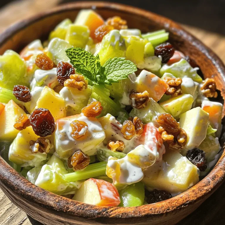 - 2 cups diced apples - 1 cup celery, chopped - 1 cup grapes, halved - 1 cup walnuts, toasted - 1/2 cup raisins - 1/2 cup plain Greek yogurt - 2 tablespoons mayonnaise - 1 tablespoon lemon juice - Salt and pepper to taste - Fresh mint leaves for garnish The main ingredients create a great mix of flavors and textures. I love using tart apples, like Granny Smith. Their crunch adds freshness to the salad. Celery adds a nice crunch, while grapes bring sweetness. Toasted walnuts give a rich, nutty flavor. Raisins add little bursts of sweetness throughout. - Yogurt alternatives (like sour cream or vegan yogurt) - Different nut options (like pecans or almonds) - Additional fruits (like oranges or pears) Feel free to switch things up! You can use sour cream or vegan yogurt if you prefer. Pecans and almonds also work great if you want different nuts. Adding fruits like oranges or pears can give the salad a unique twist. For the full recipe, check [Full Recipe]. Start by dicing the apples into small, even pieces. I like using Granny Smith for a nice tart flavor. Next, chop the celery into thin slices. This adds a great crunch to the salad. Then, halve the grapes. You can use red or green grapes, depending on your preference. This will add sweetness and color. Finally, toast the walnuts in a dry pan on medium heat. Stir them often until they smell nutty. This step brings out their flavor. In a small bowl, mix the Greek yogurt and mayonnaise. Add the lemon juice, salt, and pepper. Whisk until smooth and creamy. This dressing adds a tangy taste that pairs well with the fruit. In a large mixing bowl, combine the fruit and nut mixture with the dressing. Gently mix everything until the apples and grapes are evenly coated. This ensures every bite is flavorful. Next, chill the salad in the refrigerator for at least 30 minutes. This helps the flavors meld together. Just before serving, toss the salad lightly and garnish with fresh mint leaves. Enjoy your Classic Waldorf Salad! For the full recipe, check out the details above. Choosing the right apple is key. I love using Granny Smith apples. They give the salad a tart flavor that contrasts well with the sweet grapes. Other options include Honeycrisp or Fuji for a sweeter taste. Always pick crisp apples for the best crunch. Toasting walnuts can boost their flavor. Start by placing them in a dry pan over medium heat. Stir them often for about 5-7 minutes. Watch for a golden color and a nutty smell. This step adds depth to your salad. You can add simple spices or herbs to elevate the taste. A pinch of cinnamon or nutmeg can add warmth. Fresh herbs like parsley or dill can brighten your dish. Experiment with a bit of fresh lemon zest for a zesty kick. For sweetness, consider using honey or maple syrup. A teaspoon of honey can balance the tartness of the apples. Maple syrup offers a unique flavor and a touch of earthiness. Adjust the sweetness to your taste, but don't overdo it. You want a nice balance. For the full recipe, check out the Classic Waldorf Salad recipe. {{image_2}} You can make the Waldorf salad your own. Adding protein is a great option. Cooked chicken or shrimp works well. This change adds heartiness and makes it more filling. You can also make a vegan version. Use chickpeas or tofu instead of yogurt and mayo. This keeps the salad creamy and tasty without dairy. Switching up the fruits can change the whole flavor. In fall, use crisp pears or sweet figs. In summer, try fresh berries for a juicy twist. You can also change the dressing. A light vinaigrette can give it a new taste. Or, try adding a hint of honey for extra sweetness. These variations keep your Waldorf salad fresh and exciting. For the classic recipe, check out the Full Recipe. To keep your Waldorf salad fresh, store it in the fridge. Use an airtight container. This helps to keep the salad cool and crisp. Avoid using metal containers, as they can react with the ingredients. Glass or plastic works best. You can keep the salad in the fridge for up to three days. After that, the fruits may lose their crunch. It is not a good idea to freeze Waldorf salad. The texture of the apples and grapes changes when frozen. Enjoy it fresh for the best taste! For the full recipe, check out the earlier section. Waldorf Salad started in the late 1800s. A chef at the Waldorf Astoria Hotel in New York created it. It was first served at a charity ball in 1896. The salad features apples, celery, and walnuts. Over time, it has become a classic dish. It mixes sweet and crunchy flavors, making it popular. Yes, you can prepare Waldorf Salad ahead. This dish tastes even better after sitting in the fridge. To do this, chop the fruits and mix them with the dressing. Store it in an airtight container for up to 24 hours. Just remember to add the nuts just before serving. This keeps them crunchy and fresh. Waldorf Salad pairs well with many dishes. It makes a great side for roasted chicken or turkey. You can also serve it alongside sandwiches for lunch. The salad’s fresh taste balances rich flavors nicely. Try it with grilled fish for a light dinner option. To make Waldorf Salad healthier, you can swap some ingredients. Use low-fat yogurt instead of regular mayo. You can also add more fruits, like berries or oranges. For a nut-free version, try sunflower seeds. These changes help cut calories while keeping the flavor. You can find the full recipe for Classic Waldorf Salad right here. It includes all the details you need to create this tasty dish. Enjoy making it at home! Waldorf salad is a tasty mix of fruits, nuts, and creamy dressing. You now know the key ingredients, how to prepare them, and some handy tips for extra flavor. Think about adding your favorite fruits or proteins to make it unique. Remember, it’s easy to store and great for meal prep. Enjoy sharing this delicious dish with family and friends or serving it at your next gathering. Your tasty, fresh Waldorf salad will impress!