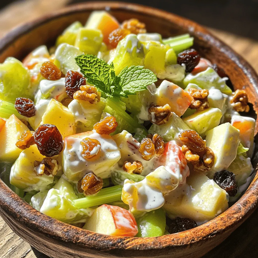 - 2 cups diced apples - 1 cup celery, chopped - 1 cup grapes, halved - 1 cup walnuts, toasted - 1/2 cup raisins - 1/2 cup plain Greek yogurt - 2 tablespoons mayonnaise - 1 tablespoon lemon juice - Salt and pepper to taste - Fresh mint leaves for garnish The main ingredients create a great mix of flavors and textures. I love using tart apples, like Granny Smith. Their crunch adds freshness to the salad. Celery adds a nice crunch, while grapes bring sweetness. Toasted walnuts give a rich, nutty flavor. Raisins add little bursts of sweetness throughout. - Yogurt alternatives (like sour cream or vegan yogurt) - Different nut options (like pecans or almonds) - Additional fruits (like oranges or pears) Feel free to switch things up! You can use sour cream or vegan yogurt if you prefer. Pecans and almonds also work great if you want different nuts. Adding fruits like oranges or pears can give the salad a unique twist. For the full recipe, check [Full Recipe]. Start by dicing the apples into small, even pieces. I like using Granny Smith for a nice tart flavor. Next, chop the celery into thin slices. This adds a great crunch to the salad. Then, halve the grapes. You can use red or green grapes, depending on your preference. This will add sweetness and color. Finally, toast the walnuts in a dry pan on medium heat. Stir them often until they smell nutty. This step brings out their flavor. In a small bowl, mix the Greek yogurt and mayonnaise. Add the lemon juice, salt, and pepper. Whisk until smooth and creamy. This dressing adds a tangy taste that pairs well with the fruit. In a large mixing bowl, combine the fruit and nut mixture with the dressing. Gently mix everything until the apples and grapes are evenly coated. This ensures every bite is flavorful. Next, chill the salad in the refrigerator for at least 30 minutes. This helps the flavors meld together. Just before serving, toss the salad lightly and garnish with fresh mint leaves. Enjoy your Classic Waldorf Salad! For the full recipe, check out the details above. Choosing the right apple is key. I love using Granny Smith apples. They give the salad a tart flavor that contrasts well with the sweet grapes. Other options include Honeycrisp or Fuji for a sweeter taste. Always pick crisp apples for the best crunch. Toasting walnuts can boost their flavor. Start by placing them in a dry pan over medium heat. Stir them often for about 5-7 minutes. Watch for a golden color and a nutty smell. This step adds depth to your salad. You can add simple spices or herbs to elevate the taste. A pinch of cinnamon or nutmeg can add warmth. Fresh herbs like parsley or dill can brighten your dish. Experiment with a bit of fresh lemon zest for a zesty kick. For sweetness, consider using honey or maple syrup. A teaspoon of honey can balance the tartness of the apples. Maple syrup offers a unique flavor and a touch of earthiness. Adjust the sweetness to your taste, but don't overdo it. You want a nice balance. For the full recipe, check out the Classic Waldorf Salad recipe. {{image_2}} You can make the Waldorf salad your own. Adding protein is a great option. Cooked chicken or shrimp works well. This change adds heartiness and makes it more filling. You can also make a vegan version. Use chickpeas or tofu instead of yogurt and mayo. This keeps the salad creamy and tasty without dairy. Switching up the fruits can change the whole flavor. In fall, use crisp pears or sweet figs. In summer, try fresh berries for a juicy twist. You can also change the dressing. A light vinaigrette can give it a new taste. Or, try adding a hint of honey for extra sweetness. These variations keep your Waldorf salad fresh and exciting. For the classic recipe, check out the Full Recipe. To keep your Waldorf salad fresh, store it in the fridge. Use an airtight container. This helps to keep the salad cool and crisp. Avoid using metal containers, as they can react with the ingredients. Glass or plastic works best. You can keep the salad in the fridge for up to three days. After that, the fruits may lose their crunch. It is not a good idea to freeze Waldorf salad. The texture of the apples and grapes changes when frozen. Enjoy it fresh for the best taste! For the full recipe, check out the earlier section. Waldorf Salad started in the late 1800s. A chef at the Waldorf Astoria Hotel in New York created it. It was first served at a charity ball in 1896. The salad features apples, celery, and walnuts. Over time, it has become a classic dish. It mixes sweet and crunchy flavors, making it popular. Yes, you can prepare Waldorf Salad ahead. This dish tastes even better after sitting in the fridge. To do this, chop the fruits and mix them with the dressing. Store it in an airtight container for up to 24 hours. Just remember to add the nuts just before serving. This keeps them crunchy and fresh. Waldorf Salad pairs well with many dishes. It makes a great side for roasted chicken or turkey. You can also serve it alongside sandwiches for lunch. The salad’s fresh taste balances rich flavors nicely. Try it with grilled fish for a light dinner option. To make Waldorf Salad healthier, you can swap some ingredients. Use low-fat yogurt instead of regular mayo. You can also add more fruits, like berries or oranges. For a nut-free version, try sunflower seeds. These changes help cut calories while keeping the flavor. You can find the full recipe for Classic Waldorf Salad right here. It includes all the details you need to create this tasty dish. Enjoy making it at home! Waldorf salad is a tasty mix of fruits, nuts, and creamy dressing. You now know the key ingredients, how to prepare them, and some handy tips for extra flavor. Think about adding your favorite fruits or proteins to make it unique. Remember, it’s easy to store and great for meal prep. Enjoy sharing this delicious dish with family and friends or serving it at your next gathering. Your tasty, fresh Waldorf salad will impress!